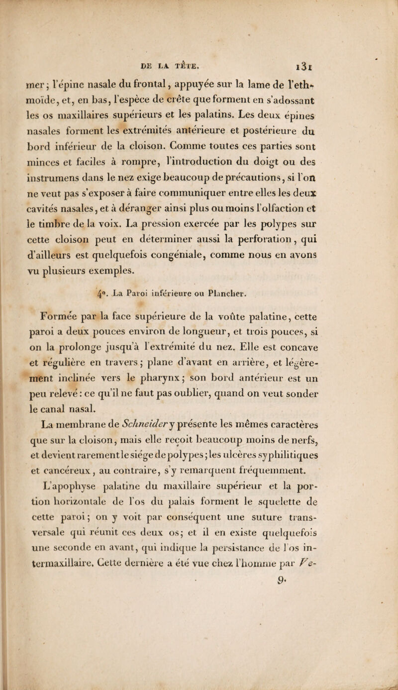 mer ; l’épine nasale du frontal, appuyée sur la lame de l’eth** moïde, et, en bas, l’espèce de crête que forment en s’adossant les os maxillaires supérieurs et les palatins. Les deux épines nasales forment les extrémités antérieure et postérieure du bord inférieur de la cloison. Comme toutes ces parties sont minces et faciles à rompre, l’introduction du doigt ou des instrumens dans le nez exige beaucoup de précautions, si Von ne veut pas s’exposer à faire communiquer entre elles les deux cavités nasales, et à déranger ainsi plus ou moins l’olfaction et le timbre de la voix. La pression exercée par les polypes sur cette cloison peut en déterminer aussi la perforation, qui d’ailleurs est quelquefois congémale, comme nous en avons vu plusieurs exemples. 4°. La Paroi inférieure ou Plancher. Formée par la face supérieure de la voûte palatine, cette paroi a deux pouces environ de longueur, et trois pouces, si on la prolonge jusqu’à 1 extrémité du nez. Elle est concave et régulière en travers ; plane d’avant en arrière, et légère¬ ment inclinée vers le pharynx; son bord antérieur est un peu relevé : ce qu’il ne faut pas oublier, quand on veut sonder le canal nasal. La membrane de Schneider y présente les mêmes caractères que sur la cloison, mais elle reçoit beaucoup moins de nerfs, et devient rarement le siège de polypes; les ulcères syphilitiques et cancéreux, au contraire, s’y remarquent fréquemment. L’apophyse palatine du maxillaire supérieur et la por¬ tion horizontale de Vos du palais forment le squelette de cette paroi ; on y voit par conséquent une suture trans¬ versale qui réunit ces deux os; et il en existe quelquefois une seconde en avant, qui indique la persistance de Vos in¬ termaxillaire. Cette dernière a été vue chez l’homme par Ve~ 0-