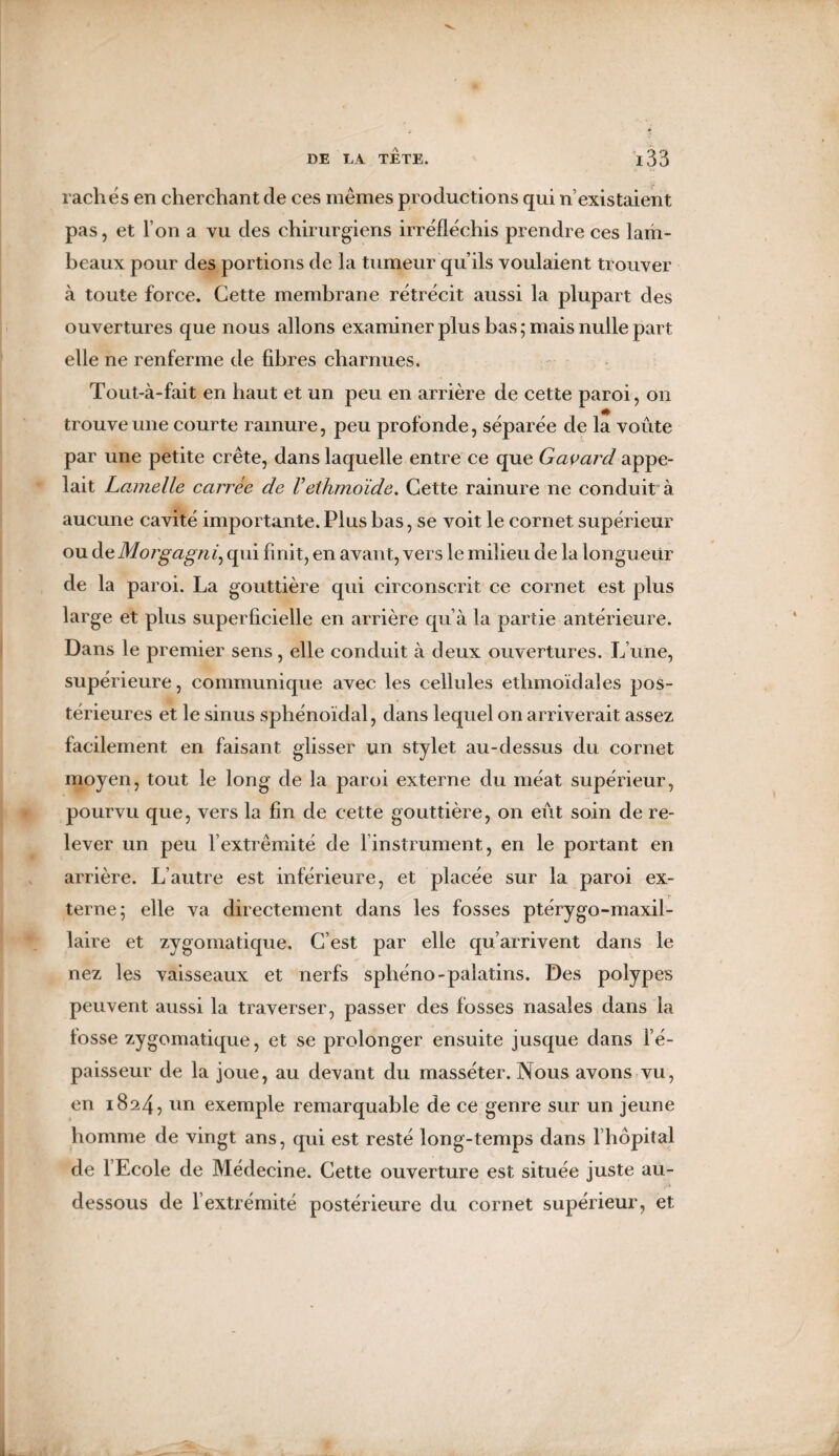 rachés en cherchant de ces mêmes productions qui n’existaient pas, et l’on a vu des chirurgiens irréfléchis prendre ces lam¬ beaux pour des portions de la tumeur qu’ils voulaient trouver à toute force. Cette membrane rétrécit aussi la plupart des ouvertures que nous allons examiner plus bas ; mais nulle part elle ne renferme de fibres charnues. Tout-à-fait en haut et un peu en arrière de cette paroi, on trouve une courte rainure, peu profonde, séparée de la voûte par une petite crête, dans laquelle entre ce que Gavard appe¬ lait Lamelle carrée de Vethmoïde. Cette rainure ne conduit à aucune cavité importante. Plus bas, se voit le cornet supérieur ou de Morgagni, qui finit, en avant, vers le milieu de la longueur de la paroi. La gouttière qui circonscrit ce cornet est plus large et plus superficielle en arrière qu’à la partie antérieure. Dans le premier sens, elle conduit à deux ouvertures. L’une, supérieure, communique avec les cellules ethmoïdales pos¬ térieures et le sinus sphénoïdal, dans lequel on arriverait assez facilement en faisant glisser un stylet au-dessus du cornet moyen, tout le long de la paroi externe du méat supérieur, pourvu que, vers la fin de cette gouttière, on eût soin de re¬ lever un peu l’extrémité de l’instrument, en le portant en arrière. L’autre est inférieure, et placée sur la paroi ex¬ terne; elle va directement dans les fosses ptérygo-maxil- laire et zygomatique. C’est par elle qu’arrivent dans le nez les vaisseaux et nerfs sphéno-palatins. Des polypes peuvent aussi la traverser, passer des fosses nasales dans la losse zygomatique, et se prolonger ensuite jusque dans l’é¬ paisseur de la joue, au devant du masséter. Nous avons vu, en 1824, un exemple remarquable de ce genre sur un jeune homme de vingt ans, qui est resté long-temps dans l’hôpital de 1 Ecole de Médecine. Cette ouverture est située juste au- dessous de l’extrémité postérieure du cornet supérieur, et