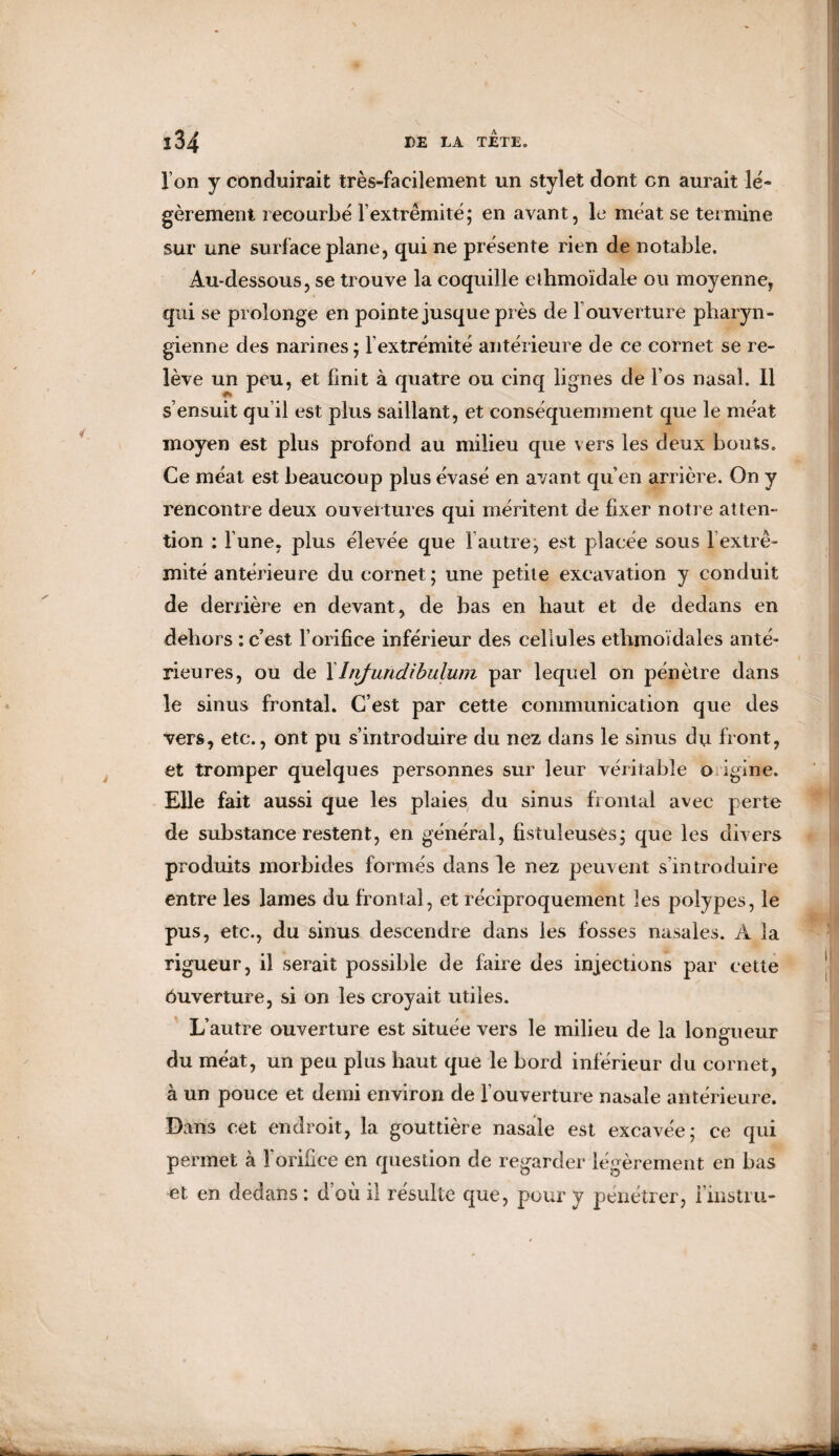 I on y conduirait très-facilement un stylet dont en aurait lé¬ gèrement recourbé l'extrémité; en avant, le méat se termine sur une surface plane, qui ne présente rien de notable. Au-dessous, se trouve la coquille eihmoïdale ou moyenne, qui se prolonge en pointe jusque près de Y ouverture pharyn¬ gienne des narines ; l’extrémité antérieure de ce cornet se re¬ lève un peu, et finit à quatre ou cinq lignes de l’os nasal. Il s ensuit qu il est plus saillant, et conséquemment que le méat moyen est plus profond au milieu que vers les deux bouts. Ce méat est beaucoup plus évasé en avant qu’en arrière. On y rencontre deux ouvertures qui méritent de fixer notre atten¬ tion : l’une, plus élevée que l’autre; est placée sous f extré¬ mité antérieure du cornet ; une petite excavation y conduit de derrière en devant, de bas en haut et de dedans en dehors : c’est l’orifice inférieur des cellules ethmoïdales anté¬ rieures, ou de Y Infundibulum par lequel on pénètre dans le sinus frontal. C’est par cette communication que des vers, etc., ont pu s’introduire du nez dans le sinus du front, et tromper quelques personnes sur leur véritable o igine. Elle fait aussi que les plaies du sinus frontal avec perte de substance restent, en général, fistuleuses; que les divers produits morbides formés dans le nez peuvent s’introduire entre les lames du frontal, et réciproquement les polypes, le pus, etc., du sinus descendre dans les fosses nasales. A la rigueur, il serait possible de faire des injections par cette ôuverture, si on les croyait utiles. L’autre ouverture est située vers le milieu de la longueur du méat, un peu plus haut que le bord inférieur du cornet, à un pouce et demi environ de l’ouverture nasale antérieure. Dans cet endroit, la gouttière nasale est excavée; ce qui permet à l'orifice en question de regarder légèrement en bas et en dedans : d’où il résulte que, pour y pénétrer, i’instm-