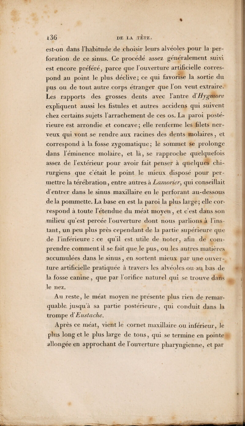 est-on dans l’habitude de choisir leurs alvéoles pour la per¬ foration de ce sinus. Ce procédé assez généralement suivi est encore préféré, parce cpie l’ouverture artificielle corres¬ pond au point le plus déclive; ce qui favorise la sortie du pus ou de tout autre corps étranger que l’on veut extraire. Les rapports des grosses dents avec l’antre d'Hygmore expliquent aussi les fistules et autres accidens qui suivent chez certains sujets l’arrachement de ces os. La paroi posté¬ rieure est arrondie et concave ; elle renferme les filets ner¬ veux qui vont se rendre aux racines des dents molaires, et correspond à la fosse zygomatique ; le sommet se prolonge dans l’éminence molaire, et là, se rapproche quelquefois assez de l’extérieur pour avoir fait penser à quelques chi¬ rurgiens que c’était le point le mieux disposé pour per¬ mettre la térébration, entre autres à Lamorier, qui conseillait d’entrer dans le sinus maxillaire en le perforant au-dessous de la pommette. La base en est la paroi la plus large ; elle cor¬ respond à toute l’étendue du méat moyen, et c’est dans son milieu qu’est percée l’ouverture dont nous parlions à l ins tant, un peu plus près cependant de la partie supérieure que de l’inférieure : ce qu’il est utile de noter, afin de com¬ prendre comment il se fait que le pus, ou les autres matières accumulées dans le sinus, en sortent mieux par une ouver¬ ture artificielle pratiquée à travers les alvéoles ou au bas de la fosse canine, que par l’orifice naturel qui se trouve dans le nez. Au reste, le méat moyen ne présente plus rien de remar¬ quable jusqu’à sa partie postérieure, qui conduit dans la trompe (YEustache. Après ce méat, vient le cornet maxillaire ou inférieur, le plus long et le plus large de tous, qui se termine en pointe allongée en approchant de l’ouverture pharyngienne, et par