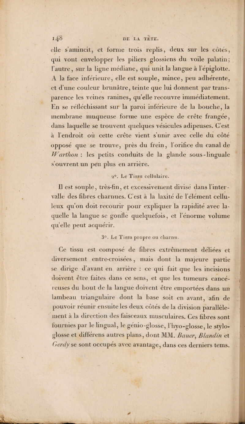 elle s’amincit, et forme trois replis, deux sur les côtes, qui vont envelopper les piliers glossiens du voile palatin; l’autre, sur la ligne médiane, qui unit la langue à l’épiglotte. À la face inférieure, elle est souple, mince, peu adhérente, et d’une couleur brunâtre, teinte que lui donnent par trans¬ parence les veines ranines, quelle recouvre immédiatement. En se réfléchissant sur la paroi inférieure de la bouche, la membrane muqueuse forme une espèce de crête frangée, dans laquelle se trouvent quelques vésicules adipeuses. C’est à T endroit où cette crête vient s’unir avec celle du côté opposé que se trouve, près du frein, l’orifice du canal de Warthon : les petits conduits de la glande sous-linguale s’ouvrent un pe!u plus en arrière. a°. Le Tissu cellulaire. Il est souple, très-fin, et excessivement divisé dans Tinter - vallc des fibres charnues. C’est à la laxité de l’élément cellu¬ leux qu’on doit recourir pour expliquer la rapidité avec la¬ quelle la langue se gonfle quelquefois, et l’énorme volume qu elle peut acquérir. 3°. Le Tissu propre ou charnu. Ce tissu est composé de fibres extrêmement déliées et diversement entre-croisées, mais dont la majeure partie se dirige d’avant en arrière : ce qui fait que les incisions doivent être faites dans ce sens, et que les tumeurs cancé¬ reuses du bout de la langue doivent être emportées dans un lambeau triangulaire dont la base soit en avant, afin de pouvoir réunir ensuite les deux côtés delà division parallèle¬ ment à la direction des faisceaux musculaires. Ces fibres sont fournies par le lingual, le génio-glosse, l’hyo-glosse, le stylo- glosse et différens autres plans, dont MM. Bauer, Blandin et Gerdy se sont occupés avec avantage, dans ces derniers teins.