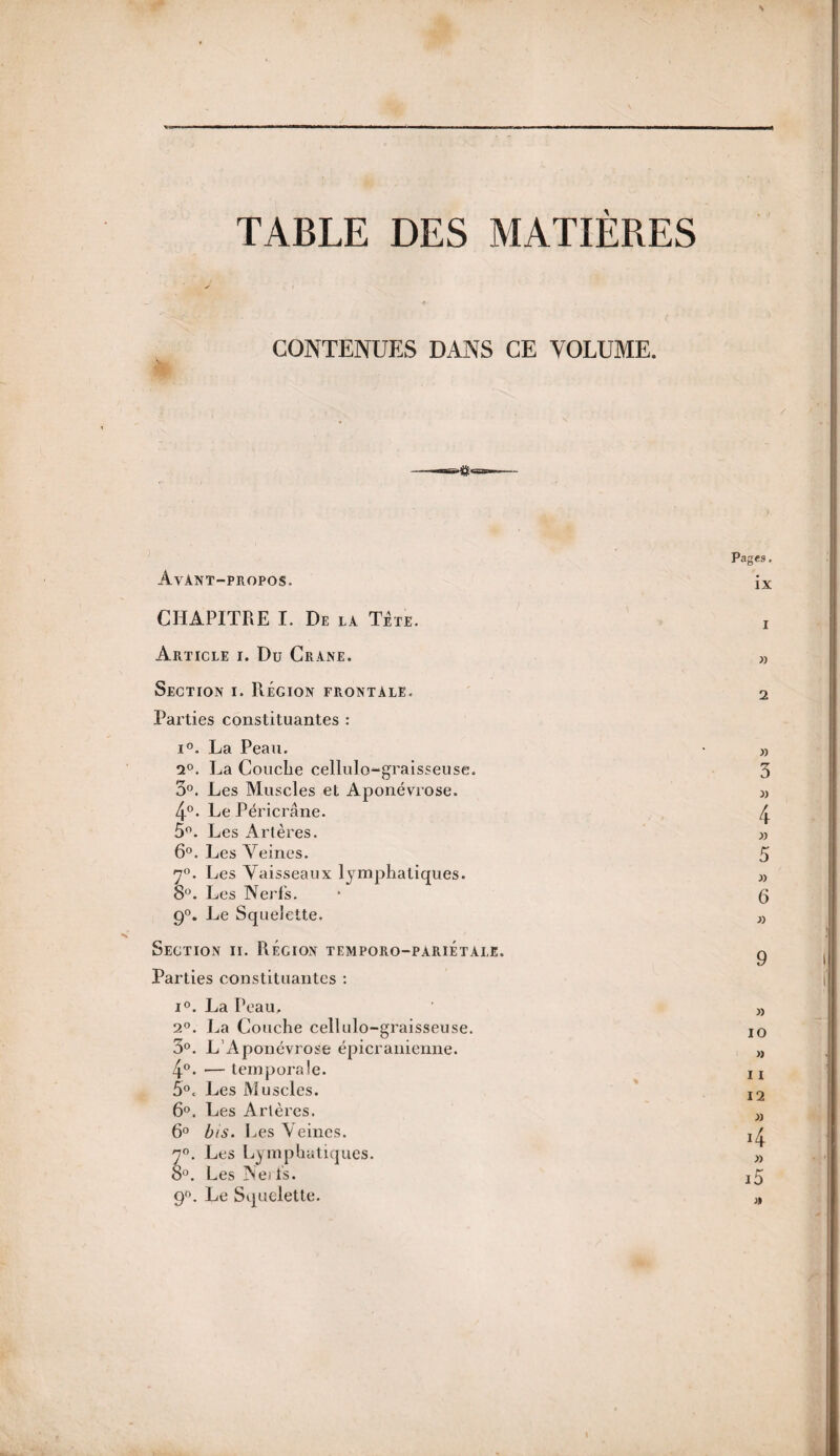 TABLE DES MATIÈRES CONTENUES DANS CE VOLUME. / Pages. Avant-propos. ix CHAPITRE I. De la Tête. ! Article i. Du Crâne. » Section i. Région frontale. 2 Parties constituantes : i°. La Peau. • » i°. La Couche cellulo-graisseuse. 3 3°. Les Muscles et Aponévrose. » 4°. Le Péricrâne. 4 5°. Les Artères. » 6°. Les Veines. 5 70. Les Vaisseaux lymphatiques. » 8°. Les Nerfs. * (3 9°. Le Squelette. » Section ii. Région temporo-pariétai.e. g Parties constituantes : i°. La Peau, „ 2°. La Couche cellulo-graisseuse. I0 3°. L’Aponévrose épicranienne. >, 4°. •—temporale. n 5°< Les Muscles. I2 6°. Les Artères. » 6° bis. Les Veines. 7°. Les Lymphatiques. „ 8°. Les Ne<ls. j5 90. Le Squelette. »