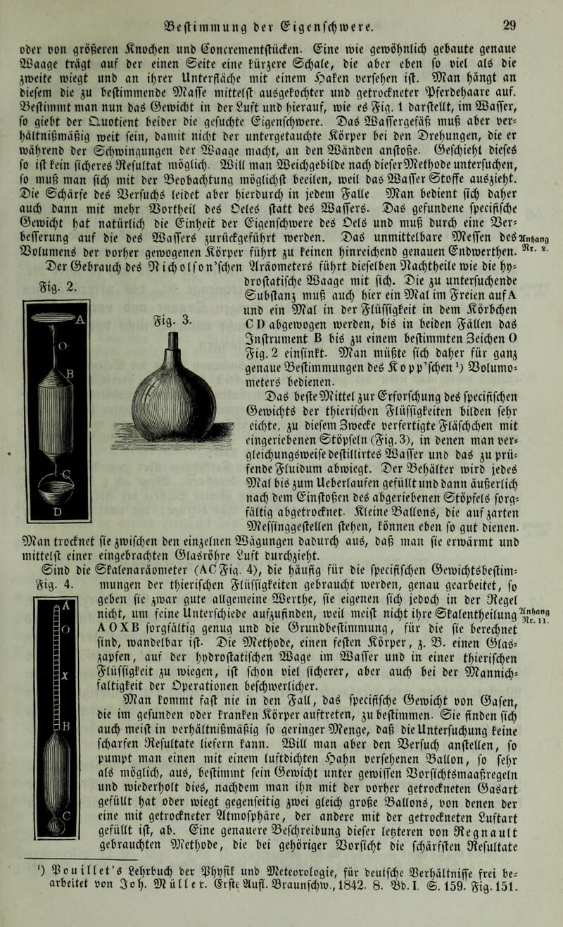 ober bon gröfseven .^no^en unb (Joncrementftücfen- @inc roie gmöt)n(ic6 gebaute genaue 9i>aage trägt auf ber einen 0eite eine türjere Senate, bie aber eben fi) biet a(ö bie ^meite wiegt unb an i^rer Unteifäcbe mit einem Spaten berfe^en ift. ?OTan ^ängt an biefem bie ^u beftimmenbe 9?iafTe mittetft auögefo^tcr unb getroetneter 5J)fcrbet)aare auf. 33e(timmt man nun basi ©eroiebt in ber 2uft unb hierauf, wie e6 ^ig. 1 barfleUt, im SBaffer, fo giebt ber Quotient beiber bie gefuchtc S’igenfchmere. ®aö 2ßa1Tergefäf! mu^ aber ber« hättniHmäüig weit fein, bamit nicht ber untergetauchte .törper bei ben Drehungen, bie er luährenb ber ©chmingungen ber übaage maci)t, an ben aßänben anftone. ©efdjief)! biefeö fo i(t fein fidjereö Slefuttat möglich. 2ßitl man 2öeic()gebi(be nach biefer9}iethobe unterfuthen, fo muß man fid) mit ber ^Beobachtung mög(id)(f beeilen, weil baö SßaiTer ©toffe auö^ieht. ®ie ©chärfe beö SJerfuchö leibet aber hi^vburch in jebem J'atle ?Wan bebient fich baher au^ bann mit mehr iCortheil beö Celeö (tatt beö SSafferö. ®aö gefunbene fpecißfd)e ©emicht hat natürlich bie ©inheit ber @igenfd)ibere beö Oetö unb muß burd) eine 23er« befferung auf bie beö 2ßaiTerö juriiefgeführt werben. Saö unmittelbare 2)tefren beÖMn^ong 23olumenö ber oorßer gewogenen Äörper führt ju feinen hinreichenb genauen ©nbwerthen. *• Ser ©ebrauch beö 2t i(holfon’fd)en Qfräometerö führt biefelben 2ta(htheile wie bie hh'- Sig. 2. gig. 3. broftatifche 2ßaage mit ftd). Sie ju unterfu^enbe ©ubdanj muß auch hiev ein 2)fal im freien auf A unb ein 2)iat in ber g-lüffigfeit in bem .torbchen C D abgewogen werben, biö in beiben Süllen basS 3n(lrument ß biö ju einem be(timmten Seiten 0 Sig. 2 einfinft. 2)fan müßte fich baher für gang genaue IBeftimmungen beö .Kopp’fcheiv 2 23olumo« meterö bebienen. Saö befiehltittel gur©rforf^ung beö fpeeißfehen ©ewid)tö ber thierifchen Slüffigfeiten bilben fehr eid)te, gu biefem 3wecfe oerfertigte Slüfchchen mit eingeriebenen ©töpfeln (Sig. 3), in benen man oer« gleichungöweifebeftillirteö 2ßaiTer unb baö guprü« fenbeSluibum abwiegt. Ser 93ehälter wirb jebeö 23cal biö gum Ueberlaufen gefüllt unb bann äußerlich nach bem ©inftoßen beö abgeriebenen ©töpfelö forg« fällig abgetroefnet- .flleine Sallonö, bie auf garten 9)teffinggeiletlen fteßen, fönnen eben fo gut bienen. 9)ian troefnet fiegwifchen ben eingelnen 2Sägungen baburd) auö, baß man fie erwärmt unb mittelft einer eingebrachten ©laöröhre Suft burchgieht. ©inb bie ©falenaräometer (ACSig. 4), bie häußg für bie fpeeißfehen ©ewichtöbeßim« gig. 4. mungen bc-r thierifchen Slüffigfeiten gebraust werben, genau gearbeitet, fo geben fie gwar gute allgemeine SBerthe, fie eigenen fich ivbod) in ber Otegel nicht, um feine Ünterfchiebe aufgußnben, weil meift nicht ihre ©falentheilung^/’® AOXB forgfältig genug unb bie ©runbbeßimmung, für bie fie berechnet ' finb, wanbelbar iß. Sie 9)iethDbe, einen feßen Körper, g. 18. einen ©laö« gapfen, auf ber hhbvoßatifchen 2Bage im 2Baßer unb in einer thierifchen Slüffigfeit gu wiegen, iß fd)on oiet ficherer, aber auch bei ber ?2tannich« faltigfeit ber Operationen befchwerlid)er. 9}tan fommt faß nie in ben Sali, baö fpeeißfehe ©ewicht oon ©afen, bie im gefunben ober franfen Körper auftreten, gu beßimmen- ©ie ßnben fich auch meißin oerhältnißmäßig fo geringer 2)?cnge, baß bie Unterfuchung feine fcharfen Dtefultate liefern fann. 2ßiU man aber ben 23erfuch anßellen, fo pumpt man einen mit einem luftbichten ipahn oerfehenen Sallon, fo fehr alö möglich, auö, beßimmt fein ©ewicht unter gewißen 23orfichtömaaßregeln unb wieberhott bieö, nabhbem man ihn mit ber oorher getroefneten ©aöart gefüllt hot ober wiegt gegenfeitig gwei gleich große 93aUonö, oon benen ber eine mit getroefneter Qftmofphäre, ber anbere mit ber getroefneten 8uftart gefüllt iß, ab. ©ine genauere Sefeßreibung biefer letjteren oon fßegnault gebrauchten g^cethobe, bie bei gehöriger 23orficht bie f^ärfßen Dtefultate ') Ißouittet’ö gehrbuch ber $hhfd unb ÜUeteorolcgie, für bcutfdie 33erhättniße frei be« arbeitet oon 3oh. 9Jtütler. @rfte Stuß. Sraunfehw., 1842. 8. löb.l. @.159. gig.151.