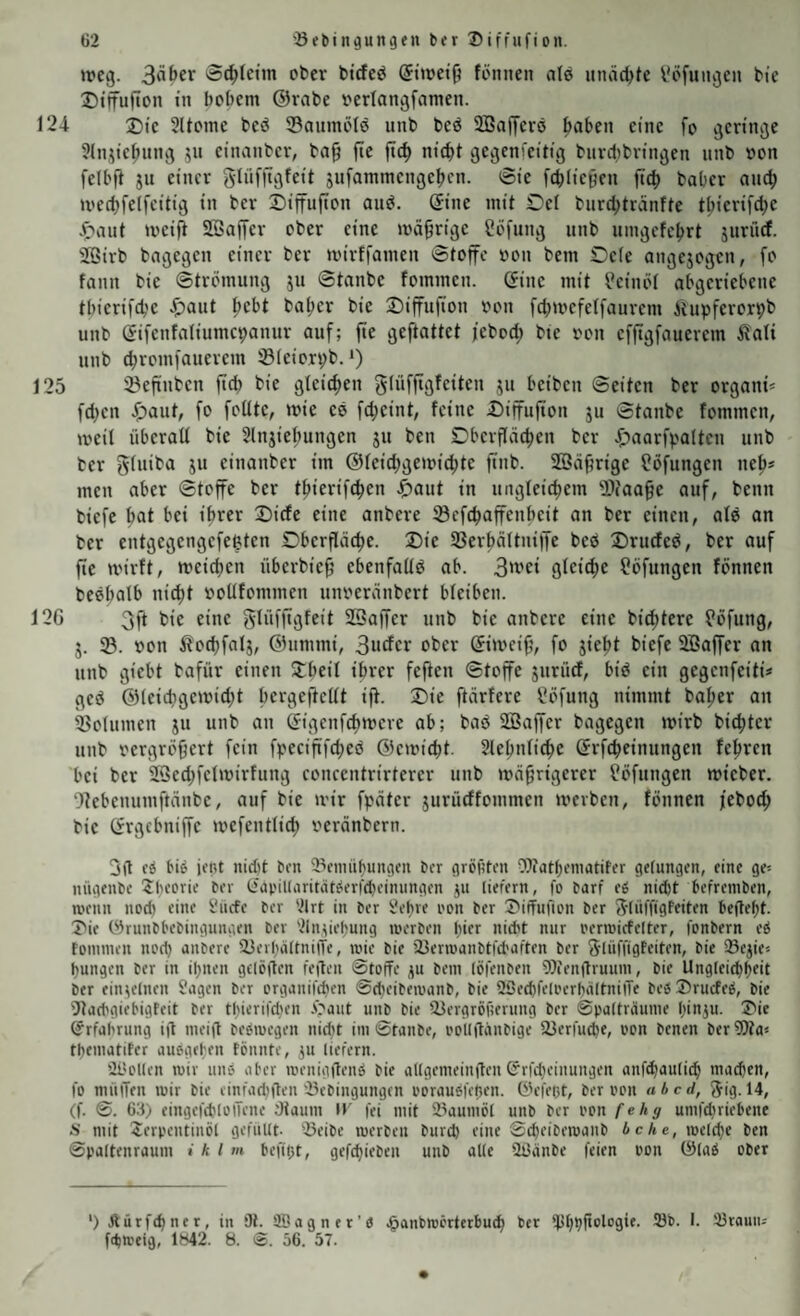 weg. @d;Ietm ober btcfeö ®twet9 fönnen ale «nächte l'öfuugen bie Dtffufton in bcbem ©rate «»erlangfamen. 124 X)ie 2li(Mne bcö SBaumölö unb beö SBaffcrö ^aben eine fo geringe 3lnjie^nng jn einanbev, ba^ fie ftc^ nic^t gegenseitig bnvd)bringen nnb »on felbft jn einer gliifftgfeit jufammengeben. 0ie fcbliejjen fteb baber ancb wecbfelfcitig in ber 2)iffuftcn and. ©ine mit Del burcbtrdnfte tbicrifd^e .^-^aut weift SBajfer ober eine wäßrige Oöfung nnb uingcfebrt jurücf. Söirb bngegen einer ber wirffamen Stoffe »on bem Dele angejogen, fo fann bie Strömung ju Staube fommen. ©ine mit i?einöl abgeriebene tbierifd'c ^)aut b^bt baber bie Diffufion »on fcbwefelfaurem iiupferorbb unb ©ifenfaliumepanur auf; fte geftattet febod; bte »on efftgfauerem Äali nnb (bromfauerem iöleiorpb. *) 125 23eftnben ftcb bie gleichen glüfftgfeiten ju beiben Seiten ber organi« fd>en ^)aut, fo foüte, wie ed fd;eint, feine Diffufton ju Staube fommen, weil überall bie Slnjiebungen ju ben Dbeifacben ber j^aarfpalten unb ber gluiba ju einanber im @leid)gewid;te ftub. SBäftrige ?öfungen neb* men aber Stoffe ber tbierifeben ^)aut in ungleicbem Itiaage auf, beim biefe b^t 1^^* ®*sfe eine anbere ^efebaffenbeit an ber einen, ald an ber entgegengefeeten Dberfläcbe. Die S3erbältniffe bed Druded, ber auf fte wirft, weichen überbief’ ebenfalld ab. 3't'ei gleiche Söfungen fönnen bedhalb nicht »otlfommen un»eränbert bleiben. 12G 3ft bie eine glüfftgfeit SSaffer unb bie anbere eine bichtere ?öfung, j. 33. »on i?ochfalj, ©himmi, 3iidcr ober ©iweif', fo jieht biefe 2Baffer an unb giebt bafür einen Dbeil ihrer feften Stoffe jnrücf, bid ein gegenfeitü ged ©3leichgewid;t bergeftellt ift. Die ftärfere Höfling nimmt baber an ißolumen ju unb an ©igenfehwere ab; bad Söaffer bagegen wirb bichtcr nnb »ergrö^ert fein fpeciftfd;ed ©ewicht. Slebnli^ie ©rfcheinungen febren bei ber SSedjfelwirfung concentrirterer unb wäßrigerer Höflingen wieber. ‘tfebenumftänbe, auf bie wir fpäter jurüdfommen werben, fönnen jeboch bie ©rgebniffe wefentlich »eränbern. 3g cö bie fftet iiidit ten S^ftniibungen ber gröütfit 'Watbematiter gelungen, eine ge= nügenbe Xbeorie ber fcfaoiUiiritätderfcheinungen ju liefern, fo barf e6 nid)t befremben, wenn nod) eine i'iufe ber 2lrt in ber l'ebre oon ber Diffufion ber Sliiffigteiten beffebt. Die Wrunbbebingungen ber Ulnciebung loerben bifr nicht nur oerroicfelter, fonbern cd tommen nod) anbere SJerbaltniiTe, mie bie füermanbtfcbaften ber glüffigfeiten, bie ®ejie« bungen ber in ibnen gclöiten feiten Stoffe ^u bem löfenben Dtienüruum, bie Ungiciebbfit ber einzelnen Sagen ber organifeben Sebeibemanb, bie SSecbfelocrbaltniiTe beöDrucfed, bie 3lad'giebigfeit ber tbierifdien .s>aut unb bie 'Uergröfierung ber Spalträume b*niu. Die (Erfahrung i|t meid bedmegen nidit im Staube, ooüitanbige 23crfud)e, oon benen ber9)ta« tbematiter ausgeben tonnte, iu liefern. üi'Ollen mir und aber menigdend bie allgemeinden ©rfcheinungen anf^aulich machen, fo miilTen mir bie cinfad)den 'Bebingungen ooraudfeßen. ©'efeot, ber oon aic d, gig. 14, (f. S. 6:i) eingcfchloiTene .Otaum ir fei mit Siaumöl unb ber oon fehg umfdiriehene .S' mit Terpentinöl gefüllt- ißeibc merben burch eine Scheibemanb beke, meld)e ben Spaltenraum i k l m beftijt, gefchieben unb alle 2l3änbe feien oon (Slad ober ‘) Äürfchner, in dt. Sagner'd .^anbmörterbu^ ber *• ^Irauiu fehmeig, lb*42. 8. ö6. 57.