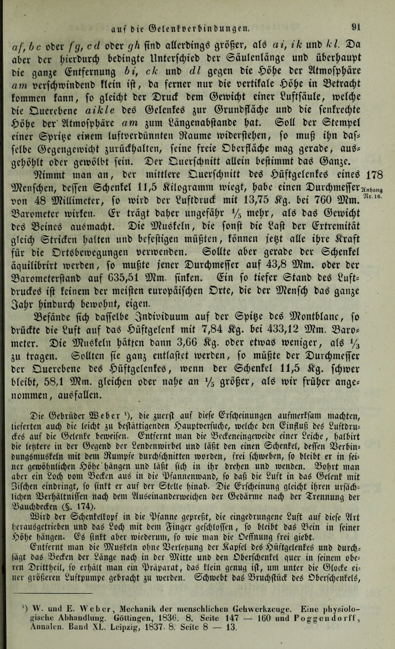 auf ^ie ®e(enfpevtinbungcn. af,bc ober fg, cd ober gh ftnb attcrbtngö 9rö§er, ote ai, ik unb kl. 2)a aber bcv l;ierburc|) bebingte ltnterf(i;tcb bev ©äulenlänge unb überpau))t bte ganje (Entfernung bi, ck unb dl gegen bte ^)öf»e ber 2ltmofppre am t>crfd;winbenb fletn ift, ba ferner nur bie uertifate ^)bfie in 33etrac^t fommen fann, fo gleicht ber 2)rud bem (Setuicht einer Suftfdule, welche bie Duercbene aikle beß ©elenfeö jur ©runbfläche unb bie fenfrechte ^)ühe ber 2ltmofphfli^£ Sängenabfianbe '^at. ©oll ber ©tempel einer ©prifjc einem luftoerbünnten Dtaumc wiberfiehen, fo mup i^n baf^ fclbe ©egengeioicbt jurücfhalten, feine freie Oberfläche mog gerobe, au^? gehöhlt ober gewölbt fein. Oer Ouerfchnitt allein beftimmt baö ©anje. 9iimmt man an, ber mittlere Ouerfchnitt beö Jpüftgelenfeö eineö 178 3)?enfchen, bcffen ©chenfel 11,5 Kilogramm wiegt, habe einen Ourcl)mejfer2t„(,„„9 oon 48 Millimeter, fo wirb ber Suftbrucf mit 13,75 ^g. bei 760 3Jim. 33arometer wirfen. (Er trägt baher ungefähr Vs mehr, alö baö ©ewicht bcö S3eincö auömacht. Oie ÜJZusfeln, bie fonft bie Saft ber Extremität gleich ©tridcu halten unb befcftigen müßten, fönnen fegt alle ihre Äraft für bie Ovtöbewegungen oerwenben. Sollte aber gerabe ber ©chenlel äquilibrirt werben, fo mu§te jener Our^meffer auf 43,8 aj?m. ober ber 35arometerftanb auf 635,51 3}?m. finfen. Ein fo tiefer ©tanb beö Suft* brucfeö iji feinem ber meiften europäifchen Orte, bie ber 5D?enf^ baö ganje 3ahr hial>ui'ch bewohnt, eigen. 33efänbe fieg baffelbe ^nbioibuum auf ber ©pige beö 5D?ontbtanc, fo bvücfte bie Suft auf baö Oüftgelenf mit 7,84 bei 433,12 2)?m. 33aro* meter. Oie Mnefeln hätten bann 3,66 Äg. ober etwaö weniger, alö Vj ju tragen, ©eilten fie ganj entlaftet werben, fo müfte ber Ouvchmejfer ber Ouerebene beö Oüftgetenfeo, wenn ber ©chenfel 11,5 Ä'g. fchwer bleibt, 58,1 5!>?m. gleichen ober nahe an % größer, alß wir früher angef nommen, auefollen. Oie ©ebrüOer SBeber 0, öie juerft auf biefe Erfcheinungen aufmerffam mad)ten, lieferten auch ü'ä)t p beflattigenben ^paupWerfuche, luelche ben Einfluf? beö Suftbvm efe» auf bie ®e(enle beiueifen. Entfernt man bie ©erfeneingemeibe einer Seiche, halbirt bie (egtere in ber Öegenb ber Senbenmirbel unb (äht ben einen @cl)enfe(, beffen 23erbin« bungömuöfetn mit bem Stumpfe burchfehnitten morben, frei fchmeben, fo bleibt er in fei= ner geroöhnlid)en ^?öhe'hangen unb Iaht ftch in ihr brehen unb roenben. IBohrt man aber ein 2och bom 95ecfen auö in bie ülfannenmanb, fo bah bie Suft in baö ©elenf mit 3ifd)en einbringt, fo finit er auf ber ©teile hinab. Oie Erfcheinung gleicht ihren urfäch. lid)en 23erhältniiTen nach l>rni 3(u'oeinanbermeichen ber ©ebärme nach ber Trennung ber iBaud)beclen (§. 174). Üßirb ber ©chenlellopf in bie ‘t3fanne gepreht, bie eingebrungene Suft auf biefe ?lrt herauögetrieben unb baö 2od) mit bem S'inger gefd)loffen, fo bleibt baö 23ein in feiner .f?öhe hangen. Eö finit aber mieberum, fo mie man bie Öeffnung frei giebt. Entfernt man bie ■Dtuöleln ohne 2}crle0ung ber Kapfel bcö fpüftgelenfe^ unb burch,: fügt baö 33ecfen ber Sänge na^ in ber Slfitte unb ben bberfdjenlel quer in feinem obe= ren Orittheil, fo erhält man ein q3räparat, baö lleiit genug ift, um unter bie Ölocfe eU ner gröheren Suftpumpe gebradjt p merben. ©^mebt baö 93ruih(liicl beä Oberfdjenlelö, ') W. und E. Weber, Mc(^hanik der menschlichen Gehwerkzeuge. Eine physiolo¬ gische Ahhandiung. Göltingen, l83{i. 8. Seile 147 — IGO und Poggen do rlT, Annalen. Band XL. Leipzig, 1837. 8. Seile 8 — 13.