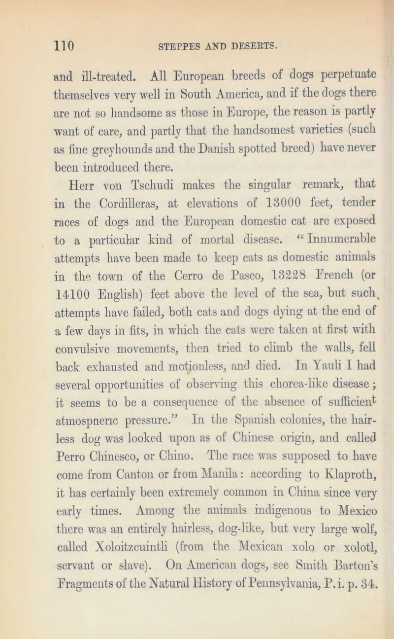 and ill-treated. All European breeds of dogs perpetuate themselves very well in South America, and if the dogs there are not so handsome as those in Europe, the reason is partly Avant of care, and partly that the handsomest varieties (such as fine greyhounds and the Danish spotted breed) have never been introduced there. Herr von Tschudi makes the singular remark, that in the Cordilleras, at elevations of 13000 feet, tender races of dogs and the European domestic cat are exposed to a particular kind of mortal disease. “ Innumerable attempts have been made to keep cats as domestic animals in the town of the Cerro de Pasco, 13228 Erench (or 14100 English) feet above the level of the sea, but such, attempts have failed, both cats and dogs dying at the end of a few days in fits, in which the cats Avere taken at first with convulsive movements, then tried to climb the walls, tell back exhausted and motionless, and died. In lauli I had several opportunities of obsen-ing this chorea-like disease; it seems to be a consequence of the absence of sufficient atmospnenc pressure.” In the Spanish colonies, the hair- less dog Avas looked upon as of Chinese origin, and called Perro Chinesco, or Chino. The race Avas supposed to have come from Canton or from Manila: according to Klaproth, it has certainly been extremely common in China since very early times. Among the animals indigenous to Mexico there Avas an entirely hairless, dog-like, but very large Avolf, called Xoloitzcuintli (from the Mexican xolo or xolotl, servant or slave). On American dogs, see Smith Barton’s Fragments of the Natural History of Pennsylvania, P. i. p. 34.