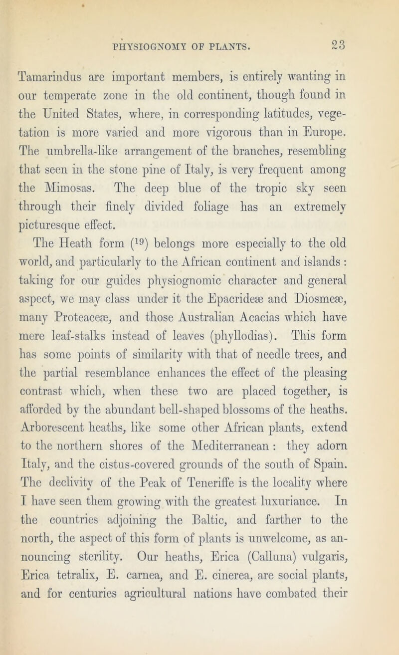 Tamarindus are important members, is entirely wanting in our temperate zone in tlie old continent, though found in the United States, where, in corresponding latitudes, vege- tation is more varied and more vigorous than in Europe. The umbrella-like arrangement of the branches, resembling that seen in the stone pine of Italy, is very frequent among the Mimosas. The deep blue of the tropic sky seen through their finely divided foliage has an extremely picturesque effect. The Heath form (^9) belongs more especially to the old world, and particularly to the African continent and islands ; taking for our guides physiognomic character and general aspect, we may class under it the Epacrideee and Diosmese, many Proteacese, and those Australian Acacias which have mere leaf-stalks instead of leaves (phyllodias). This form has some points of similarity with that of needle trees, and the partial resemblance enhances the effect of the pleasing contrast which, when these two are placed together, is afi'orded by the abundant bell-shaped blossoms of the heaths. Arborescent heaths, like some other African plants, extend to the northern shores of the Mediterranean : they adorn Italy, and the cistiis-covered grounds of the south of Sj)ain. The declivity of the Peak of Teneriffe is the locality where I have seen them growing with the greatest luxuriance. In the countries adjoining the Baltic, and farther to the north, the aspect of this form of plants is unwelcome, as an- nouncing sterility. Our heaths. Erica (Calluna) vulgaris. Erica tetralix, E. carnea, and E. cinerea, are social plants, and for centuries agricultural nations have combated their