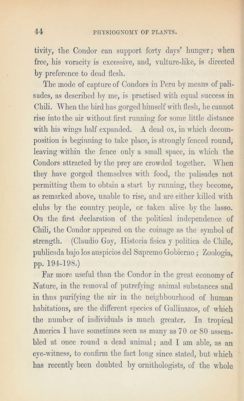 tivity, the Condor can support forty days^ hunger; Avhen free, his voracity is excessive, and, vulture-like, is directed by preference to dead flesh. The mode of capture of Condors in Peru by means of pali- sades, as described by me, is practised with equal success in Chili. When the bird has gorged himself with flesh, he cannot rise into the air without first running for some little distance with his wings half expanded. A dead ox, in which decom- position is beginning to take place, is strongly fenced round, leaving within the fence only a small space, in which the Condors attracted by the prey are crowded together. When they have gorged themselves with food, the palisades not permitting them to obtain a start by running, they become, as remarked above, unable to rise, and are either killed with clubs by the country people, or taken alive by the lasso. On the first declaration of the political independence of Chili, the Condor ajipeared on the coinage as the symbol of strength. (Claudio Gay, Historia fisica y politica de Chile, publicada bajo los auspicios del Supremo Gobierno ; Zoologia, pp. 194-198.) Par more useful than the Condor in the great eeonomy of Nature, in the removal of putrefying animal substances and in thus piu’ifying the air in the neighbourhood of human habitations, are the different species of Gallinazos, of which the number of individuals is much greater. In tropical America I have sometimes seen as many as 70 or 80 assem- bled at once round a dead animal; and I am able, as an eye-witness, to confirm the fact long since stated, but whieh has recently been doubted by ornithologists, of the whole