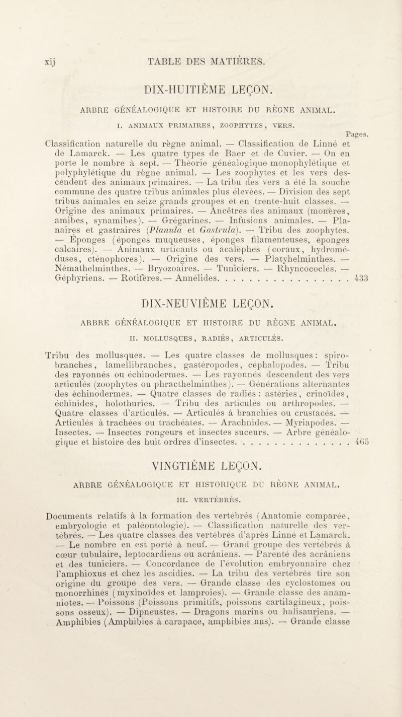 xij DIX-HUITIÈME LEÇON. O ARBRE GÉNÉALOGIQUE ET HISTOIRE DU RÈGNE ANIMAL. I. ANIMAUX PRIMAIRES, ZOOPHYTES, VERS. Pages. Classification naturelle du règne animal. — Classification de Linné et de Lamarck. — Les quatre types de Baer et de Cuvier. — On en porte le nombre à sept. — Théorie généalogique monophylétique et polyphylétique du règne animal. — Les zoophytes et les vers des¬ cendent des animaux primaires. — La tribu des vers a été la souche commune des quatre tribus animales plus élevées. — Division des sept tribus animales en seize grands groupes et en trente-huit classes. — Origine des animaux primaires. — Ancêtres des animaux (monères, amibes, synamibes). — Grégarines. — Infusions animales. — Pla¬ naires et gastraires (.Planula et Gastrula). — Tribu des zoophytes. — Eponges (éponges muqueuses, éponges filamenteuses, éponges calcaires). — Animaux urticants ou acalèphes (coraux, hydromé¬ duses, cténophores). — Origine des vers. — Platyhelnûnthes. — Némathelminthes. — Bryozoaires. — Tuniciers. — Rhyncocoelés. — Géphyriens. — Rotifères.— Annélides.433 DIX-NEUVIÈME LEÇON. O ARBRE GÉNÉALOGIQUE ET HISTOIRE DU RÈGNE ANIMAL. II. MOLLUSQUES, RADIES, ARTICULÉS. Tribu des mollusques. — Les quatre classes de mollusques : spiro- branches, lamellibranches, gastéropodes, céphalopodes. — Tribu des rayonnés ou échinodermes. — Les rayonnés descendent des vers articulés (zoophytes ou phracthelminthes). — Générations alternantes des échinodermes. — Quatre classes de radiés: astéries, crinoïdes, échinides, holothuries. — Tribu des articulés ou arthropodes. — Quatre classes d’articulés. — Articulés à branchies ou crustacés. — Articulés à trachées ou trachéates. — Arachnides. — Myriapodes. — Insectes. — Insectes rongeurs et insectes suceurs. — Arbre généalo¬ gique et histoire des huit ordres d’insectes.465 VINGTIÈME LEÇON. O ARBRE GÉNÉALOGIQUE ET HISTORIQUE DU RÈGNE ANIMAL. III. VERTÉBRÉS. Documents relatifs à la formation des vertébrés (Anatomie comparée, embryologie et paléontologie). — Classification naturelle des ver¬ tébrés. — Les quatre classes des vertébrés d’après Linné et Lamarck. — Le nombre en est porté à neuf. — Grand groupe des vertébrés à cœur tubulaire, leptocardiens ou acrâniens. — Parenté des acrâniens et des tuniciers. — Concordance de l’évolution embryonnaire chez l’amphioxus et chez les ascidies. — La tribu des vertébrés tire son origine du groupe des vers. — Grande classe des cyclostomes ou monorrhinés ( myxinoïdes et lamproies). — Grande classe des anam- niotes. — Poissons (Poissons primitifs, poissons cartilagineux, pois¬ sons osseux). — Dipneustes. — Dragons marins ou halisauriens. — Amphibies (Amphibies à carapace, amphibies nus). — Grande classe