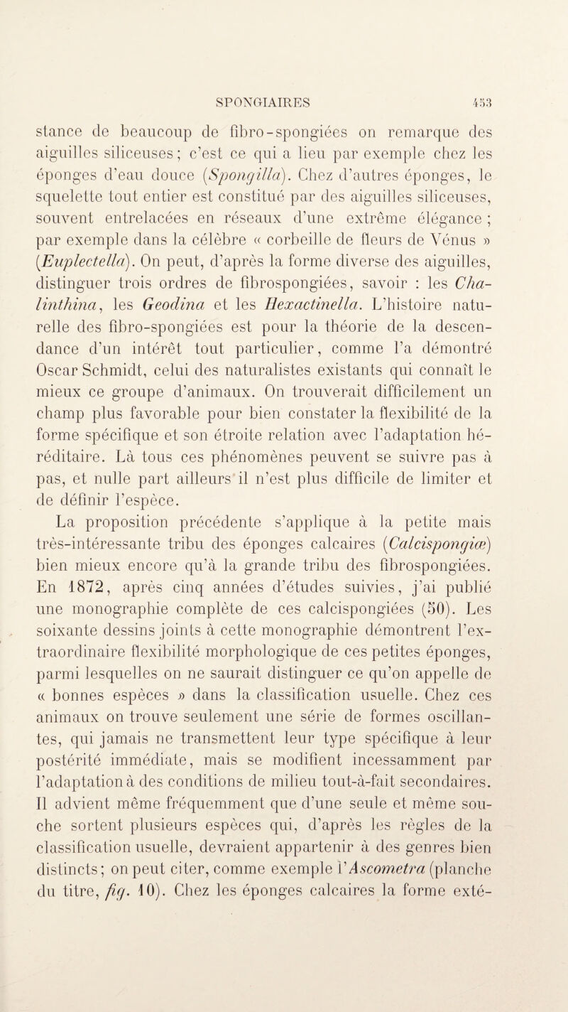 stance de beaucoup de fibro-spongiées on remarque des aiguilles siliceuses ; c’est ce qui a lieu par exemple chez les éponges d’eau douce (Spongilla). Chez d’autres éponges, le squelette tout entier est constitué par des aiguilles siliceuses, souvent entrelacées en réseaux d’une extrême élégance ; par exemple dans la célèbre « corbeille de fleurs de Vénus » (.Euplectella). On peut, d’après la forme diverse des aiguilles, distinguer trois ordres de fibrospongiées, savoir : les Cha- linthina, les Geodina et les Hexactinella. L’histoire natu¬ relle des fibro-spongiées est pour la théorie de la descen¬ dance d’un intérêt tout particulier, comme l’a démontré Oscar Schmidt, celui des naturalistes existants qui connaît le mieux ce groupe d’animaux. On trouverait difficilement un champ plus favorable pour bien constater la flexibilité de la forme spécifique et son étroite relation avec l’adaptation hé¬ réditaire. Là tous ces phénomènes peuvent se suivre pas à pas, et nulle part ailleurs il n’est plus difficile de limiter et de définir l’espèce. La proposition précédente s’applique à la petite mais très-intéressante tribu des éponges calcaires (Calcispongiœ) bien mieux encore qu’à la grande tribu des fibrospongiées. En 1872, après cinq années d’études suivies, j’ai publié une monographie complète de ces calcispongiées (50). Les soixante dessins joints à cette monographie démontrent l’ex¬ traordinaire flexibilité morphologique de ces petites éponges, parmi lesquelles on ne saurait distinguer ce qu’on appelle de « bonnes espèces » dans la classification usuelle. Chez ces animaux on trouve seulement une série de formes oscillan¬ tes, qui jamais ne transmettent leur type spécifique à leur postérité immédiate, mais se modifient incessamment par l’adaptation à des conditions de milieu tout-à-fait secondaires. Il advient même fréquemment que d’une seule et même sou¬ che sortent plusieurs espèces qui, d’après les règles de la classification usuelle, devraient appartenir à des genres bien distincts; on peut citer, comme exemple YAscometra (planche du titre, fiçj. 10). Chez les éponges calcaires la forme exté-