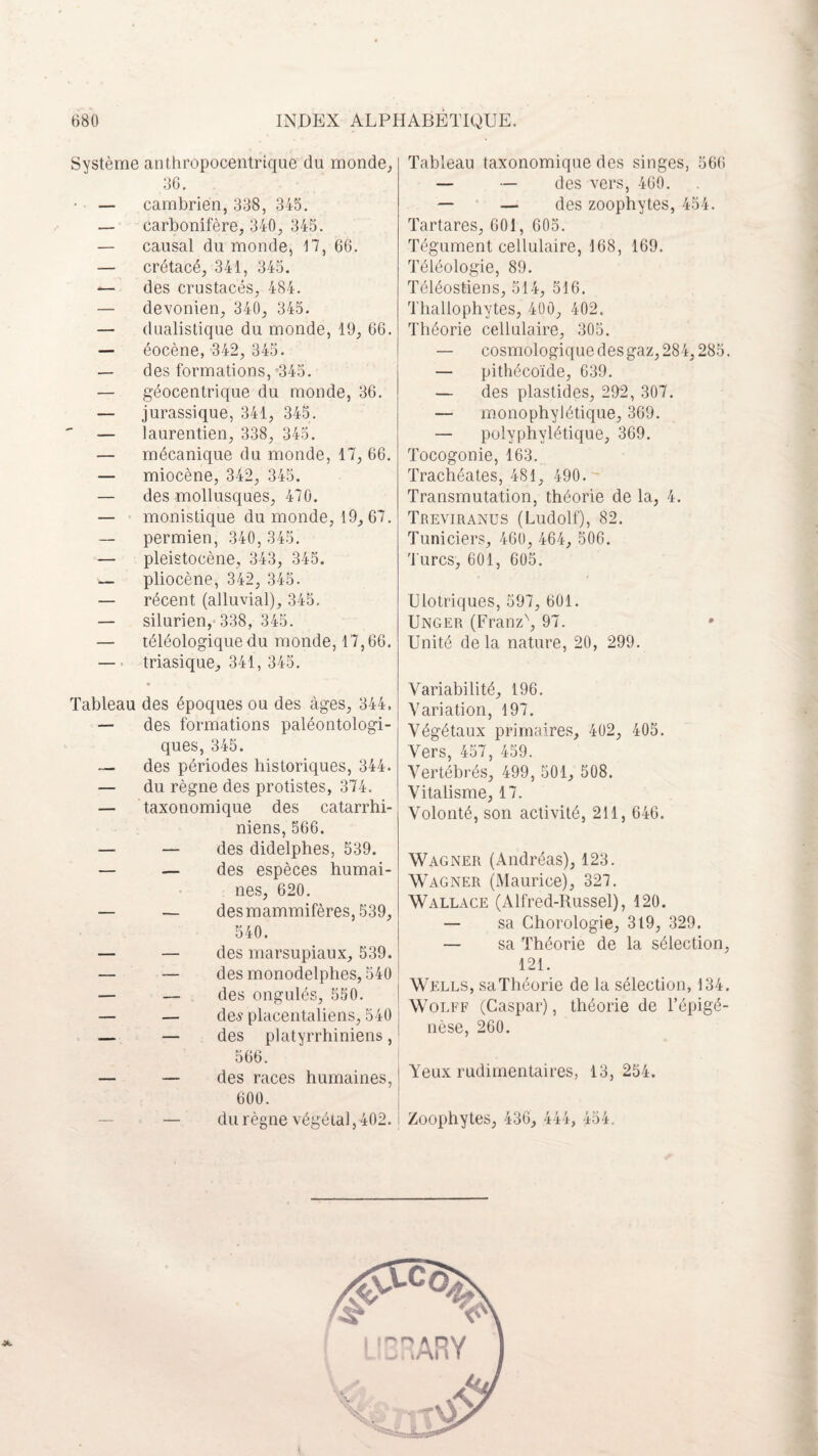 Système anthropocentrique du monde., 36. — cambrien, 338, 345. — carbonifère, 340, 345. — causal du monde, 17, 66. — crétacé, 341, 345. — des crustacés, 484. — devonien, 340, 345. — dualistique du monde, 19, 66. — éocène, 342, 345. — des formations, 4145. — géocentrique du monde, 36. — jurassique, 341, 345. — laurentien, 338, 345. — mécanique du monde, 17, 66. — miocène, 342, 345. — des mollusques, 470. — monistique du monde, 19,67. — permien, 340, 345. — pleistocène, 343, 345. — pliocène, 342, 345. — récent (alluvial), 345. — silurien,'338, 345. — téléologique du monde, 17,66. — triasique, 341, 345. « Tableau des époques ou des âges, 344. — des formations paléontologi- ques, 345. — des périodes historiques, 344. — du règne des protistes, 374. — taxonomique des catarrhi- niens, 566. — — des didelphes, 539. — — des espèces humai¬ nes, 620. — — desmammifères, 539, 540. — — des marsupiaux, 539. — — des monodelphes, 540 — __ des ongulés, 550. — — des placentaliens, 540 — — des platyrrhiniens, 566. — — des races humaines, 600. — du règne végétal, 402. Tableau taxonomique des singes, 566 — — des vers, 460. — — des zoophytes, 454. Tartares, 601, 605. Tégument cellulaire, 168, 169. Téiéologie, 89. Téléostiens, 514, 516. Thallophytes, 400, 402. Théorie cellulaire, 305. — cosmologique des gaz, 284,285. — pithécoïde, 639. — des plastides, 292, 307. — monophylétique, 369. — polyphylétique, 369. Tocogonie, 163. Trachéates, 481, 490. - Transmutation, théorie de la, 4. Treviranus (Ludolf), 82. Tuniciers, 460, 464, 506. Turcs, 601, 605. Ulotriques, 597, 601. Unger (Franz', 97. Unité delà nature, 20, 299. Variabilité, 196. Variation, 197. Végétaux primaires, 402, 405. Vers, 457, 459. Vertébrés, 499, 501, 508. Vitalisme, 17. Volonté, son activité, 211, 646. Wagner (Andréas), 123. Wagner (Maurice), 327. Wallace (Alfred-Russel), 120. — sa Chorologie, 319, 329. — sa Théorie de la sélection, 121. Wells, saThéorie de la sélection, 134. Wolff (Caspar), théorie de l’épigé- nèse, 260. Yeux rudimentaires, 13, 254. Zoophytes, 436, 444, 454.