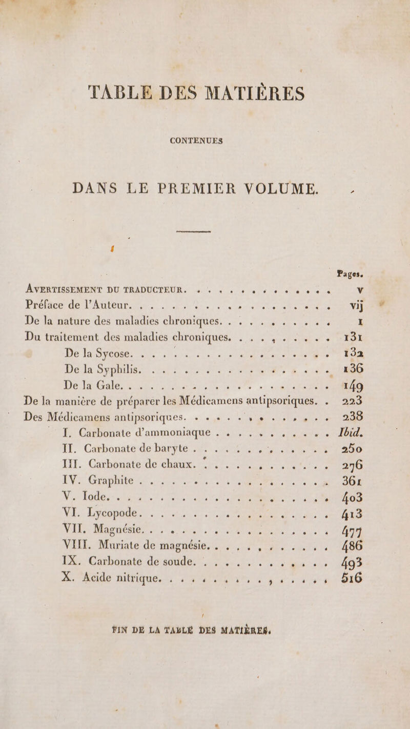 ui * TABLE DES MATIÈRES CONTENUES DANS LE PREMIER VOLUME. { AVERTISSEMENT DU TRADUCTEUR. + « + « + « « Dr: DRAP die et ame CD Ne OP TP ee à De la nature des maladies chroniques. . : , . . . . . . , Du traitement des maladies chroniques. 5: d'u ONE Die Ta SRE On à ie ee TE SON EN Dé da MD. es 7 Poe HT ENS EE <id4 | De OA RE SES ns ee De la manière de préparer les Médicamens antipsouiques. Des Médicamens antipsOriques. + + «+ + « LE dort I, Carbonate d’ammoniaque . . , ., , , , . TI. Carbonate de baryte .5. ,4 4%, PRO NE TE HI. Caxhomate de chaux, 1/10 ER Ne A2 ES IPN Le : APR ; Ne Te, -r n 2 PES ATE Se NE AP VI. Lycopode RE UN Ra Te MNT 3 VIE. Mage. st ne AURONT NEER. Muriate-de magnésies TES tu 1%; Carbonate de soude! :,; :.,,,, ,., PISE À. Acide nitrique, ES 00 LOST UT OT ON TE : TOOL fe (A | FIN DÉ LA TALLÉ DES MATIÈRES,