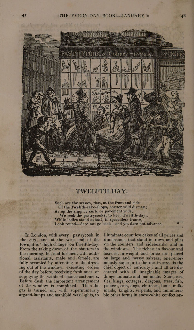 47 _eceT ANN ! etl In-London, with every pastrycook in the city, and at the west end of the town, it is “ high change” on Twelfth-day. From the taking down of the shutters in the morning, he, and his men, with addi- tional assistants, male and female, are fully occupied by attending to the dress- ing out of the window, executing orders of the day before, receiving fresh ones, or supplying the wants of chance customers. Before dusk the important arrangement of the window is completed. Then the gas is turned on, with supernumerary argand-lamps and manifold wax-lghts, to illuminate countless cakes of all prices and dimensions, that stand in rows and piles on the counters and sideboards, and in the windows. The richest in flavour and heaviest in weight and price are placed on large and massy salvers; one, enor- mously superior to the rest in size, is the chief object of curiosity ; and all are de- corated with all imaginable images of things animate and inanimate. Stars, cas- tles, kings, cottages, dragons, trees, fish, palaces, cats, dogs, churches, lions, milk- maids, knights, serpents, and innumera- ble other forms in snow-white confection-