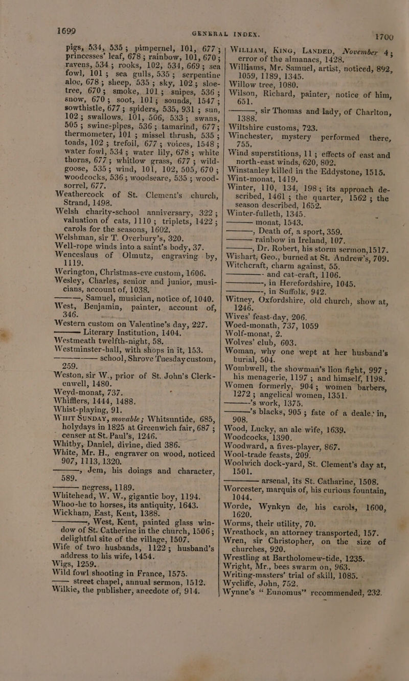 1699 pigs, 534, 535; pimpernel, 101, 677; princesses’ leaf, 678 ; rainbow, 101, 670; ravens, 534; rooks, 102, 534, 669; sea fowl, 101; sea gulls, 535; serpentine aloc, 678; sheep, 535 ; sky, 1023 sloe- tree, 670; smoke, 101; snipes, 536 ; snow, 670; soot, 101; sounds, 1547; sowthistle, 677; spiders, 535, 931 ; sun, 102; swallows, 101, 506, 533; swans, 505 ; swine-pipes, 536; tamarind, 677; thermometer, 101 ; missel thrush, 530 ; toads, 102 ; trefoil, 677; voices, 1548; water fowl, 534; water lily, 678; white thorns, 677; whitlow grass, 677 5 wild- goose, 535; wind, 101, 102, 505, 670; woodcocks, 536; woodseare, 535 ; wood- sorrel, 677. Weathercock of St. Strand, 1498. Welsh charity-school anniversary, 322 ; valuation of cats, 1110; triplets, 1422 ; carols for the seasons, 1602. Welshman, sir T. Overbury’s, 320. Well-rope winds into a saint’s body, 37. Wenceslaus of Olmutz, engraving | by, LTTS. Werington, Christmas-eve custom, 1606. Wesley, Charles, senior and junior, musi- cians, account of, 1038. —, Samuel, musician, notice of, 1040. West, Benjamin, painter, account of, 346. : Western custom on Valentine’s day, 227. Literary Institution, 1404. Westmeath twelfth-night, 58. Westminster-hall, with shops in it, 153. -—— school, Shrove Tuesday custom, Clement’s church, 259. Weston, sir W., prior of St. John’s Clerk- enwell, 1480. Weyd-monat, 737. 5 Whifflers, 1444, 1488. Whist-playing, 91. Wuit Sunpay, movable; Whitsuntide, 685, holydays in 1825 at Greenwich fair, 687 ; _ censer at St. Paul’s, 1246. _ Whitby, Daniel, divine, died 386. White, Mr. H., engraver on wood, noticed 907, 1113, 1320. » Jem, his doings and character, 589. negress, 1189. Whitehead, W. W., gigantic boy, 1194. Whoo-he to horses, its antiquity, 1643. Wickham, East, Kent, 1388. » West, Kent, painted glass win- dow of St. Catherine in the church, 1506; delightful site of the village, 1507. Wife of two husbands, 1122; husband’s address to his wife, 1454. Wigs, 1259.. Wild fowl shooting in France, 1575. street chapel, annual sermon, 1512. Wilkie, the publisher, anecdote of, 914. 1700 WituaM, Kine, Lanpep, November 4; error of the almanacs, 1428, Williams, Mr. Samuel, artist, noticed, 892, 1059, 1189, 1345. Willow tree, 1080. Wilson, Richard, painter, notice of him, 651. , Sir Thomas and lady, of Charlton, Wiltshire customs, 723. Winchester, mystery performed there, 755. ; Wind superstitions, 11; effects of east and north-east winds, 620, 802. Winstanley killed in the Eddystone, 1515. Wint-monat, 1419, Winter, 110, 134, 198; its approach de- scribed, 1461 ; the quarter, 1562; the season described, 1652. Winter-fulleth, 1345. monat, 1543. , Death of, a sport, 359. rainbow in Ireland, 107, , Dr. Robert, his storm sermon,1517. Wishart, Geo., burned at St. Andrew’s, 709. Witchcraft, charm against, 55. - and cat~-craft, 1106. -, in Herefordshire, 1045. ——————-, in Suffolk, 942. Witney, Oxfordshire, old church, show at, 1246. ~« Wives’ feast-day, 206. Woed-monath, 737, 1059 Wolf-monat, 2. Wolves’ elub, 603. Woman, why one wept at her husband’s burial, 504. Wombwell, the showman’s lion fight, 997 ; his menagerie, 1197 ; and himself, 1198. Women formerly, 904; women barbers, 1272 ; angelical women, 1351. ~s work, 1375. ’s blacks, 905 ; fate of a deale- in, 908. Wood, Lucky, an ale wife, 1639. Woodcocks, 1390. Woodward, a fives-player, 867. Wool-trade feasts, 209. Woolwich dock-yard, St. Clement’s day at, 1501. arsenal, its St. Catharine, 1508. Worcester, marquis of, his curious fountain, 1044 Worde, Wynkyn de, his carols, 1600, 1620. Worms, their utility, 70. Wreathock, an attorney transported, 157. Wren, sir Christopher, on the size of churches, 920. . Wrestling at Bartholomew-tide, 1235. Wright, Mr., bees swarm on, 963. — Writing-masters’ trial of skill, 1085. Wycliffe, John, 752. Wynne’s “ Eunomus” recommended, 232.