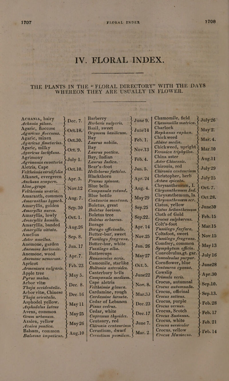 1707 FLORAL INDEX 708 ACHANIA, hairy Achania pilosa. Dec. 7. Agaric, floccose hernia Agaricus fluccosus. ocean Agaric, mixen Oct.30. <igaricus fimetarius. Agaric, milky Agaricus lactifiuus. poet. 9. Agrimony Agrimonia euvatoria can yats Aletris, Cape Veltheimiaviridifolia } Oct.10. Alkanet, evergreen Anchusa semperv. } Apr. 3. Al oe grape ’ ~ Veltheimia uvaria. t Nov.12 Amaranth, common Amaranthus hypoch, } Pag Amaryllis, golden Amaryllis aurea. ph Sd Amaryllis, lowly Amaryllis humilis. » hg Amaryllis, banded | , Amaryllis vitiata. reeip Amellus Aster amellus. oar. Anemone, garden Anemone hortensis. Agel? Anemone, wood Any Anemone nemorosa. Price Apricot Feb. 23 Armeniaca vulgaris. ; Apple tree Pyrus malus. } pay Arbor vite Thuja occidentalis. t Jatt § Arbor vite, Chinese { noo 16 Thuja orientalis. 7 Asphodel yellow. : Asphodelus luteus } ee Avens, common Geum urbanum. May® Azalea, yellow May 26 Azalea pontica. Balsam, common Balsama impatiens. } Aug.t0 Barberry Berberis vulgaris, June 9. ie sweet Junel4 cymum basilicum. Bay Laurus nobilis. Feb. 1. Bay te Laurus poetica, } aS Bay, Indian Laurus Indica. i get Bear’s-foot Janes Helleborus fetidus. ae cis Apr. 24 runus spinosa. Blue bells ea Campanula rotund. ae Blue bottle Centauria montana, May 29 Boletus, great Boletus ‘bovinus. \ 04 Boletus tree Boletus arboreus. Sep 22. Borage Borago officinalis. agile Butter-bur, sweet Tussilago fragrans. i NOF-26 Butter-bur, white Tussilago alba. } Saat ig Buttercups ae Ranunculus acris. May 27 Camomile, starlike Boltonia ipetellee Oct. 5. Sens Fees bells June22 ampanula medium. Cape aletris Veltheimia glauca. eit Cardamine, rough Cardamine ‘Soa. Mar.30 Cedar of Lebanon Dec.23 Pinus cedrus. Cedar, white : Cupressus thyoides. Dec.17 Centaury, red Chironia centaurium June 7. a a bai dwarf t Mai 9. erastium pumilum. Chamomile, field Chamomilla matrica. Charlock — Raphanus raphan. Chick weed Alsine media. Chickweed, upright Veronica triphyllos. China aster Aster Chinensis. Chironia, red Chironia centaurium Christopher, herb Actea Ke Chrysanthemum, I. Chrysanthemum Ind. Chrysanthemum, la. Chrysanthemum ser. Cistus, yellow Cistus helianthemum Cloth of Gold Colt’s-foot Tussilago farfara. Coltsfoot, sweet Tussilago fragrans. Comfrey, common Symphytum officin. Convolvulus,gt. gar. Convolvulus purpur. Cornflower, blue Centaurea cyanus. Cowslip Primula veris. Crocus, autumnal Crocus autumnalis. Crocus, officinal Crocus sativus. Crocus, purple Crocus vernus. Crocus, Scotch Crocus Susianus, Crocus, white Crocus versicolor Crocus, yellow Crocus Mesiacus. Jaly 26° May 2: i | Mar.10 Aug.11 July 29 Oct.28. Feb. 15 Mar.15 Noy.15 May 13 July 16 June28 Apr.30 Sep.10. | Sep.13. Feb. 28 Feb. 17 Feb, 21 Feb. 14