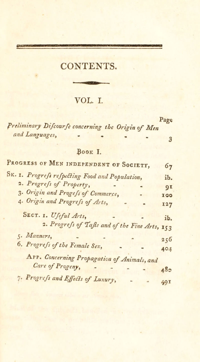 CONTENTS. VOL. I. j preliminary Difcourfe concerning the Origin of Men and Languages, - ?ook I. Progress of Men independent of Society, Sk. i. Progrefs refpe&amp;ing Food and Population, 2. Progrefs of Property, 3. Origin and Progefs of Commerce, 4. Origin and Progrefs of Arts, 6 7 ib. 91 100 127 Sect. i. Ufeful Arts, 2. Progrefs of fajle and of the Fine Arts, 5. Manners, _ 6. Progrefs of the Female Sex, App. Concerning Propagation of Animals, and Care of Progeny, . 7* Progrefs and Fffetls of Luxury, ib. *55 256 404 480 491