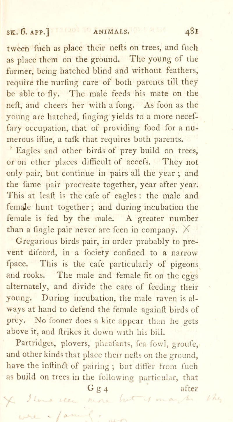 tween fuch as place their nelts on trees, and fnch as place them on the ground. The young of the former, being hatched blind and without feathers, require the nurfing care of both parents till they be able to fly. The male feeds his mate on the neft, and cheers her with a fong. As foon as the young are hatched, tinging yields to a more necef- fury occupation, that of providing food for a nu- merous iffue, a talk that requires both parents. ' Eagles and other birds of prey build on trees, or on other places difficult of accefs. They not only pair, but continue in pairs all the year ; and the fame pair procreate together, year after year. This at leafl: is the cafe of eagles : the male and female hunt together; and during incubation the female is fed by the male. A greater number than a Angle pair never are feen in company. X Gregarious birds pair, in order probably to pre- vent difeord, in a fociety confined to a narrow fpace. This is the cafe particularly of pigeons and rooks. The male and female fit on the eggs alternately, and divide the care of feeding their young. During incubation, the male raven is al- ways at hand to defend the female againfl: birds of prey. No fooner does a kite appear than he gets above it, and (trikes it down with his bill. Partridges, plovers, pheafants, fea fowl, groufe, and other kinds that place their nelts on the ground, have the inftinct of pairing ; but differ trom fuch as build on trees in the following particular, that G g 4 after