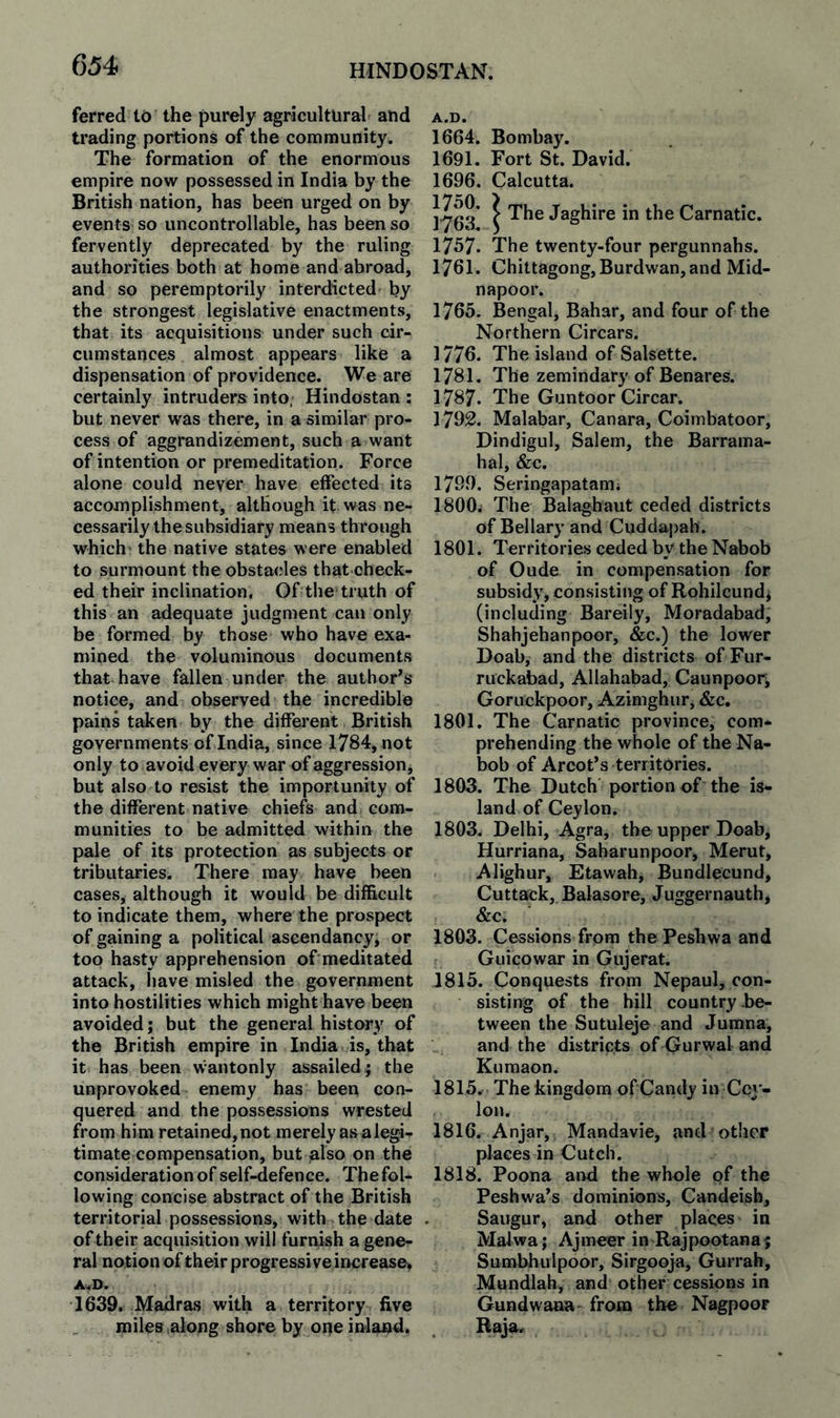 ferred to the purely agricultural and trading portions of the community. The formation of the enormous empire now possessed in India by the British nation, has been urged on by events so uncontrollable, has been so fervently deprecated by the ruling authorities both at home and abroad, and so peremptorily interdicted by the strongest legislative enactments, that its acquisitions under such cir¬ cumstances almost appears like a dispensation of providence. We are certainly intruders into, Hindostan : but never was there, in a similar pro¬ cess of aggrandizement, such a want of intention or premeditation. Force alone could never have effected its accomplishment, although it was ne¬ cessarily the subsidiary means through which' the native states were enabled to surmount the obstacles that check¬ ed their inclination. Of the truth of this an adequate judgment can only be formed by those who have exa¬ mined the voluminous documents that have fallen under the author^s notice, and observed the incredible pains taken by the diffei-ent British governments of India, since 1784, not only to avoid every war of aggression, but also to resist the importunity of the different native chiefs and com¬ munities to be admitted within the pale of its protection as subjects or tributaries. There may have been cases, although it would be difficult to indicate them, where the prospect of gaining a political ascendancy, or too hasty apprehension of meditated attack, have misled the government into hostilities which might have been avoided; but the general history of the British empire in India is, that it has been wantonly assailed; the unprovoked enemy has been con¬ quered and the possessions wrested from him retained,not merely as a legi¬ timate compensation, but also on the consideration of self-defence. The fol¬ lowing concise abstract of the British territorial possessions, with the date of their acquisition will furnish a gene¬ ral notion of their progressive increase* A.D. 1639. Madras with a territory five miles along shore by one inland. A.D. 1664. Bombay. 1691. Fort St. David. 1696. Calcutta. 1'763* ^ Jaghire in the Carnatic. 1757. The twenty-four pergunnahs. 1761. Chittagong, Burdwan, and Mid- napoor. 1765. Bengal, Bahar, and four of the Northern Circars. 1776. The island of Salsette. 1781. The zemindary of Benares. 1787. The Guntoor Circar. 1792. Malabar, Canara, Coimbatoor, Dindigul, Salem, the Barrama- hal, &amp;c. 1799. Seringapatami 1800; The Balaghaut ceded districts of Bellary and Ciiddapah. 1801. Territories ceded by the Nabob of Oude in compensation for subsidy, consisting of Rohilcund; (including Bareily, Moradabad, Shahjehanpoor, &amp;c.) the lower Doab, and the districts of Fur- ruckabad, Allahabad, Caunpoor, Goruckpoor, Azimghur, &amp;c. 1801. The Carnatic province, com¬ prehending the whole of the Na¬ bob of Arcot’s territories. 1803. The Dutch portion of the is¬ land of Ceylon. 1803. Delhi, Agra, the upper Doab, Hurriana, Saharunpoor, Merut, Alighur, Etawah, Bundlecund, Cuttack, Balasore, Juggernauth, &amp;c. 1803. Cessions from the Peshwa and Guicowar in Gujerat. 1815. Conquests from Nepaul, con¬ sisting of the hill country .be¬ tween the Sutuleje and Jumna, and the districts of Gurwal and Kumaon. 1815. The kingdom of Candy in Cey¬ lon. 1816. Anjar, Mandavie, and other places in Cutch. 1818. Poona aiid the whole of the Peshwa’s dominions, Candeisb, Saugur, and other places in Malwa; Ajmeer in Rajpootana; Sumbhulpoor, Sirgooja, Gurrah, Mundlah, and other cessions in Gundwana-from the Nagpoor Raja<