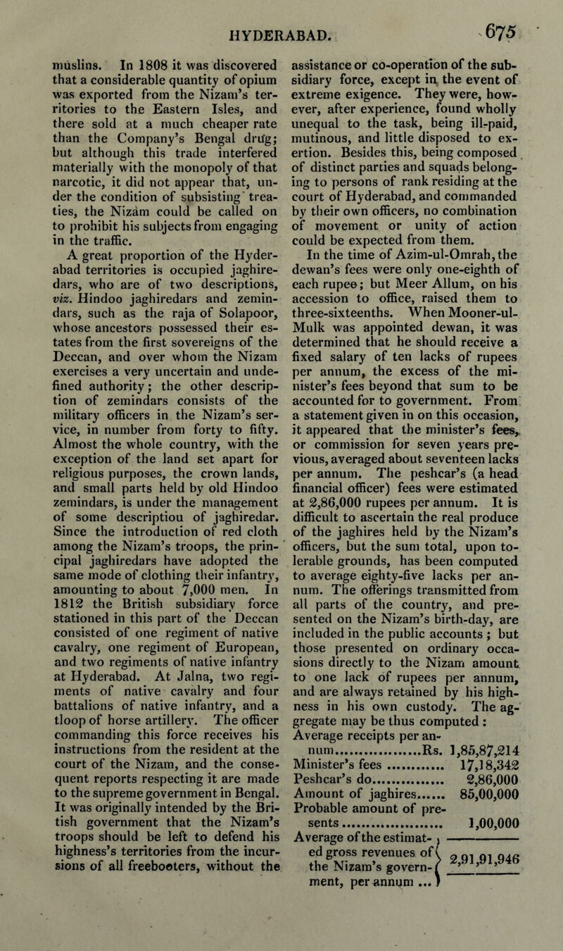 niiislins. In 1808 it was discovered that a considerable quantity of opium was exported from the Nizam’s ter¬ ritories to the Eastern Isles, and there sold at a much cheaper rate than the Company’s Bengal drifg; but although this trade interfered materially with the monopoly of that narcotic, it did not appear that, un¬ der the condition of subsisting' trea¬ ties, the Nizam could be called on to j)rohibit his subjects from engaging in the traffic. A great proportion of the Hyder¬ abad territories is occupied jaghire- dars, who are of two descriptions, viz. Hindoo jaghiredars and zemin¬ dars, such as the raja of Solapoor, whose ancestors possessed their es¬ tates from the first sovereigns of the Deccan, and over whom the Nizam exercises a very uncertain and unde¬ fined authority; the other descrip¬ tion of zemindars consists of the military officers in the Nizam’s ser¬ vice, in number from forty to fifty. Almost the whole country, with the exception of the land set apart for religious purposes, the crown lands, and small parts held by old Hindoo zemindars, is under the management of some description of jaghiredar. Since the introduction of red cloth among the Nizam’s troops, the prin¬ cipal jaghiredars have adopted the same mode of clothing their infantry, amounting to about 7j000 men. In 1812 the British subsidiary force stationed in this part of the Deccan consisted of one regiment of native cavalry, one regiment of European, and two regiments of native infantry at Hyderabad. At Jalna, two regi¬ ments of native cavalry and four battalions of native infantry, and a tloop of horse artillery. The officer commanding this force receives his instructions from the resident at the court of the Nizam, and the conse¬ quent reports respecting it are made to the supreme government in Bengal. It was originally intended by the Bri¬ tish government that the Nizam’s troops should be left to defend his highness’s territories from the incur¬ sions of all freebooters, without the 675 assistance or co-operation of the sub¬ sidiary force, except in the event of extreme exigence. They were, how¬ ever, after experience, found wholly unequal to the task, being illrpaid, mutinous, and little disposed to ex¬ ertion. Besides this, being composed of distinct parties and squads belong¬ ing to persons of rank residing at the court of Hyderabad, and commanded by their own officers, no combination of movement or unity of action could be expected from them. In the time of Azim-ul-Omrah,the dewan’s fees were only one-eighth of each rupee; but Meer Allum, on his accession to office, raised them to three-sixteenths. When Mooner-ul- Mulk was appointed dewan, it was determined that he should receive a fixed salary of ten lacks of rupees per annum, the excess of the mi¬ nister’s fees beyond that sum to be accounted for to government. From a statement given in on this occasion, it appeared that the minister’s fees,, or commission for seven years pre¬ vious, averaged about seventeen lacks per annum. The peshcar’s (a head financial officer) fees were estimated at 2,86,000 rupees per annum. It is difficult to ascertain the real produce of the jaghires held by the Nizam’s officers, but the sum total, upon to¬ lerable grounds, has been computed to average eighty-five lacks per an¬ num. The offerings transmitted from all parts of the country, and pre¬ sented on the Nizam’s birth-day, are included in the public accounts ; but those presented on ordinary occa¬ sions directly to the Nizam amount to one lack of rupees per annum, and are always retained by his high¬ ness in his own custody. The ag¬ gregate may be thus computed ; Average receipts per an¬ num.Rs. 1,85,87,214 Minister’s fees. 17,18,342 Peshcar’s do. 2,86,000 Amount of jaghires. 85,00,000 Probable amount of pre¬ sents. 1,00,000 Average of the estimat¬ ed gross revenues of( ^ the Nizam’s govern-^ 2,91,01,945 ment, per annum ...