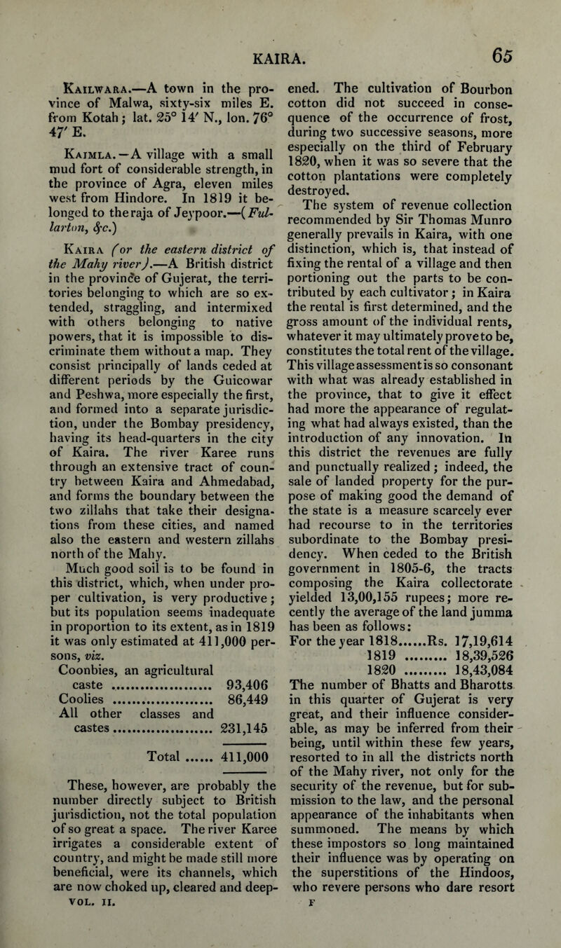 Kailwara.—A town in the pro¬ vince of Malwa, sixty-six miles E. from Kotah ; lat. 25° 14' N., Ion. 76° 47' E. Kaimla.—A village with a small mud fort of considerable strength, in the province of Agra, eleven miles west from Hindore. In 1819 it be¬ longed to the raja of Jeypoor.—(Ful- lartoriy 4'C.) Kaira for the eastern district of the Mahy river).—A British district in the province of Gujerat, the terri¬ tories belonging to which are so ex¬ tended, straggling, and intermixed with others belonging to native powers, that it is impossible to dis¬ criminate them without a map. They consist principally of lands ceded at different periods by the Guicowar and Peshwa, more especially the first, and formed into a separate jurisdic¬ tion, under the Bombay presidency, having its head-quarters in the city of Kaira. The river Karee runs through an extensive tract of coun¬ try between Kaira and Ahmedabad, and forms the boundary between the two zillahs that take their designa¬ tions from these cities, and named also the eastern and western zillahs north of the Mahy. Much good soil is to be found in this district, which, when under pro¬ per cultivation, is very productive; but its population seems inadequate in proportion to its extent, as in 1819 it was only estimated at 411,000 per¬ sons, viz. Coonbies, an agricultural caste .. 93,406 Coolies . 86,449 All other classes and castes. 231,145 Total. 411,000 These, however, are probably the number directly subject to British jurisdiction, not the total population of so great a space. The river Karee irrigates a considerable extent of country, and might be made still more beneficial, were its channels, which are now choked up, cleared and deep- VOL. JI. ened. The cultivation of Bourbon cotton did not succeed in conse¬ quence of the occurrence of frost, during two successive seasons, more especially on the third of February 1820, when it was so severe that the cotton plantations were completely destroyed. The system of revenue collection recommended by Sir Thomas Munro generally prevails in Kaira, with one distinction, which is, that instead of fixing the rental of a village and then portioning out the parts to be con¬ tributed by each cultivator j in Kaira the rental is first determined, and the gross amount of the individual rents, whatever it may ultimately proveto be, constitutes the total rent of the village. This villageassessmentis so consonant with what was already established in the province, that to give it effect had more the appearance of regulat¬ ing what had always existed, than the introduction of any innovation. In this district the revenues are fully and punctually realized ; indeed, the sale of landed property for the pur¬ pose of making good the demand of the state is a measure scarcely ever had recourse to in the territories subordinate to the Bombay presi¬ dency. When ceded to the British government in 1805-6, the tracts composing the Kaira collectorate . yielded 13,00,155 rupees; more re¬ cently the average of the land jumma has been as follows: For the year 1818.Rs. ]7,19j614 1819 . 18,39,526 1820 . 18,43,084 The number of Bhatts and Bharotts in this quarter of Gujerat is very great, and their influence consider¬ able, as may be inferred from their ' being, until within these few years, resorted to in all the districts north of the Mahy river, not only for the security of the revenue, but for sub¬ mission to the law, and the personal appearance of the inhabitants when summoned. The means by which these impostors so long maintained their influence was by operating on the superstitions of the Hindoos, who revere persons who dare resort