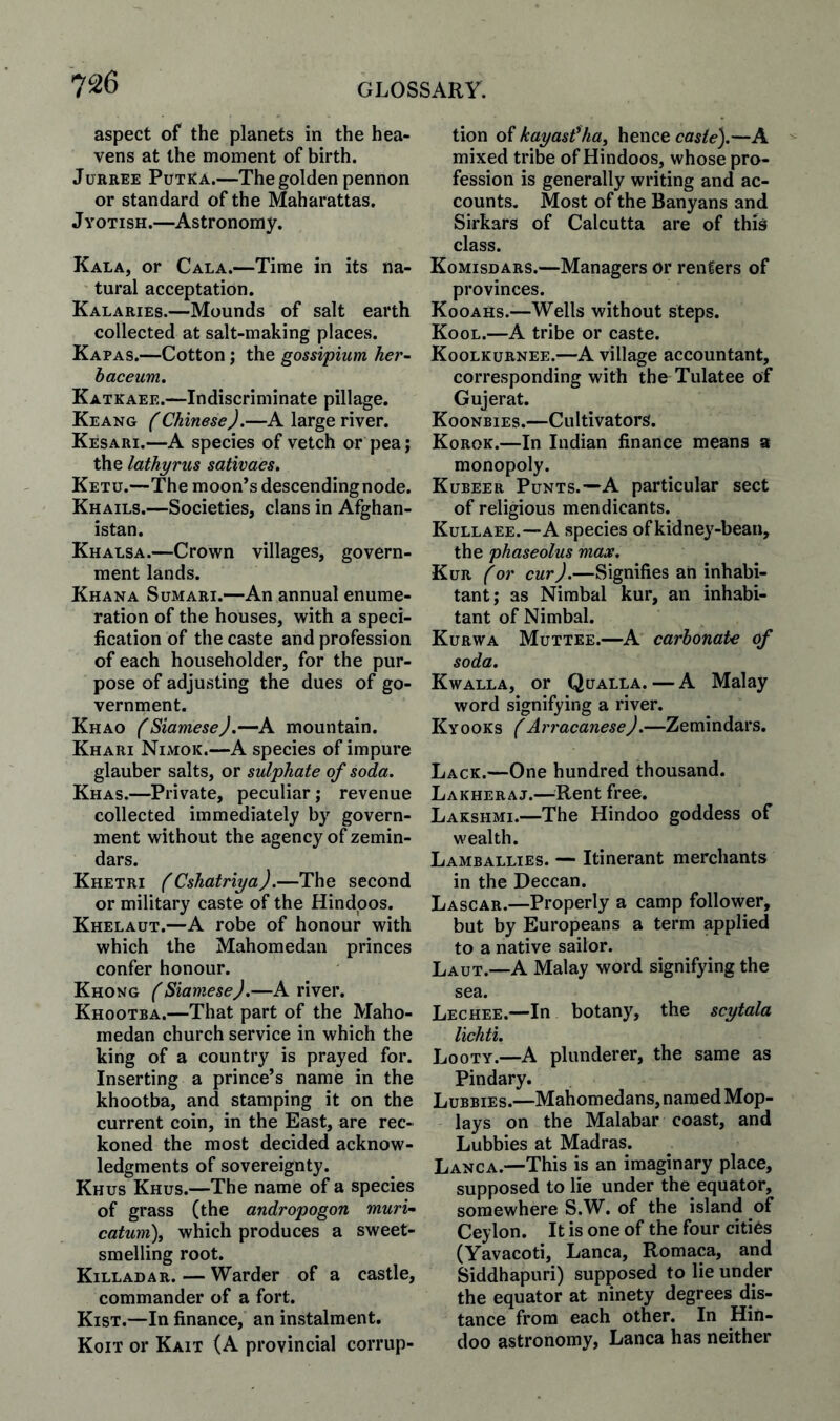 aspect of the planets in the hea¬ vens at the moment of birth. JuEREE PutEA.—The golden pennon or standard of the Maharattas. J YOTisH.—Astronomy. Kala, or Gala.—Time in its na¬ tural acceptation. Kalaries.—Mounds of salt earth collected at salt-making places. Kapas.—Cotton; the gossipium her- haceum, Katkaee.—Indiscriminate pillage. Keang Chinese).—A large river. Kesari.—A species of vetch or pea; the lathyrus sativaes. Ketu.—The moon’s descending node. Khails.—Societies, clans in Afghan¬ istan. Khalsa.—Crown villages, govern¬ ment lands. Khana Sumari.—An annual enume¬ ration of the houses, with a speci¬ fication of the caste and profession of each householder, for the pur¬ pose of adjusting the dues of go¬ vernment. Khao ('Siamese).—A mountain. Khari Nimok.—A species of impure glauber salts, or sulphate of soda. Khas.—Private, peculiar; revenue collected immediately by govern¬ ment without the agency of zemin¬ dars. Khetri (Cshatriya).—The second or military caste of the Hindoos. Khelaut.—A robe of honour with which the Mahomedan princes confer honour. Khong (Siamese).—A river. Khootba.—That part of the Maho¬ medan church service in which the king of a country is prayed for. Inserting a prince’s name in the khootba, and stamping it on the current coin, in the East, are rec¬ koned the most decided acknow¬ ledgments of sovereignty. Khus Khus.—The name of a species of grass (the andropogon muri- catum), which produces a sweet¬ smelling root. Kill AD A R. — Warder of a castle, commander of a fort. Kist.—In finance, an instalment, Koit or Kait (A provincial corrup¬ tion of kayast^ha^ hence caste).—A mixed tribe of Hindoos, whose pro¬ fession is generally writing and ac¬ counts. Most of the Banyans and Sirkars of Calcutta are of this class. Komisdars.—Managers or renters of provinces. Kooahs.—Wells without steps. Kool.—A tribe or caste. Koolkurnee.—A village accountant, corresponding with the Tulatee of Gujerat. Koonbies.—Cultivators. Korok.—In Indian finance means a monopoly. Kubeer Punts.—“A particular sect of religious mendicants. Kullaee.—A species ofkidnej'-bean, the phaseolus max. Kur (or cur).—Signifies an inhabi¬ tant; as Nimbal kur, an inhabi¬ tant of Nimbal. Kurwa Muttee.—A carbonate of soda. Kwalla, or Qualla. — A Malay word signifying a river. Kyooks (Arracanese).—Zemindars. Lack.—One hundred thousand. Lakheraj.—^^Rent free. Lakshmi.—The Hindoo goddess of wealth. Lamballies. — Itinerant merchants in the Deccan. Lascar.—Properly a camp follower, but by Europeans a term applied to a native sailor. Laut.—A Malay word signifying the sea. Lechee.—In botany, the scytala lichti. Looty.—A plunderer, the same as Pindary. Lubbies.—Mahomedans, named Mop- lays on the Malabar coast, and Lubbies at Madras. Lanca.—This is an imaginary place, supposed to lie under the equator, somewhere S.W. of the island of Ceylon. It is one of the four cities (Yavacoti, Lanca, Romaca, and Siddhapuri) supposed to lie under the equator at ninety degrees dis¬ tance from each other. In Hin¬ doo astronomy, Lanca has neither