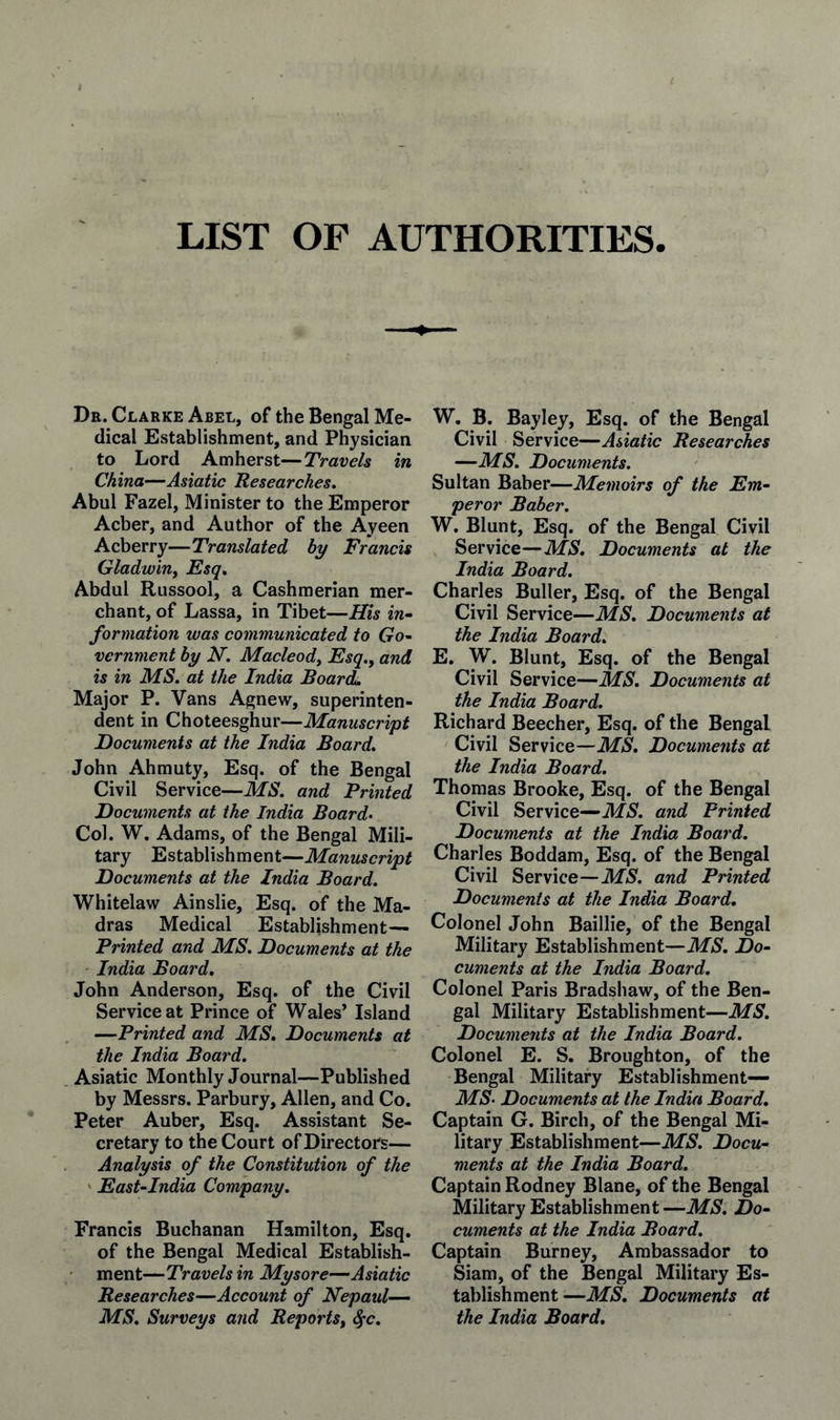 Dr. Clarke Abel, of the Bengal Me¬ dical Establishment, and Physician to Lord Amherst—Travels in China—Asiatic Researches. Abul Fazel, Minister to the Emperor Acber, and Author of the Ayeen Acberry—Translated by Francis Gladwin^ Esq. Abdul Russool, a Cashmerian mer¬ chant, of Lassa, in Tibet—His in- formation was communicated to Go¬ vernment by K. Macleody Esq., and is in MS. at the India Board Major P. Vans Agnew, superinten¬ dent in Choteesghur—Manuscript Documents at the India Board. John Ahmuty, Esq. of the Bengal Civil Service—MS. and Printed Documents at the India Boards Col. W. Adams, of the Bengal Mili¬ tary Establishment—Manuscript Documents at the India Board. Whitelaw Ainslie, Esq. of the Ma¬ dras Medical Establishment— Printed and MS. Documents at the ■ India Board. John Anderson, Esq. of the Civil Service at Prince of Wales* Island —Printed and MS. Documents at the India Board. Asiatic Monthly Journal—Published by Messrs. Parbury, Allen, and Co. Peter Auber, Esq. Assistant Se¬ cretary to the Court of Directors— Analysis of the Constitution of the ' East-India Company. Francis Buchanan Hamilton, Esq. of the Bengal Medical Establish- ' ment—Travels in Mysore—Asiatic Researches—Account of Nepaul-— MS. Surveys and Reports, ^c. W. B. Bayley, Esq. of the Bengal Civil Service—Asiatic Resear^es —MS. Documents. Sultan Baber—Memoirs of the Em¬ peror Baber. W. Blunt, Esq. of the Bengal Civil Service—MS. Documents at the India Board. Charles Buller, Esq. of the Bengal Civil Service—MS. Documents at the India Board. E. W. Blunt, Esq. of the Bengal Civil Service—MS. Documents at the India Board. Richard Beecher, Esq. of the Bengal Civil Service—MS. Documents at the India Board. Thomas Brooke, Esq. of the Bengal Civil Service—ilf5. and Printed Documents at the India Board. Charles Boddam, Esq. of the Bengal Civil Service—MS. and Printed Doeuments at the India Board. Colonel John Baillie, of the Bengal Military Establishment—MS. Do¬ cuments at the India Board. Colonel Paris Bradshaw, of the Ben¬ gal Military Establishment—MS. Documents at the India Board. Colonel E. S. Broughton, of the Bengal Military Establishment— MS- Documents at the India Board. Captain G. Birch, of the Bengal Mi¬ litary Establishment—MS. Docu¬ ments at the India Board. Captain Rodney Blane, of the Bengal Military Establishment —MS. Do¬ cuments at the India Board. Captain Burney, Ambassador to Siam, of the Bengal Military Es¬ tablishment—MS. Documents at the India Board.