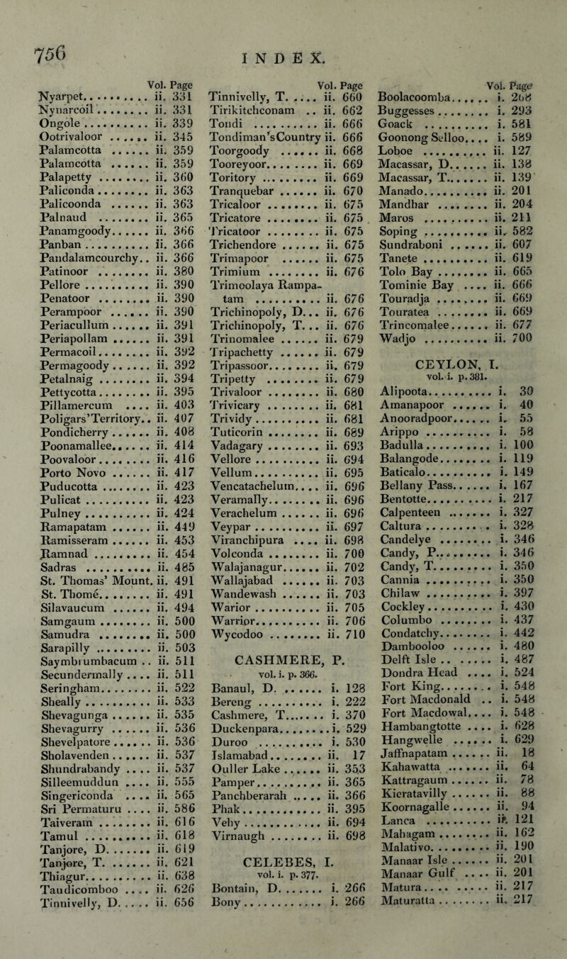 Vol. Page Nyarpet.ii. 331 Nynarcoil.ii. 331 Ongole.ii. 339 Ootrivaloor.ii. 345 Palamcotta .ii. 359 Palamcotta .ii. 359 Palapetty.ii. 360 Paliconda.ii. 363 Palicoonda .ii. 363 Palnaud .ii. 365 Panamgoody.ii. 366 Panban ..ii. 366 Pandalamcourchy.. ii. 366 Patinoor ..ii. 380 Pellore ..ii. 390 Penatoor .ii. 390 Peranipoor .ii. 390 Periacullum.ii. 391 Periapollam.ii. 391 Permacoil.ii. 392 Permagoody.ii. 392 Petalnaig.ii. 394 Pettycotta.ii. 395 Pillamercum .... ii. 403 Poligars’Territory.. ii. 407 Pondicherry.ii. 408 Poonamallee.,.. .. ii. 414 Poovaloor.ii. 416 Porto Novo.ii. 417 Puducotta.ii. 423 Pulicat.ii. 423 Pulney.ii. 424 Ramapatam.ii. 449 Ramisseram.ii. 453 Jlamnad.ii. 454 Sadras .ii. 485 St. Thomas’ Mount, ii. 491 St. Thome.ii. 491 Silavaucum .ii. 494 Samgaum.ii. 500 Samudra ..ii. 500 Sarapilly.ii. 503 Saymbiumbacum .. ii. 511 Secunderrnally .... ii. 511 Seringham.ii. 522 Sheally ..ii. 533 Shevagunga.ii. 535 Shevagurry .ii. 536 Shevelpatore.ii. 536 Sholavenden.ii. 537 Shundrabandy .... ii. 537 Silleemuddun .... ii. 555 Singericonda .... ii. 565 Sri Permaturu .... ii. 586 Taiveram.ii. 616 Tamul.ii. 618 Tanjore, D.ii. 619 Tanjore, T. ...... ii. 621 Thiagur..ii. 638 Taudicomboo .... ii. 626 Tinnivelly, D.ii. 656 Vol. Page Tinnivelly, T. .... ii. 660 Tirikitchconam .. ii. 662 Tondi .ii. 666 Tondiman’sCountry ii. 666 Toorgoody .ii. 668 Tooreyoor.ii. 669 Toritory. ii. 669 Tranquebar.ii. 670 Tricaloor.ii. 675 Tricatore.. ii. 675 'JVicatoor.ii. 675 Trichendore.ii. 675 Trimapoor .ii. 675 Trimium .ii. 676 Trimoolaya Rampa- tara . ii. 676 Trichinopoly, D... ii. 676 Trichinopoly, T. .. ii. 676 Trinomalee.ii. 679 Tripachetty.. ii. 679 Tripassoor.ii. 679 Tripetty .ii. 679 Trivaloor.ii. 680 4'rivicary.ii. 681 Trividy.ii. 681 Tuticorin.ii. 689 Vadagary. ii. 693 Vellore.ii. 694 Vellum.ii. 695 Vencatachelum.. ., ii. 696 Veramally.ii. 696 Verachelum.ii. 696 Veypar.ii. 697 Viranchipura .... ii. 698 Volconda.ii. 700 Walajanagur.ii. 702 Wallajabad .ii. 703 Wandewash.ii. 703 Warior.ii. 705 Warrior.ii. 706 Wycodoo... ii. 710 CASHMERE, P. vol. i. p. 366. Banaul, D. i. 128 Bereng. i. 222 Cashmere, T. i. 370 Duckenpara.i. 529 Duroo . i. 530 Islamabad.ii. 17 Ouller Lake.ii. 35.3 Pamper.ii. 365 Panchberarah. ii. 366 Phak.ii. 395 Vehy.ii. 694 Virnaugh.. ii. 698 CELEBES, 1. vol. i. p. 377. Bontain, D. i. 266 Bony. i. 266 Vol. Page Boolacoomba. i. 2(j8 Buggesses. i. 293 Goack . i. 581 Goonong Selloo.... i. 589 Loboe . ii. 127 Macassar, D.ii. 138 Macassar, T.ii. 139' Manado.ii, 201 Mandhar . ii. 204 Maros .ii. 211 Soping.ii, 582 Sundraboni.ii. 607 Tanete.ii. 619 Tolo Bay.ii. 665 Tominie Bay .... ii. 666 Touradja.ii. 669 Touratea ........ ii. 669 Trincomalee.ii. 677 Wadjo .ii. 700 CEYLON, T. vol. i. p. 381. Alipoota.i. 30 Amanapoor . i. 40 Anooradpoor,... ,. i. 55 Arippo.. i. 58 Badulla. i. 100 Balangode. i. 119 Baticalo. i. 149 Bellany Pass. i. 167 Bentotte.i. 217 Calpenteen . i. 327 Caltura.. . i. 328 Candelye . i. 346 Candy, P..o. i. 346 Candy, T...i. .350 Cannia.. i. 350 Chilaw.. i. 397 Cockley. i. 430 Colombo . i. 437 Condatchy... i. 442 Dambooloo . i. 480 Delft Isle .. ..... i. 487 Dondra Head .... i. 524 Fort King... i. 548 Fort Macdonald .. i. 548 Fort Macdowal.... i. 548 Hambangtotte .... i. 628 Hangwelle ...... i. 629 JafFnapatam.ii. 18 Kahawatta .ii. 64 Kattragaum.ii. 78 Kicratavilly.ii. 88 Koornagalle ...... ii. 94 Lanca .iK 121 Mahagam.. ii. 162 Malati VO. ....... • ii. 190 Manaar Isle.ii. 201 Manaar Gulf .... ii. 201 Matura. ii. 217 Maturatta.ii. 217