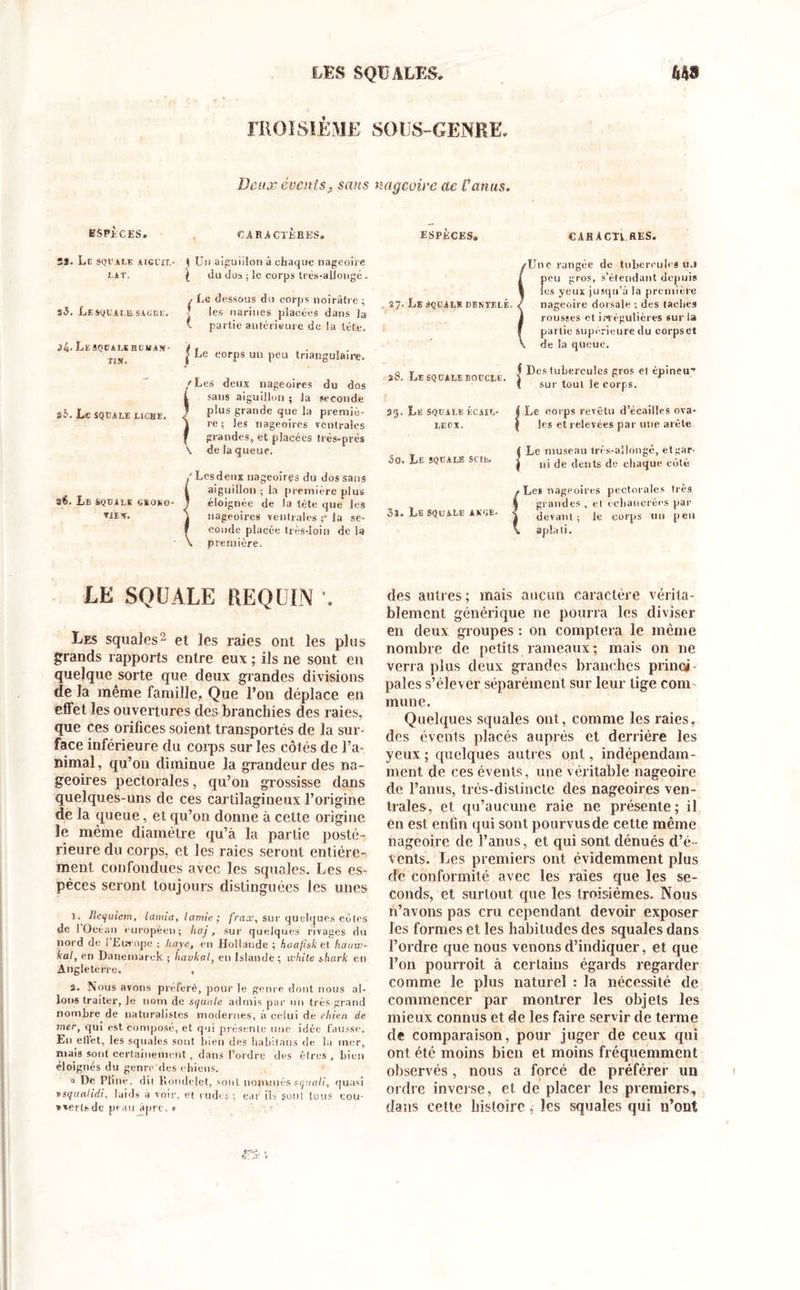 LES SQUALES» 649 niOïSIÈME SOUS-GENRE» Deux évents, sans nageoire ae l’anus. ESPACES. CARACTERES. ESPECES» CAR A CTI RES. Sî. Le squale aigltl- J Un aiguillon à chaque nageoire lat. I du doa ; le corps trés-aUongé. / Le dessous du corps noirâtre ; sS. Le squale, sache. j les narines placées dans la i partie antérieure de la tête. ik- Le squalehl aéa!»- T! N. I Le eorps un peu triangulaire. /Les deux nageoires du dos sans aiguillon ; la seconde sb. Le squale ucHE. < plus grande que la premié- i sans aiguillon ; la seconde * plus grande que la premié | re; les nageoires ventrale f grandes, et placées très-pre de la queue. s près 36. Le squale gsoxo VIE*. Les deux nageoires du dos sans aiguillon ; la première plus éloignée de la tète que les i nageoires ventrales ;• la se- f coude placée très-loin de la V première, / ■I 27. Le squale dentelé. fUnc rangée de tubercules 11.» peu gros, s’étendant depuis les yeux jusqu’à la première nageoire dorsale ; des taches rousses et irrégulières sur la partie supérieure du corpset de la queue. t f Des tubercules gros et épineu-* ao. Le SQUALE BOUCLE. < e r 35. Le squale écail- leux. ( sur tout le corps. | Le corps revêtu d’écailîes ova* | les et relevées par une arête ( Le museau très-allongé, et gar- 5o. Le squale sue, | „j de dents de chaque côté 5a. Le squale axge. t Les nageoires pectorales très | grandes , et échancrêes par \ devant; le corps un peu \ aplati. LE SQUALE REQUIN Les squales2 et les raies ont les plus grands rapports entre eux ; ils ne sont en quelque sorte que deux grandes divisions de la même famille. Que l’on déplace en effet les ouvertures des branchies des raies, que ces orifices soient transportés de la sur- face inférieure du corps sur les côtés de l’a- nimal, qu’on diminue la grandeur des na- geoires pectorales, qu’on grossisse dans quelques-uns de ces cartilagineux l’origine de la queue, et qu’on donne à cette origine le même diamètre qu’à la partie posté- rieure du corps, et les raies seront entière- ment confondues avec les squales. Les es- pèces seront toujours distinguées les unes J. Requiem, lamia, lamie; frax, sur quelques côtes de 1 Océan européen; haj, sur quelques rivages du nord de l’Europe ; kaye, eu Hollande ; hua/isket hauw- kal, en Daneinarek ; liaukal, en Islande; white ihark en Angleterre. , 3. Nous avons préféré, pour le genre dont nous al- lons traiter, Je nom de squale admis par un très-grand nombre de naturalistes modernes, à celui de rhieri de mer, qui est composé, et qui présente une idée fausse. En etlet, les squales sont bien des habilatis de la mer, niais sont certainement , dans l’ordre des êtres, bien éloignés du genre des chiens. “ De Pline, dit Rondelet, sont noin-més squali, quasi tsqualidi, laids a voir, et rudes ; car ils sont tous cou- verts de peau âpre, » des autres; mais aucun caractère vérita- blement générique ne pourra les diviser en deux groupes : on comptera le même nombre de petits rameaux; mais on ne verra plus deux grandes branches princj pales s’élever séparément sur leur lige com mune. Quelques squales ont, comme les raies, des évents placés auprès et derrière les yeux ; quelques autres ont, indépendam- ment de ces évents, une véritable nageoire de l’anus, très-distincte des nageoires ven- trales, et qu’aucune raie ne présente; il en est enfin qui sont pourvus de cette même nageoire de l’anus, et qui sont dénués d’é- vents. Les premiers ont évidemment plus de conformité avec les raies que les se- conds, et surtout que les troisièmes. Nous n’avons pas cru cependant devoir exposer les formes et les habitudes des squales dans l’ordre que nous venons d’indiquer, et que l’on pourroit à certains égards regarder comme le plus naturel : la nécessité de commencer par montrer les objets les mieux connus et de les faire servir de terme de comparaison, pour juger de ceux qui ont été moins bien et moins fréquemment observés , nous a forcé de préférer un ordre inverse, et de placer les premiers, dans celte histoire, les squales qui u’ont