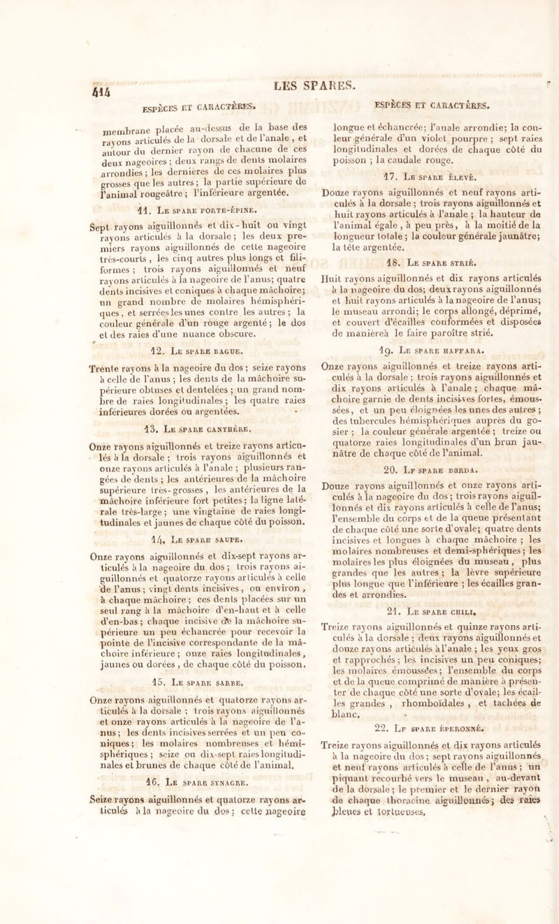 m ESP-ÈCF.S EX CiVÜÀC'XERï'iS» membrane placée au-dessus de h base des rayons articulés de la dorsale et de l'anale , et autour du dernier rayon de chacune de ces deux nageoires ; deux rangs de dents molaires arrondies ; les dernières de ces molaires plus grosses que les autres ; la partie supérieure de l’animal rougeâtre ; l’inférieure argentée. 11. Le spare porte-épine. Sept rayons aiguillonnés et dix-huit ou vingt rayons articulés k la dorsale ; les deux pre- miers rayons aiguillonnés de cette nageoire très-courts , les cinq autres plus longs et fili- formes ; trois rayons aiguillonnés et neuf rayons articulés k la nageoire de l’anus; quatre dents incisives et coniques k chaque mâchoire; un grand nombre de molaires hémisphéri- ques , et serrées les unes contre les autres ; la couleur générale d’un rouge argenté ; le dos et des raies d’une nuance obscure. f 12. Le spare bague. Trénte rayons k la nageoire du dos ; seize rayons k celle de l'anus ; les dents de la mâchoire su- périeure obtuses et dentelées ; un grand nom- bre de raies longitudinales; les quatre raies inférieures dorées ou argentées. 13. Le spare canthère. Onze rayons aiguillonnés et treize rayons articu- lés k la dorsale ; trois rayons aiguillonnés et onze rayons articulés k l’anale ; plusieurs ran- gées de dents ; les antérieures de la mâchoire supérieure très-grosses , les antérieures de la mâchoire inférieure fort petites ; la ligne laté- rale très-large ; une vingtaine de raies longi- tudinales et jaunes de chaque côté du poisson. 1/). Le spare saupe. Onze rayons aiguillonnés et dix-sept rayons ar- ticulés k la nageoire du dos; trois rayons ai- guillonnés et quatorze rayons articulés k celle de l’anus ; vingt dents incisives , ou environ , k chaque mâchoire ; ces dents placées sur un seul rang k la mâchoire d’en-haut et k celle d’en-bas ; chaque incisive d*e la mâchoire su- périeure un peu échancrée pour recevoir la pointe de l’incisive correspondante de la mâ- choire inférieure ; onze raies longitudinales, jaunes ou dorées , de chaque côté du poisson. 15. Le spare sarbe. Onze rayons aiguillonnés et quatorze rayons ar- ticulés k la dorsale ; trois rayons aiguillonnés et onze rayons articulés k la nageoire de l’a- nus ; les dents incisives serrées et un peu co- niques; les molaires nombreuses et hémi- sphériques; seize ou dix-sept raies longitudi- nales et brunes de chaque côté de l’animal. 16. Le spare synagre. Seize rayons aiguillonnés et quatorze rayons ar- ticulés k la nageoire du dos ; cette nageoire ESPÈCES ET CARACTÈRES. longue et échancrée; l’anale arrondie; la cou- leur générale d’un violet pourpre ; sept raies longitudinales et dorées de chaque côté du poisson ; la caudale rouge. 17. Le spare élevé. Douze rayons aiguillonnés et neuf rayons arti- culés k la dorsale ; trois rayons aiguillonnés et huit rayons articulés k l’anale ; la hauteur de l’animal égale , k peu près, k la moitié de la longueur totale ; la couleur générale jaunâtre; la tête argentée. 18. Le spare strié. Huit rayons aiguillonnés et dix rayons articulés k la nageoire du dos; deux rayons aiguillonnés et huit rayons articulés k la nageoire de l’anus; le museau arrondi; le corps allongé, déprimé, et couvert d’écailles conformées et disposées de manièrek le faire paroître strié. I9. Le spare haffara. Onze rayons aiguillonnés et treize rayons arti- culés k la dorsale ; trois rayons aiguillonnés et dix rayons articulés k l’anale ; chaque mâ- choire garnie de dents incisi-ves fortes, émous- sées , et un peu éloignées les unes des autres ; des tubercules hémisphériques auprès du go- sier ; la couleur générale argentée ; treize ou quatorze raies longitudinales d’un brun jau- nâtre de chaque côté de l’animal. 20. Lf SPARE BaRDA. Douze rayons aiguillonnés et onze rayons arti- culés k la nageoire du dos; trois rayons aiguil- lonnés et dix rayons articulés k celle de l’anus; l’ensemble du corps et de la queue présentant de chaque côté une sorte d’ovale; quatre dents incisives et longues k chaque mâchoire ; les molaires nombreuses et demi-sphériques; les molaires les plus éloignées du museau , plus grandes que les autres ; la lèvre supérieure plus longue que l’inférieure ; les écailles gran- des et arrondies. 21. Le spare chili. Treize rayons aiguillonnés et quinze rayons arti- culés kla dorsale ; deux rayons aiguillonnés et douze rayons articulés k l’anale ; les yeux gros et rapprochés ; les incisives un peu coniques; les molaires émoussées ; 1’ensembîe du corps et de la queue comprimé de manière k présen- ter de chaque côté une sorte d’ovale; les écail- les grandes , rhomboïdales , et tachées de blanc. 22. Lf spare éperonné. Treize rayons aiguillonnés et dix rayons articulés k la nageoire du dos ; sept rayons aiguillonnés et neuf rayons articulés k celle de l’anus ; un piquant recourbé vers le museau , au-devant de la dorsale ; le premier et le dernier rayon de chaque thoracine aiguillonnés; des l’aies Jjleues et tortueuses-
