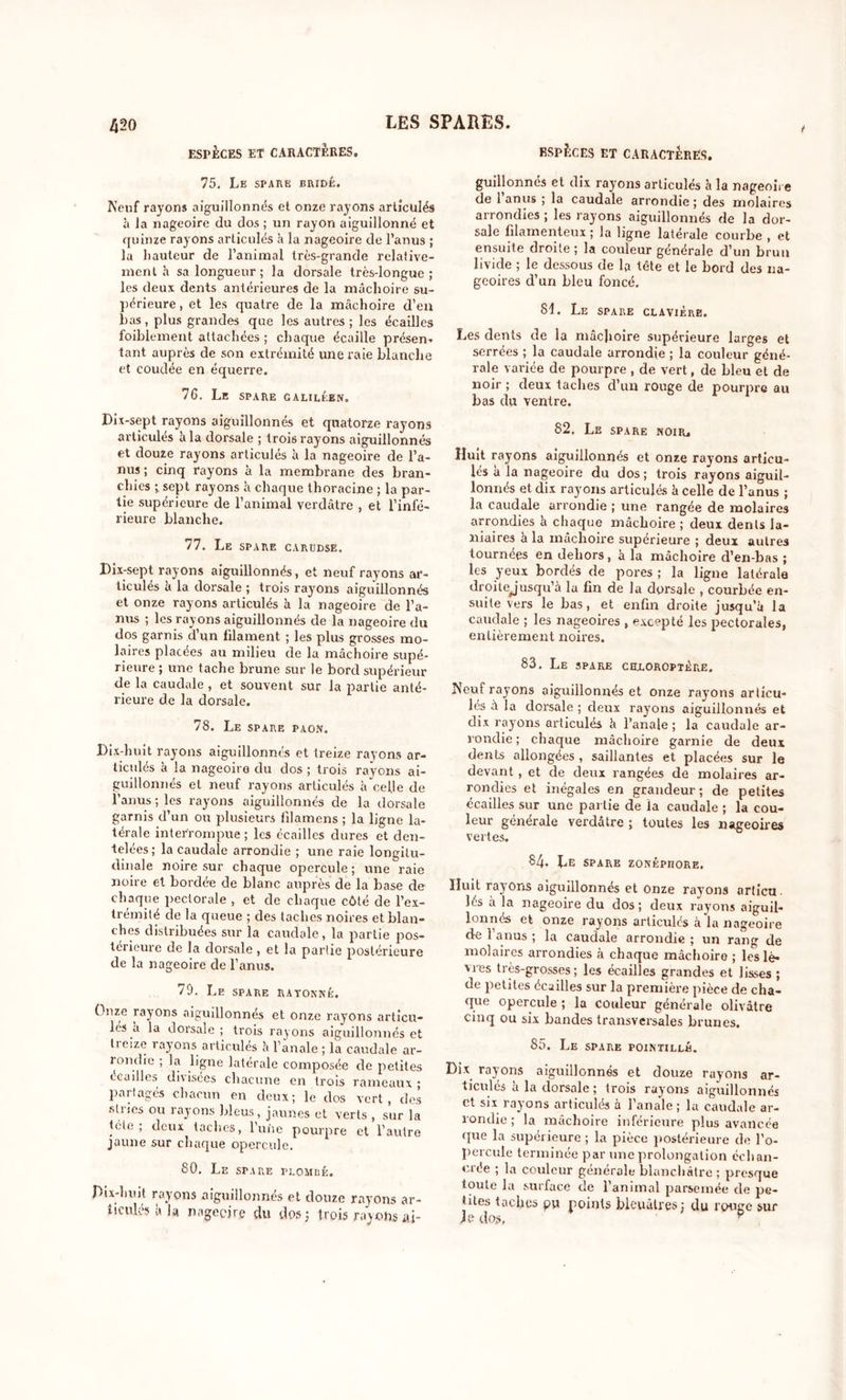 ESPÈCES ET CARACTÈRES, 75. Le spare bridé. Neuf rayons aiguillonnés et onze rayons articulés à la nageoire du dos ; un rayon aiguillonné et quinze rayons articulés à la nageoire de l’anus ; la hauteur de l’animal très-grande relative- ment h sa longueur; la dorsale très-longue; les deux dents antérieures de la mâchoire su- périeure, et les quatre de la mâchoire d’en bas, plus grandes que les autres; les écailles foiblement attachées ; chaque écaille présen- tant auprès de son extrémité une raie blanche et coudée en équerre. 76. Le spare caliléen. Dix-sept rayons aiguillonnés et quatorze rayons articulés à la dorsale ; trois rayons aiguillonnés et douze rayons articulés à la nageoire de l’a- nus ; cinq rayons à la membrane des bran- chies ;. sept rayons à chaque thoracine ; la par- tie supérieure de l’animal verdâtre , et l’infé- rieure blanche. 77. Le spare carbdse. I)ix-sept rayons aiguillonnés, et neuf rayons ar- ticulés à la dorsale ; trois rayons aiguillonnés et onze rayons articulés à la nageoire de l'a- nus ; les rayons aiguillonnés de la nageoire du dos garnis d’un filament ; les plus grosses mo- laires placées au milieu de la mâchoire supé- rieure ; une tache brune sur le bord supérieur de la caudale , et souvent sur la partie anté- rieure de la dorsale. 78. Le spare paon. Dix-huit rayons aiguillonnés et treize rayons ar- ticulés à la nageoire du dos ; trois rayons ai- guillonnés et neuf rayons articulés à celle de l'anus ; les rayons aiguillonnés de la dorsale garnis d’un ou plusieurs filamens ; la ligne la- térale interrompue; les écailles dures et den- telées ; la caudale arrondie ; une raie longitu- dinale noire sur chaque opercule; une raie noire et bordée de blanc auprès de la base de chaque pectorale , et de chaque côté de l’ex- trémité de la queue ; des taches noires et blan- ches distribuées sur la caudale, la partie pos- térieure de la dorsale, et la partie postérieure de la nageoire de l’anus. 79. Le spare ratonné. Onze rayons aiguillonnés et onze rayons articu- lés a la dorsale; trois rayons aiguillonnés et tieize rayons articulés h l’anale ; la caudale ar- rondie ; la ligne latérale composée de petites écaillés divisées chacune en trois rameaux; partagés chacun en deux; le dos vert, des stries ou rayons bleus, jaunes et verts , sur la tète ; deux taches, l’une pourpre et l’autre jaune sur chaque opercule. S0. Le SPARE PLOMBÉ, Dix-huit rayons aiguillonnés et douze rayons ar- ticulés à la nageoire du dos; trois rayonsaj- BSPÈCES ET CARACTÈRES. guillonnés et dix rayons articulés à la nageoire de l’anus ; la caudale arrondie; des molaires arrondies ; les rayons aiguillonnés de la dor- sale filamenteux ; la ligne latérale courbe , et ensuite droite ; la couleur générale d’un brun livide ; le dessous de la tête et le bord des na- geoires d’un bleu foncé. Si. Le SPARE CLAVIÈRE. Les dents de la mâchoire supérieure larges et serrées ; la caudale arrondie ; la couleur géné- rale variée de pourpre , de vert, de bleu et de noir ; deux taches d’un rouge de pourpre au bas du ventre. 82, Le spare noir. Huit rayons aiguillonnés et onze rayons articu- lés a la nageoire du dos; trois rayons aiguil- lonnés et dix rayons articulés à celle de l’anus ; la caudale arrondie ; une rangée de molaires arrondies à chaque mâchoire ; deux dents la- rdai res à la mâchoire supérieure ; deux autres tournées en dehors, à la mâchoire d’en-bas ; les yeux bordés de pores ; la ligne latérale droilejusqu’à la fin de la dorsale , courbée en- suite vers le bas, et enfin droite jusqu’à la caudale ; les nageoires , excepté les pectorales, entièrement noires. 83. Le spare crloroptére. NTeui rayons aiguillonnés et onze rayons articu- les à la dorsale ; deux rayons aiguillonnés et dix rayons articulés à l’anale ; la caudale ar- rondie ; chaque mâchoire garnie de deux dents allongées , saillantes et placées sur le devant, et de deux rangées de molaires ar- rondies et inégales en grandeur; de petites écailles sur une partie de la caudale ; la cou- leur générale verdâtre ; toutes les nageoires vertes. 84. Le SPAP.E ZONÉPHORE. Huit rayons aiguillonnés et onze rayons articu- lés à la nageoire du dos; deux rayons aiguil- lonnés et onze rayons articulés à la nageoire de 1 anus ; la caudale arrondie ; un rang de molaires arrondies à chaque mâchoire ; les lè- vres très-grosses; les écailles grandes et lisses ; de petites écailles sur la première pièce de cha- que opercule ; la couleur générale olivâtre cinq ou six bandes transversales brunes. 85. Le spare pointillé. Dix rayons aiguillonnés et douze rayons ar- ticulés à la dorsale ; trois rayons aiguillonnés et six rayons articulés à l’anale ; la caudale ar- rondie ; la mâchoire inférieure plus avancée que la supérieure ; la pièce postérieure de l'o- percule terminée par une prolongation cchan- orée ; la couleur générale blanchâtre ; presque toute la surface de l’animal parsemée de pe- tites taches pu points bleuâtres; du rouge sur Je dos, •