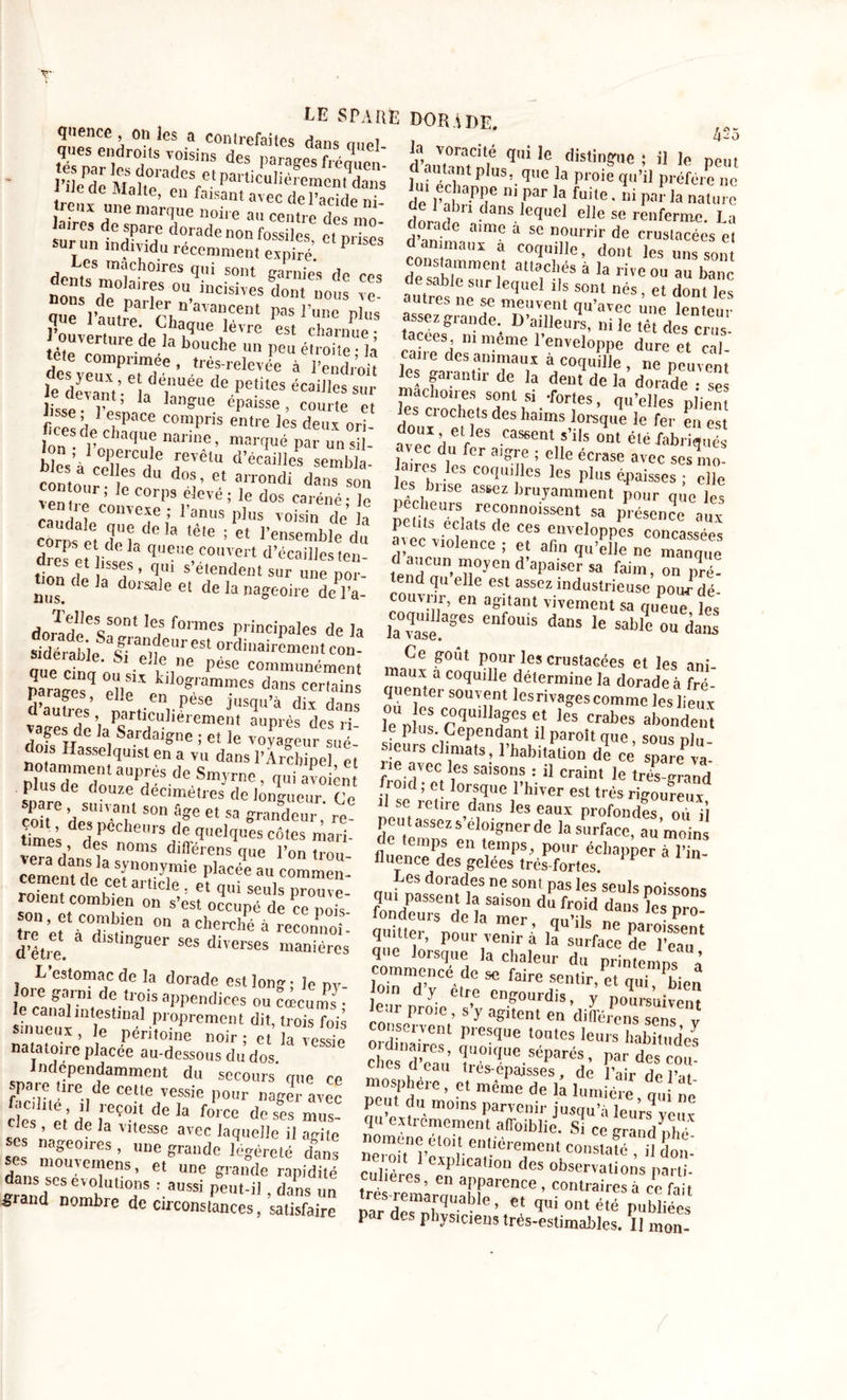 J. là. Il qnence , on les a contrefaites dans quel ques endroits voisins des parages fréquen S Malt°eraenSf*' parliculic' emcn, dans Çï&amp;-SK~5 « S pas *■'!- pi». wn.5 uii. d’amfff qui lc,dislin?« : « le peut &lt;1 autant plus, que la proie qu’il préfère ne dorade V^nS eqUei elic se rellferme. La j) • lime a se nourrir de crustacées et dannaux a coquille, dont les uns son ntt;ta^.àlariveoun.aC autres np i que S S°lU nés ’ et d«nt les autres ne se meuvent qu’avec une lenteur assez grande. D’ailleurs, ni le têt des crus cairedes1 mêmC renveloPPe dure et cal- cane des animaux a coquille , ne peuvent les garantir de la dent de la dorade : ses f aclioues sont si -fortes, qu’elles nlienf les crochets des haims lorsque le fer en est avorrl 6 f GS CaS6Gnt 5’ils °nt été fabriqués av ec du fer aigre ; elle écrase avec ses mm aires les coquilles les plus épaisses ;elle les bnsc assez bruyamment pour que les pécheurs reconnoissent sa présence auv petits éclats de ces enveloppes concassées avec violence ; et afin qu’elle ne manque d aucun moyen d’apaiser sa faim, on pré- tend qu elle est assez industrieuse pour* dé couvrir, en agitant vivement sa queue les la0?ase.ageS enf°U1S danS le sable ou daîls Ce goût pour les crustacées et les mi maux à coquille détermine la dorade à fré'- quentei souvent les rivages comme les lieuv ou les coquillages et les crabes abondent le plus. Cependant il paroît que, sous plu sieurs climats, l’habitation de ce spareva froid’'et ïf “ 11 craim ie très-grand roid, et lorsque 1 hiver est très rigoureux &gt;1 se retire dons les eaux profondes of tl de“èmpsZe,i1?égnerdC lasurface’ a-’moins Les dorades ne sont pas les seuls poissons fondeurTdila5'me?,*qu’ü^ f ^ P1'°~ quitter, pour venir à la surface de T’eau*1 qae lorsque la chaleur du printemps a loinTvCe , 0 * faire sentir- èt qui, Men leur proie ! s&gt; Xfen conservent presque tontes leurs habitudes c£Te» ï°I‘!Ue-5éparé*’ Par des cou- s (1 eau ties-epajsses, de l’air dp i*a» mosphére, et même de la lumière qui ne peut du moins parvenir jusqu’à leur?veut qu extrêmement affoiblie. Si ce grand nh? neroitni’pl0rent-iérement consU“é &gt; ü don- cul èrei CXpîlCatl0n des observations parti- culieres, en apparence , contraires à ce fait tres-remarquabie, et qui ont été publiées par des physiciens trés-estimables. Il mon- r—w uatduceni pas] que l’autre. Chacrue lèvr- , * l’ouverture dè la bouche un peu éîrouf h des veuT1&gt;l,ô!l’C ' tTrelcvéc à l’endroit le devant- a inUee de.Petitcs Vailles sur lisse ri’ ian”ue el,aisse - courte et lires de el PaCe C°mpris entre ics de“x ori- i , laque narine, marqué par un sil- &amp;à Xrede revêtu d’écaiiies sembla- mm s ’ u dos- et arrondi dans son con ourtle corps élevé ; le dos caréné l” yen ,e convexe; l’anus plus voisin de la TV10 la ,éle ; et l’ensemble dù dif iri ] “ qee co'lvert d’écailles ten- f- i i1SSGiS ’ &lt;pn s étendent sur une por- «■on de la dorsale et de la nageoire défi dorade%fnt ,eJ formcs principales de la sidérabîe eUreSt ordiliairement con- que cino m. c- 'îV6 pese communément Parais Zl ^grammes d™s certains d’aufres’ PeSG JUSfIu’à dix dans vages dol/s rt iei enient auPrès des ri- , Sardaj?ne ; et le voyageur sué dois Hasselquist en a vu dans l’LEe * notamment auprès de Smyrne/au avo en Plus de douze décimètres de longueur Ce spare suivant son âge et sa grand ur ,' re Um4 deiPCCheUrS * quelques côtes n’iail verad’ami » diflerens que l’on trou- cemem de 'r,nyr,e placée au eommen- tre’efàCTsren “ a à reconCii d’être. d Ünïuer ses diverses manières -, Y“,omac de la dorade est long ; le ny- -ote garni de trois appendices ou cæcums • “lnr-Dal .P'.nprement dit, trois fois Sinueux , le péritoine noir ; et la vessie natatoire placée au-dessous du dos Indepen^mment du secours que ce spare ire de cette vessie pour nager avec clés et’ d'é !eçoit delà force desfs mus! es , et de la vitesse avec laquelle il agite ses nageoires , une grande légèreté dans ses mouvemens, et une grande rapidité dans ses évolutions : aussi peut-il dins un grand nombre de circonstances, satisfaire