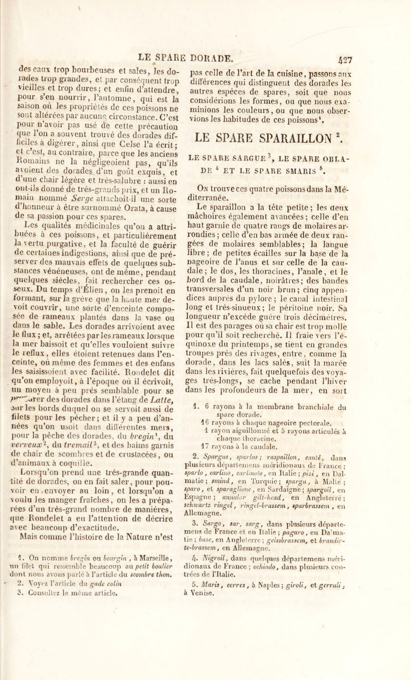LE S FA RE DORADE, clés eaux trop bourbeuses et saîes, îes do- rades trop grandes, et par conséquent trop vieilles et trop dures ; et enfin d’attendre, pour s’en nourrir, l’automne, qui est la saison où les propriétés de ces poissons ne sont altérées par aucune circonstance. C’est pour n avoir pas usé cïe cette précaution que l’on a souvent trouvé des dorades dif- ficiles à digérer, ainsi que Celse l’a écrit; cl c’est, au contraire, parce que les anciens Romains ne la négligeoient pas, qu’ils ayoient des dorade^d’un goût exquis, et d’une chair légère et très-salubre : aussi en ont-ils donné de très-grands prix, et un Ro- main nommé Serge attaehoit-il une sorte d’honneur à être surnommé Orata, à cause de sa passion pour ces spares. Les qualités médicinales qu’on a attri- buées à ces poissons, et particulièrement la vertu purgative, et la faculté de guérir de certaines indigestions, ainsi que de pré- server des mauvais effets de quelques sub- stances vénéneuses, ont de même, pendant quelques siècles, fait rechercher ces os- seux. Du temps d’JÉlien, on les prenoit en formant, sur la grève que la haute mer de- voit couvrir, une sorte d’enceinte compo- sée de rameaux plantés dans la vase ou dans le sable. Les dorades arrivoient avec le flux ; et, arrêtées par les rameaux lorsque la mer baissoit et qu’elles vouloient suivre le reflux, elles étoient retenues dans l’en- ceinte, où même des femmes et des enfans les saisissoient avec facilité. Rondelet dit qu’on emplovoit, à l’époque où il écrivoit, un moyen à peu prés semblable pour se p^'Curer des dorades dans l’étang de Latte, 3ur les bords duquel on se servoit aussi de filets pour les pécher; et il y a peu d’an- nées qu’on usoit dans différentes mers, pour la pêche des dorades, du breginh du verveux2, du tremail3, et des baims garnis de chair de scombres et de cruslacées, ou d’animaux à coquille. Lorsqu’on prend une très-grande quan- tité de dorades, on en fait saler, pour pou- voir en,envoyer au loin, et lorsqu’on a voulu les manger fraîches, on les a prépa- rées d’un très-grand nombre de manières, que Rondelet a eu l’attention de décrire avec beaucoup d’exactitude. Mais comme l’histoire de la Nature n’est 1. On nomme bregin ou bourgln , h Marseille, un filet qui ressemble beaucoup au petit boulier dont nous avons parlé à l’article du scombre thon. 2. Voyez l’article du gade colin 3. Consultez le môme article. 427 pas celle de l’art de la cuisine, passons aux dillérences qui distinguent des dorades les autres espèces de spares, soit que nous considérions les formes, ou que nous exa- minions les couleurs, ou que nous obser- vions les habitudes de ces poissons1. LE SFARE SPARAILLON 2. LE SPARE SÀRGUE3, LE SPARE ORLA- DK 4 ET LE SPARE SMARIS 6. On trouve ces quatre poissons dans la Mé- diterranée. Le sparaillon a la tête petite ; les deux mâchoires également avancées; celle d’en haut garnie de quatre rangs de molaires ar- rondies ; celle d’en bas armée de deux ran- gées de molaires semblables; la langue libre ; de petites écailles sur la base de la nageoire de l’anus et sur celle de la cau- dale ; le dos, les thoracines, l’anale, et le bord de la caudale, noirâtres; des bandes transversales d’un noir brun; cinq appen- dices auprès du pylore ; le canal intestinal long et très-sinueux; le péritoine noir. Sa longueur n’excède guère trois décimètres. Il est des parages ou sa chair est trop molle pour qu’il soit recherché. Il fraie vers l’é- quinoxe du printemps, se tient en grandes troupes près des rivages, entre, comme la dorade, dans les lacs salés, suit la marée dans les rivières, fait quelquefois des voya- ges très-longs, se cache pendant l’hiver dans les profondeurs de la mer, en sort 1. 6 rayons h la membrane branchiale du spare dorade. 16 rayons à chaque nageohe pectorale. 1 rayon aiguillonné et 5 rayons articulés à chaque llioracine, 17 rayons h la caudale. 2. Spargus, sparlus ; raspaillon, cantê, dans plusieurs départemens méridionaux de France; sparlo, car lino, car lino lo, en Italie; pizi, en Dal- malie ; smind, en Turquie ; tpargu, à Malle ; sparo, et sparaglione, en Sardaigne; spargoil, en Espagne; annular gilt-head, en Angleterre; schwartz ringel, ringd-brassem, sparbrassem , en Allemagne. 3. Sargo, sar, sarg, dans plusieurs départe- mens de France et en Italie ; pagaro, en Da’ma- tie ; base, en Angleterre; geissbrasscm, et brandir- te-brassem, en Allemagne. 4- Nigroil, dans quelques déparlemcns méri- dionaux de France ; ochiado, dans plusieurs con- trées de l’Italie. 5. Maris, cerres , à Naples; giroli, et gerruii à Venise.