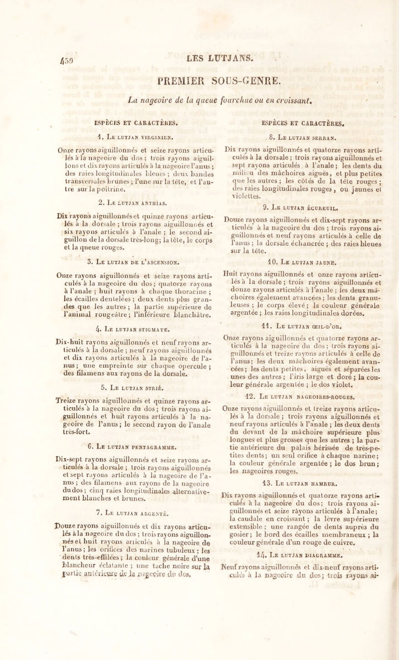 PREMIER SOUS-GENRE. La nageoire de la queue fourchue ou en croissant. / ESPÈCES ET CARACTÈRES. 1. Le lutjan virginien. Onze rayons aiguillonnés et seize rayons articu- lés à la nageoire du dos; trois rayons aiguil- lons et dix rayons articulés à la nageoire l’anus ; des raies longitudinales bleues; deux bandés transversales brunes ; l’une sur la tête, et l’au- tre sur la poitrine. 2. Le lutjan antuias. Dix rayons aiguillonnés et quinze rayons articu- lés à la dorsale ; trois rayons aiguillonnés et six rayons articulés h l’anale ; le second ai- guillon de la dorsale très-long; la tôle, le corps et la queue rouges. 3. Le lutjan de l’ascension. Onze rayons aiguillonnés et seize rayons arti- culés U la nageoire du dos ; quatorze rayons à l’anale : huit rayons à chaque thoracine ; les écailles dentelées ; deux dents plus gran- des que les autres ; la partie supérieure de l’animal rougeâtre; l’inférieure blanchâtre. 4- Le lutjan stigmate. Dix-huit rayons aiguillonnés et neuf rayons ar- ticulés à la dorsale ; neuf rayons aiguillonnés et dix rayons articulés à la nageoire de l’a- nus; une empreinte sur chaque opercule; des filamens aux rayons de la dorsale. 5. Le lutjan strié. Treize rayons aiguillonnés et quinze rayons ar- ticulés à la nageoire du dos ; trois rayons ai- guillonnés et huit rayons articulés à la na- geoire de l’anus; le second rayon de l’anale très-fort. 6. Le lutjan pentagramme. Dix-sept rayons aiguillonnés et seize rayons ar- ticulés à la dorsale ; trois rayons aiguillonnés et sept rayons articulés à la nageoire de l’a- nus ; des filamens aux rayons de la nageoire du dos; cinq raies longitudinales alternative- ment blanches et brunes. 7. Le lutjan argenté. Douze rayons aiguillonnés et dix rayons articu- lés àla nageoire du dos ; trois rayons aiguillon- nés et huit rayons ariiculés h la nageoire de l’anus; les orifices des narines tubuleux ; les dents très-eflilées ; la couleur générale d’une blancheur éclatante; une tache noire sur la, i-wlic a nié rieurs déjà .nageoire du des. ESPÈCES ET CARACTÈRES. , 8. Le lutjan serran. Dix rayons aiguillonnés et quatorze ravons arti- culés k la dorsale ; trois rayons aiguillonnés et sept rayons articulés à l’anale; les dents du milieu des mâchoires aigues, et plus petites que les autres ; les côtés de la tête rouges ; des raies longitudinales rouges , ou jaunes et violettes. 9. Le lutjan écureuil. Douze rayons aiguillonnés et dix-sept rayons ar- ticulés à la nageoire du dos ; trois rayons ai- guillonnés et neuf rayons articulés à celle de l’anus; la dorsale échancrée ; des raies bleues sur la tête. 10. Le lutjan jaune. Huit rayons aiguillonnés et onze rayons articu- lés à la dorsale; trois rayons aiguillonnés et douze rayons articulés h l’anale ; les deux mâ- choires également avancées; les dents granu- leuses ; le corps élevé ; la couleur générale argentée ; les raies longitudinales dorées. 11. Le lutjan oeil-d’or. Onze rayons aiguillonnés et quatorze rayons ar- ticulés àla nageoire du dos; trois rayons ai- guillonnés et treize rayions articulés à celle de l’anus; les deux mâchoires également avan- cées; les dents petites, aiguës et séparées les unes des autres ; l’iris large et doré ; la cou- leur générale argentée ; le dos violet. 12. Le lutjan nageoires-rouges. Onze rayons aiguillonnés et treize rayons articu- lés à la dorsale ; trois rayons aiguillonnés et neuf rayons articulés à l’anale ; les deux dents du devant de la mâchoire supérieure plus longues et plus grosses que les autres ; la par- tie antérieure du palais hérissée de très-pe- tites dents; un seul orifice à chaque narine; la couleur générale argentée ; le dos brun ; les nageoires rouges. 13. Le lutjan hamrur. Dix rayons aiguillonnés et quatorze rayons arti- culés k la nageoire du dos; trois rayons ai- guillonnés et seize ràyons articulés k l’anale; la caudale en croissant ; la lèvre supérieure extensible ; une rangée de dents auprès du gosier ; le bord des écailles membraneux ; la couleur générale d’un rouge de cuivre. 14. Le lutjan diagramme. ISeuf rayons aiguillonnés et dix-neuf rayons arti- cules à la nageoire du dos; trois rayons ai-