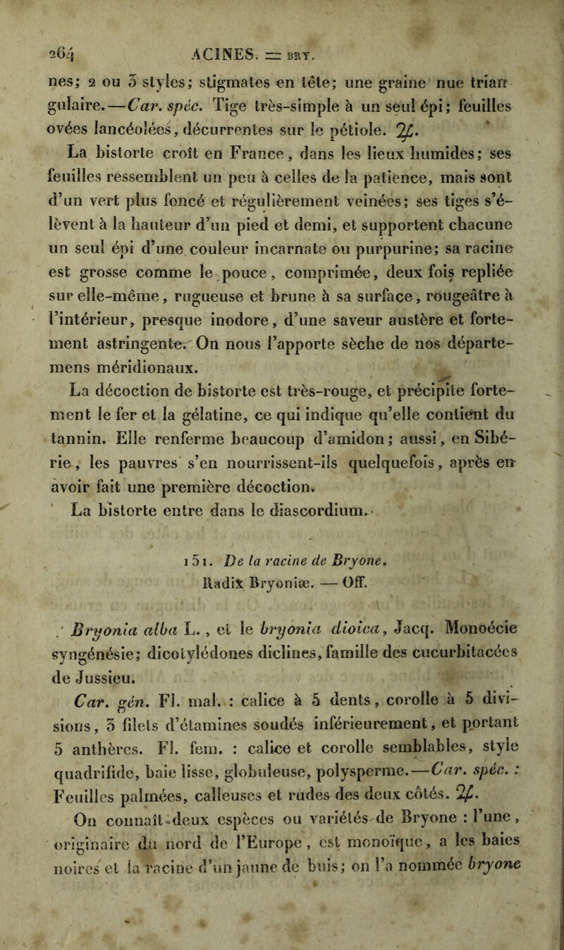 nés; 2 ou 5 styles; stigmates en tête; une graine nue trian gulaire. — Car.spéc. Tige très-simple à un seul épi; feuilles ovées lancéolées, décurrentes sur le pétiole. l2fJ. La historié croît en France, dans les lieux humides; ses feuilles ressemblent un peu à celles de la patience, mais sont d’un vert plus foncé et régulièrement veinées; ses tiges s’é- lèvent à la hauteur d’un pied et demi, et supportent chacune un seul épi d’une couleur incarnate ou purpurine; sa racine est grosse comme le pouce, comprimée, deux fois repliée sur elle-même, rugueuse et brune à sa surface, rougeâtre a l’intérieur, presque inodore, d’une saveur austère et forte- ment astringentes On nous l’apporte sèche de nos départe- mens méridionaux. La décoction de bistorte est très-rouge, et précipite forte- ment le fer et la gélatine, ce qui indique qu’elle contient du tannin. Elle renferme beaucoup d’amidon ; aussi, en Sibé- rie , les pauvres s’en nourrissent-ils quelquefois, après err avoir fait une première décoction. La bistorte entre dans le diascordium. 1 51. De la racine de Bryone. ItadiX Bryoniæ. — Off. Brvonia alba L. , et le bryonia dioica, Jacq. Monoécie syngénésie; dicotylédones diclines, famille des cucurbitacécs de Jussieu. Car. gé?i. Fl. mal. : calice à 5 dents, corolle à 5 divi- sions, 5 filets d’étamines soudés inférieurement, et portant 5 anthères. FJ. fem. : caliee et corolle semblables, style quadrifide, baie lisse, globuleuse, polysperme.—Car. spéc. : Feuilles palmées, calleuses et rudes des deux cotés. On connaît deux espèces ou variétés de Bryone : l’une, originaire du nord de l’Europe , est monoïque, a les baies noires et la racine d’un jaune de buis; on l’a nommée bryone