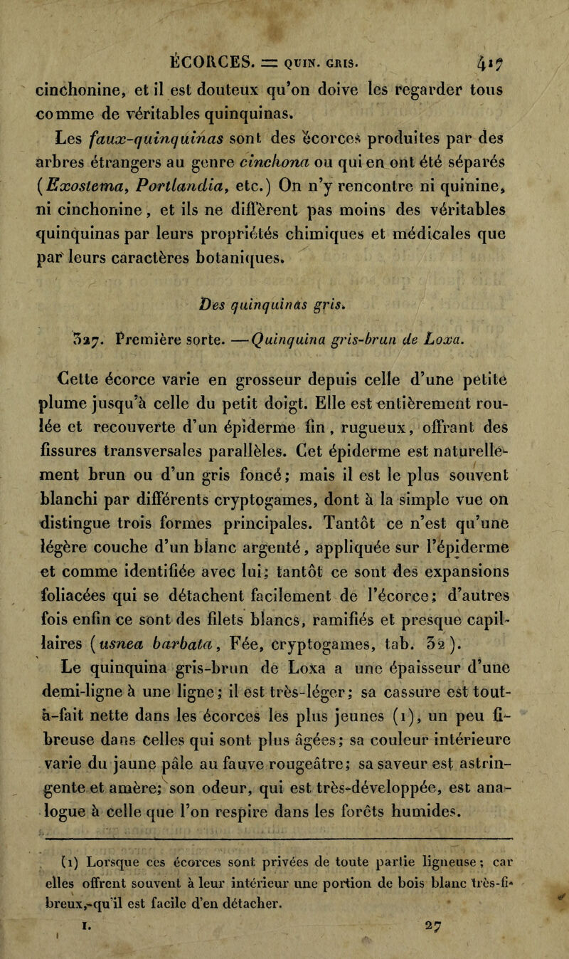 cinchonine, et il est douteux qu’on doive les regarder tous comme de véritables quinquinas. Les faux-quinquinas sont des écorces produites par des arbres étrangers au genre cinckona ou qui en ont été séparés (Exostema, Porüandia, etc.) On n’y rencontre ni quinine» ni cinchonine, et ils ne diffèrent pas moins des véritables quinquinas par leurs propriétés chimiques et médicales que par' leurs caractères botaniques. Des quinquinâs gris. 527. Première sorte. —Quinquina gris-brun de Loxa. Cette écorce varie en grosseur depuis celle d’une petite plume jusqu’à celle du petit doigt. Elle est entièrement rou- lée et recouverte d’un épiderme fin, rugueux, offrant des fissures transversales parallèles. Cet épiderme est naturelle- ment brun ou d’un gris foncé; mais il est le plus souvent blanchi par différents cryptogames, dont à la simple vue on distingue trois formes principales. Tantôt ce n’est qu’une légère couche d’un blanc argenté, appliquée sur l’épiderme et comme identifiée avec lui; tantôt ce sont des expansions foliacées qui se détachent facilement de l’écorce; d’autres fois enfin ce sont des filets blancs, ramifiés et presque capil- laires ( usnea barbata, Fée, cryptogames, tab. 5a). Le quinquina gris-brun de Loxa a une épaisseur d’une demi-ligne à une ligne; il est très-léger; sa cassure est tout- à-fait nette dans les écorces les plus jeunes (1), un peu fi- breuse dans celles qui sont plus âgées; sa couleur intérieure varie du jaune pâle au fauve rougeâtre; sa saveur est astrin- gente et amère; son odeur, qui est très-développée, est ana- logue à celle que l’on respire dans les forêts humides. (1) Lorsque ces écorces sont privées de toute partie ligneuse; car elles offrent souvent à leur intérieur une portion de bois blanc très-fi» breux,-qu’il est facile d’en détacher. 1. 27