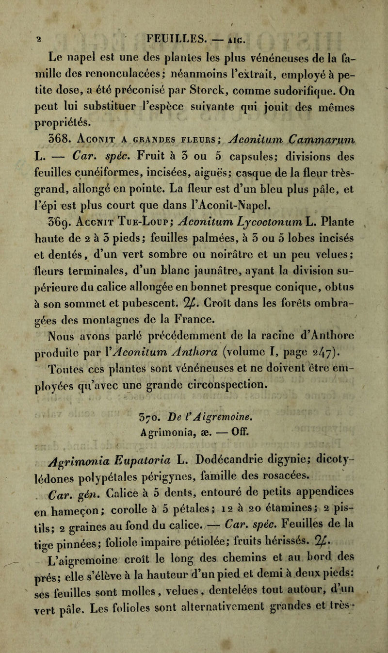 Le napel est une des piaules les plus vénéneuses de la fa- mille des renonculacées; néanmoins l’extrait, employé à pe- tite dose, a été préconisé par Storck, comme sudorifique. On peut lui substituer l’espèce suivante qui jouit des mêmes propriétés. 368. Aconit a grandes fleurs ; Aconilum Cammarum L. — Car. spèc. Fruit à 3 ou 5 capsules; divisions des feuilles cunéiformes, incisées, aiguës; casque de la fleur très- grand, allongé en pointe. La fleur est d’un bleu plus pâle, et l’épi est plus court que dans l’Aconit-Napel. 369. Accnit Tue-Loup; Aconilum Lycoctonurnh. Plante haute de 2 à 3 pieds; feuilles palmées, à 3 ou 5 lobes incisés et dentés, d’un vert sombre ou noirâtre et un peu velues; fleurs terminales, d’un blanc jaunâtre, ayant la division su- périeure du calice allongée en bonnet presque conique, obtus à son sommet et pubescent. %. Croît dans les forêts ombra- gées des montagnes de la France. Nous avons parlé précédemment de la racine d’Anthore produite par Y Aconilum Anthora (volume I, page 247). Toutes ces plantes sont vénéneuses et ne doivent être em- ployées qu’avec une grande circonspection. 570. De l’Aigremoine. Agrimonia, æ. —Off. Agrimonia Eupatoria L. Dodécandrie digynie; dicoty- lédones polypétales périgynes, famille des rosacées. Car. gèn. Calice à 5 dents, entouré de petits appendices en hameçon; corolle 5 5 pétales; 12 à 20 étamines; 2 pis- tils; 2 graines au fond du calice. — Car. spèc. Feuilles de la tige pinnées; foliole impaire pétiolée; fruits hérissés. %. L’aigremoine croît le long des chemins et au bord des prés; elle s’élève à la hauteur d’un pied et demi à deux pieds: ses feuilles sont molles, velues, dentelées tout autour, d’un vert pâle. Les folioles sont alternativement grandes et très-