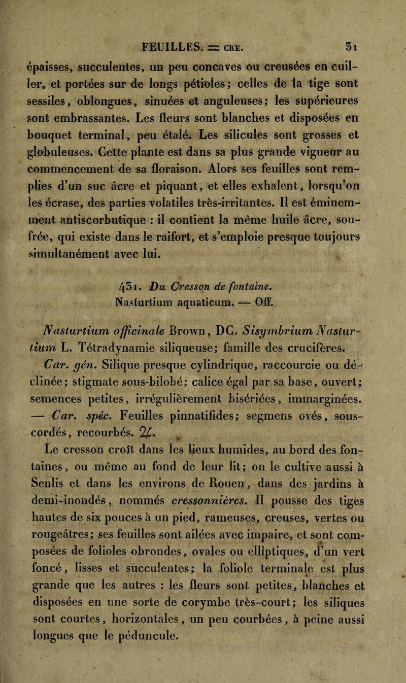 épaisses, succulentes, un peu concaves ou creusées en cuil- ler, et portées sur de longs pétioles ; celles de la tige sont sessiles, oblongues, sinuées et anguleuses; les supérieures sont embrassantes. Les fleurs sont blanches et disposées en bouquet terminal, peu étalé. Les silicules sont grosses et globuleuses. Cette plante est dans sa plus grande vigueur au commencement de sa floraison. Alors ses feuilles sont rem- plies d’un suc âcre et piquant, et elles exhalent, lorsqu’on les écrase, des parties volatiles très-irritantes. Il est éminem- ment antiscorbutique : il contient la même huile âcre, sou- frée, qui existe dans le raifort, et s’emploie presque toujours simultanément avec lui. 43i. Du Cresson de fontaine. Nasturtiuiïi aquaticum. — Off. Naslurtium officinale Brown, DC. Sisymbrium Naslur- lium L. Tétradynamie siliqueuse; famille des crucifères. Car. gén. Silique presque cylindrique, raccourcie ou dé-' clinée; stigmate sous-bilobé; calice égal par sa base, ouvert; semences petites, irrégulièrement bisériées, immarginées. — Car. spéc. Feuilles pinnatifides ; segmens ovés, sous- cordés, recourbés. îfc. Le cresson croît dans les lieux humides, au bord des fon- taines, ou même au fond de leur lit; on le cultive aussi à Senlis et dans les environs de Rouen, dans des jardins à demi-inondés, nommés cressonnières. Il pousse des tiges hautes de six pouces à un pied, rameuses, creuses, vertes ou rougeâtres; ses feuilles sont ailées avec impaire, et sont copi- posées de folioles obrondes, ovales ou elliptiques, d’un vert foncé, lisses et succulentes; la foliole terminale est plus grande que les autres : les fleurs sont petites, blanches et disposées en une sorte de corymbe très-court ; les siliques sont courtes, horizontales, un peu courbées, à peine aussi longues que le péduncule.