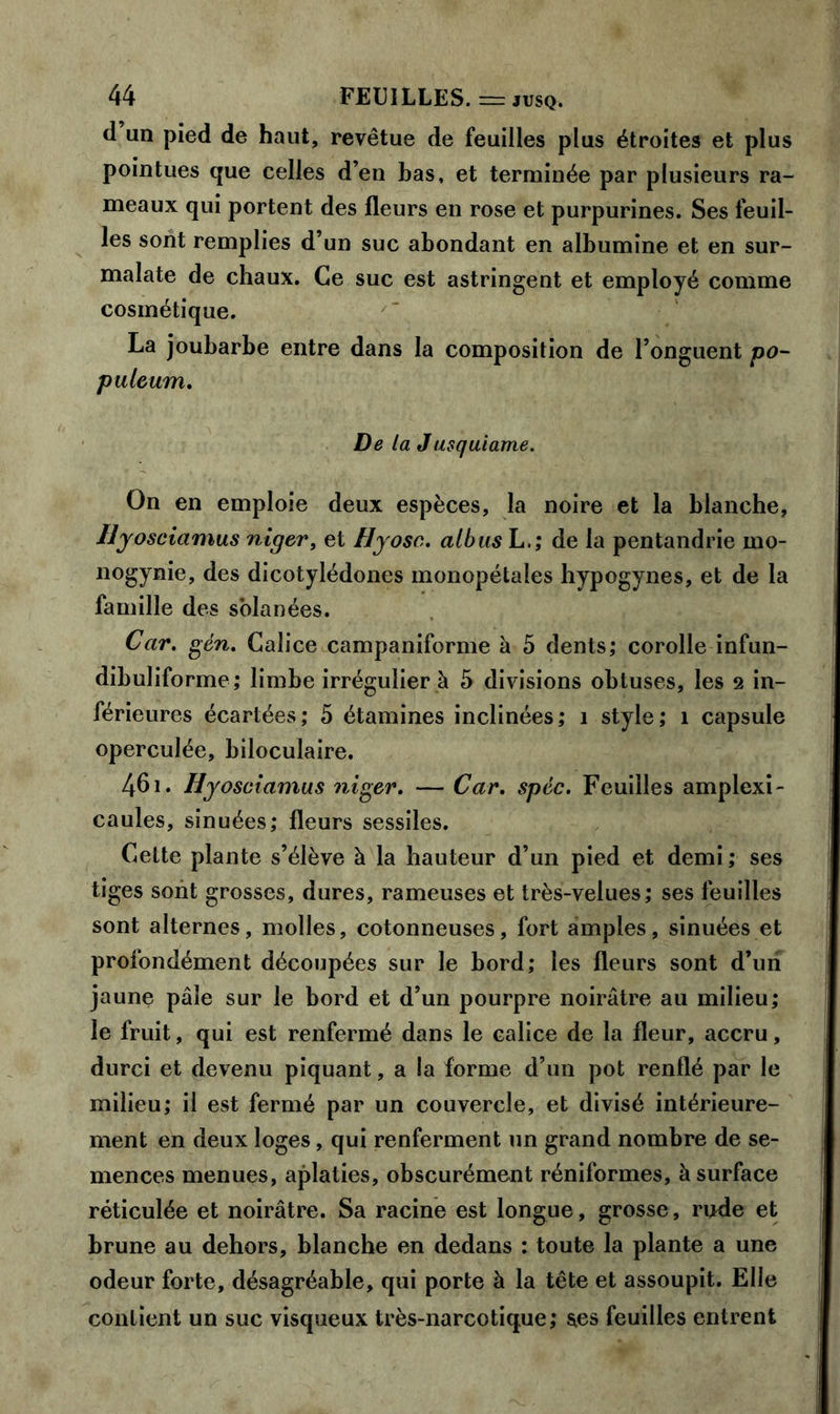 d un pied de haut, revêtue de feuilles plus étroites et plus pointues que celles d’en bas, et terminée par plusieurs ra- meaux qui portent des fleurs en rose et purpurines. Ses feuil- les sont remplies d’un suc abondant en albumine et en sur- malate de chaux. Ce suc est astringent et employé comme cosmétique. La joubarbe entre dans la composition de l’onguent po- puleum. De la Jusquiame. On en emploie deux espèces, la noire et la blanche, IJyosciamus niger, et Hyosc. albus L.; de la pentandrie mo- nogynie, des dicotylédones monopétales hypogynes, et de la famille des solanées. Car. gén. Calice campaniforme à 5 dents; corolle infun- dibuliforme; limbe irrégulier à 5 divisions obtuses, les 2 in- férieures écartées; 5 étamines inclinées; î style; î capsule operculée, biloculaire. 46i. Hyosciamus niger. — Car. spêc. Feuilles amplexi- caules, sinuées; fleurs sessiles. Cette plante s’élève à la hauteur d’un pied et demi; ses tiges sont grosses, dures, rameuses et très-velues; ses feuilles sont alternes, molles, cotonneuses, fort amples, sinuées et profondément découpées sur le bord; les fleurs sont d’un jaune pâle sur le bord et d’un pourpre noirâtre au milieu; le fruit, qui est renfermé dans le calice de la fleur, accru, durci et devenu piquant, a la forme d’un pot renflé par le milieu; il est fermé par un couvercle, et divisé intérieure- ment en deux loges, qui renferment un grand nombre de se- mences menues, aplaties, obscurément réniformes, à surface réticulée et noirâtre. Sa racine est longue, grosse, rude et brune au dehors, blanche en dedans : toute la plante a une odeur forte, désagréable, qui porte à la tête et assoupit. Elle contient un suc visqueux très-narcotique; ses feuilles entrent