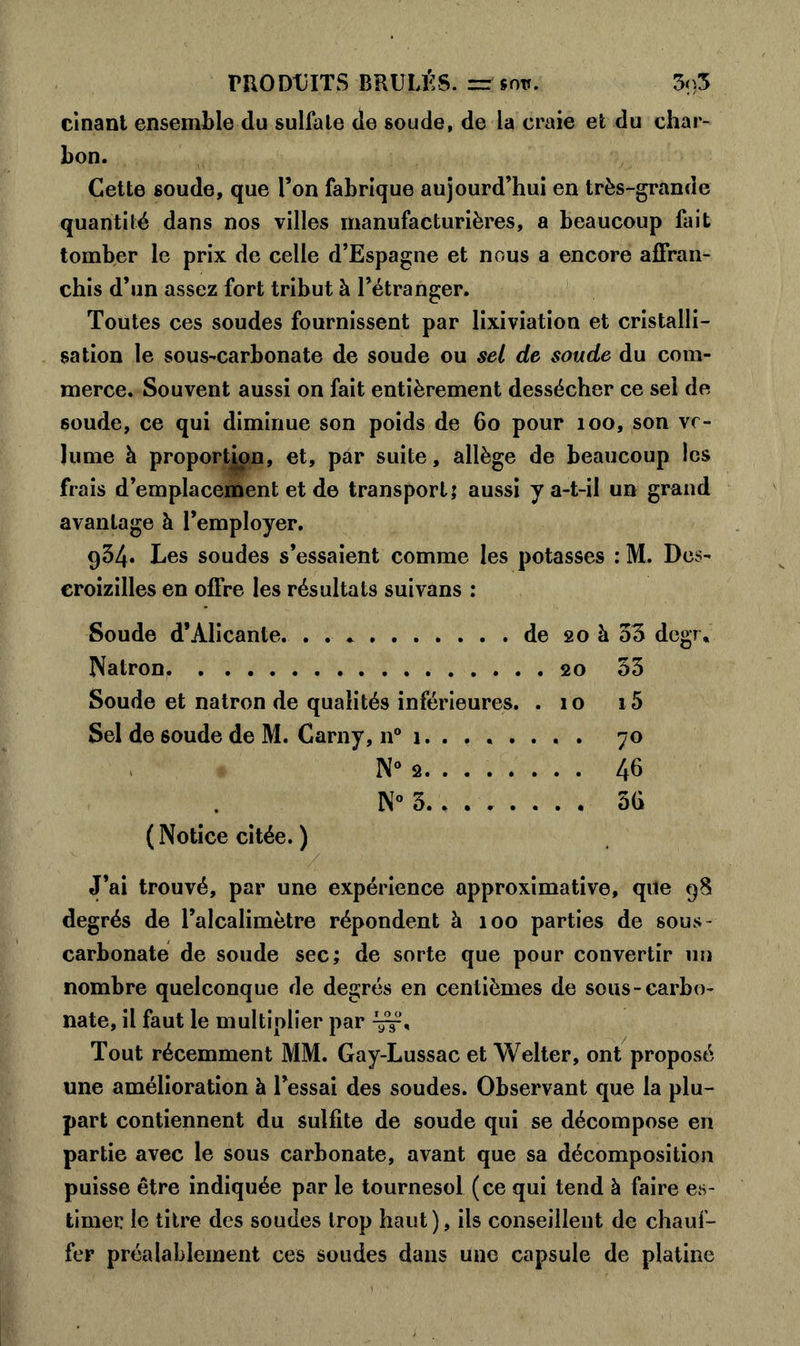 cinant ensemble du sulfate de soude, de la craie et du char- bon. Cette soude, que l’on fabrique aujourd’hui en très-grande quantité dans nos villes manufacturières, a beaucoup fait tomber le prix de celle d’Espagne et nous a encore affran- chis d’un assez fort tribut à l’étranger. Toutes ces soudes fournissent par lixiviation et cristalli- sation le sous-carbonate de soude ou sel de soude du com- merce. Souvent aussi on fait entièrement dessécher ce sel de soude, ce qui diminue son poids de 60 pour 100, son vo- lume à proportion, et, par suite, allège de beaucoup les frais d’emplacement et de transport; aussi y a-t-il un grand avantage à l’employer. 934. Les soudes s’essaient comme les potasses : M. Des- eroizilles en offre les résultats suivans : Soude d’Alicante. . . de go à 33 degr. Natron. 20 53 Soude et natron de qualités inférieures. .10 i 5 Sel de ôoude de M. Carny, n° 1. ...... . 70 N° 2 46 N° 3.. 5G ( Notice citée. ) J’ai trouvé, par une expérience approximative, que 98 degrés de l’alcalimètre répondent à 100 parties de sous- carbonate de soude sec; de sorte que pour convertir un nombre quelconque de degrés en centièmes de sous-carbo- nate, il faut le multiplier par Tout récemment MM. Gay-Lussac et Welter, ont proposé une amélioration à l’essai des soudes. Observant que la plu- part contiennent du sulfite de soude qui se décompose en partie avec le sous carbonate, avant que sa décomposition puisse être indiquée par le tournesol (ce qui tend à faire es- timer le titre des soudes trop haut), ils conseillent de chauf- fer préalablement ces soudes dans une capsule de platine