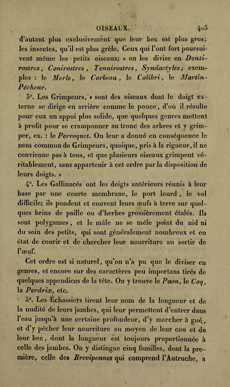 d’autant plus exclusivement que leur bec est plus gros; les insectes, qu’il est plus grêle. Ceux qui l’ont fort poursui- vent même les petits oiseaux; » on les divise en Denti- rostres, Conirostres 9 Tenuirostres, Syndactyles ; exem- ples : le Merle, le Corbeau , le Colibri, le Martin- Pêcheur. 3°. Les Grimpeurs, ® sont des oiseaux dont le doigt ex- terne se dirige en arrière comme le pouce, d’où il résulte pour eux un appui plus solide, que quelques genres mettent à profit pour se cramponner au tronc des arbres et y grim- per, ex. : le Perroquet. On leur a donné en conséquence le nom commun de Grimpeurs, quoique, pris à la rigueur, il ne convienne pas à tous, et que plusieurs oiseaux grimpent vé- ritablement, sans appartenir à cet ordre parla disposition de leurs doigts. » 4°. Les Gallinacés ont les doigts antérieurs réunis à leur base par une courte membrane, le port lôurd , le vol difficile; ils pondent et couvent leurs œufs à terre sur quel- ques brins de paille ou d’herbes grossièrement étalés. Ils sont polygames, et le mâle ne se mêle point du nid ni du soin des petits, qui sont généralement nombreux et en état de courir et de chercher leur nourriture au sortir de F œuf. Cet ordre est si naturel, qu’on n’a pu que le diviser en genres, et encore sur des caractères peu importans tirés de quelques appendices de la tête. On y trouve le Paon, le Coq, la Perdrix, etc. 5°. Les Echassiers tirent leur nom de la longueur et de la nudité de leurs jambes, qui leur permettent d’entrer dans l’eau jusqu’à une certaine profondeur, d’y marcher à gué4, et d’y pêcher leur nourriture au moyen de leur cou et de leur bec, dont la longueur est toujours proportionnée à celle des jambes. On y distingue cinq familles, dont la pre- mière, celle des Brèvipennes qui comprend l’Autruche, a