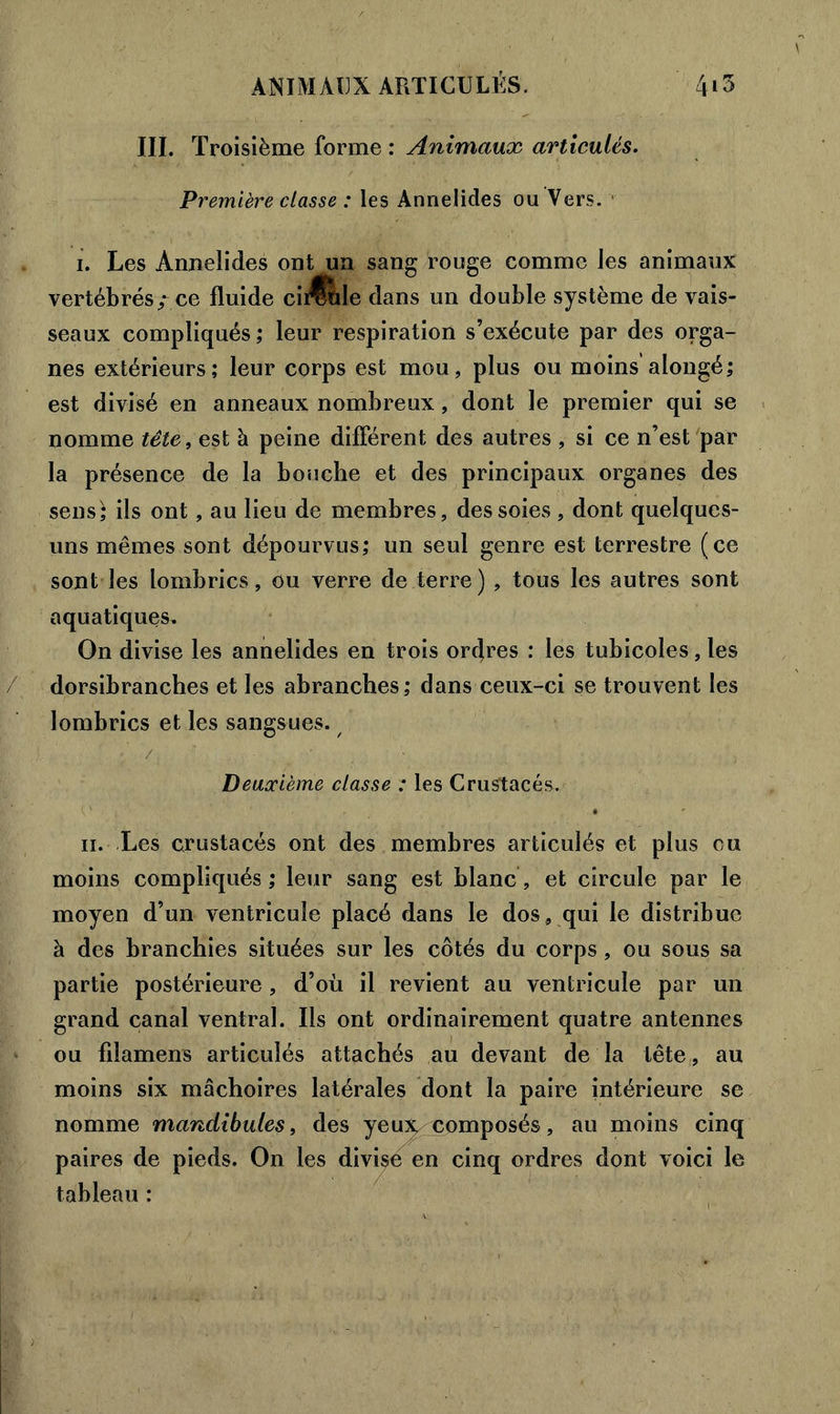 III. Troisième forme : Animaux articulés. Première classe : les Annelides ou Vers. ■ i. Les Annelides ont un sang rouge comme les animaux vertébrés,- ce fluide cii^de dans un double système de vais- seaux compliqués ; leur respiration s’exécute par des orga- nes extérieurs; leur corps est mou, plus ou moins alongé; est divisé en anneaux nombreux, dont le premier qui se nomme tête, est à peine différent des autres , si ce n’est par la présence de la bouche et des principaux organes des sens'; ils ont, au lieu de membres, des soies, dont quelques- uns mêmes sont dépourvus; un seul genre est terrestre (ce sont les lombrics, ou verre de terre) , tous les autres sont aquatiques. On divise les annelides en trois ordres : les tubicoles, les dorsibranches et les abranches; dans ceux-ci se trouvent les lombrics et les sangsues. / Deuxième classe : les Crustacés. ii. Les crustacés ont des membres articulés et plus eu moins compliqués; leur sang est blanc, et circule par le moyen d’un ventricule placé dans le dos , qui le distribue à des branchies situées sur les côtés du corps, ou sous sa partie postérieure , d’où il revient au ventricule par un grand canal ventral. Ils ont ordinairement quatre antennes ou filamens articulés attachés au devant de la tête, au moins six mâchoires latérales dont la paire intérieure se nomme mandibules, des yeux composés, au moins cinq paires de pieds. On les divisé en cinq ordres dont voici le tableau :