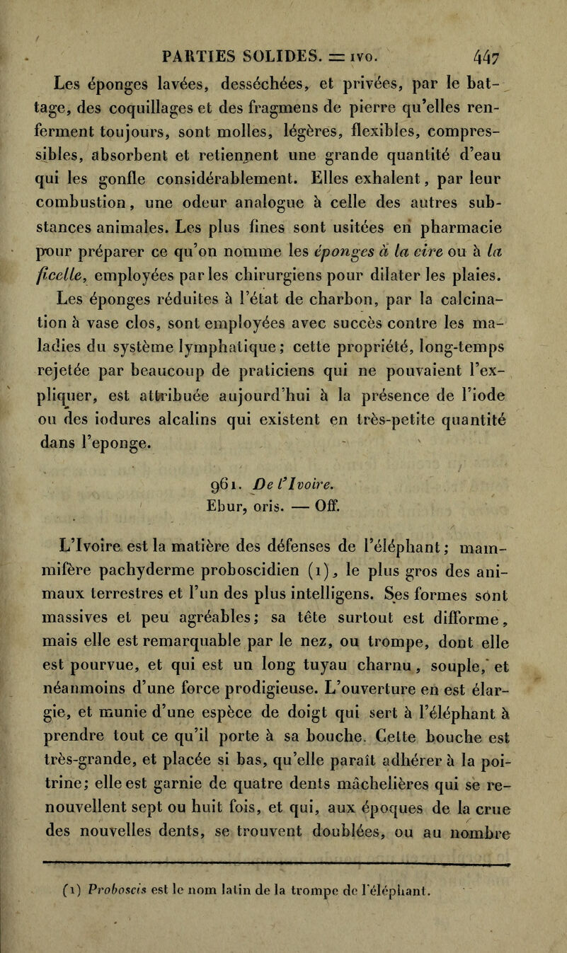 Les éponges lavées, desséchées, et privées, par le bat- tage, des coquillages et des fragmens de pierre qu’elles ren- ferment toujours, sont molles, légères, flexibles, compres- sibles, absorbent et retiennent une grande quantité d’eau qui les gonfle considérablement. Elles exhalent, par leur combustion, une odeur analogue à celle des autres sub- stances animales. Les plus fines sont usitées en pharmacie pour préparer ce qu’on nomme les éponges à la cire ou à la ficelle, employées parles chirurgiens pour dilater les plaies. Les éponges réduites à l’état de charbon, par la calcina- tion à vase clos, sont employées avec succès contre les ma- ladies du système lymphatique; cette propriété, long-temps rejetée par beaucoup de praticiens qui ne pouvaient l’ex- pliquer, est attribuée aujourd’hui à la présence de l’iode ou des iodures alcalins qui existent en très-petite quantité dans l’eponge. 961. De l’Ivoire. Ebur, oris. — Off. L’Ivoire est la matière des défenses de l’éléphant; mam- mifère pachyderme proboscidien (i)„ le plus gros des ani- maux terrestres et l’un des plus intelligens. Ses formes sônt massives et peu agréables; sa tête surtout est difforme, mais elle est remarquable par le nez, ou trompe, dont elle est pourvue, et qui est un long tuyau charnu, souple,' et néanmoins d’une force prodigieuse. L’ouverture en est élar- gie, et munie d’une espèce de doigt qui sert à l’éléphant à prendre tout ce qu’il porte à sa bouche. Celte bouche est très-grande, et placée si bas, qu’elle paraît adhérer à la poi- trine; elle est garnie de quatre dents mâchelières qui se re- nouvellent sept ou huit fois, et qui, aux époques de la crue des nouvelles dents, se trouvent doublées, ou au nombre fi) Proboscis est le nom latin de la trompe de l’éléphant.