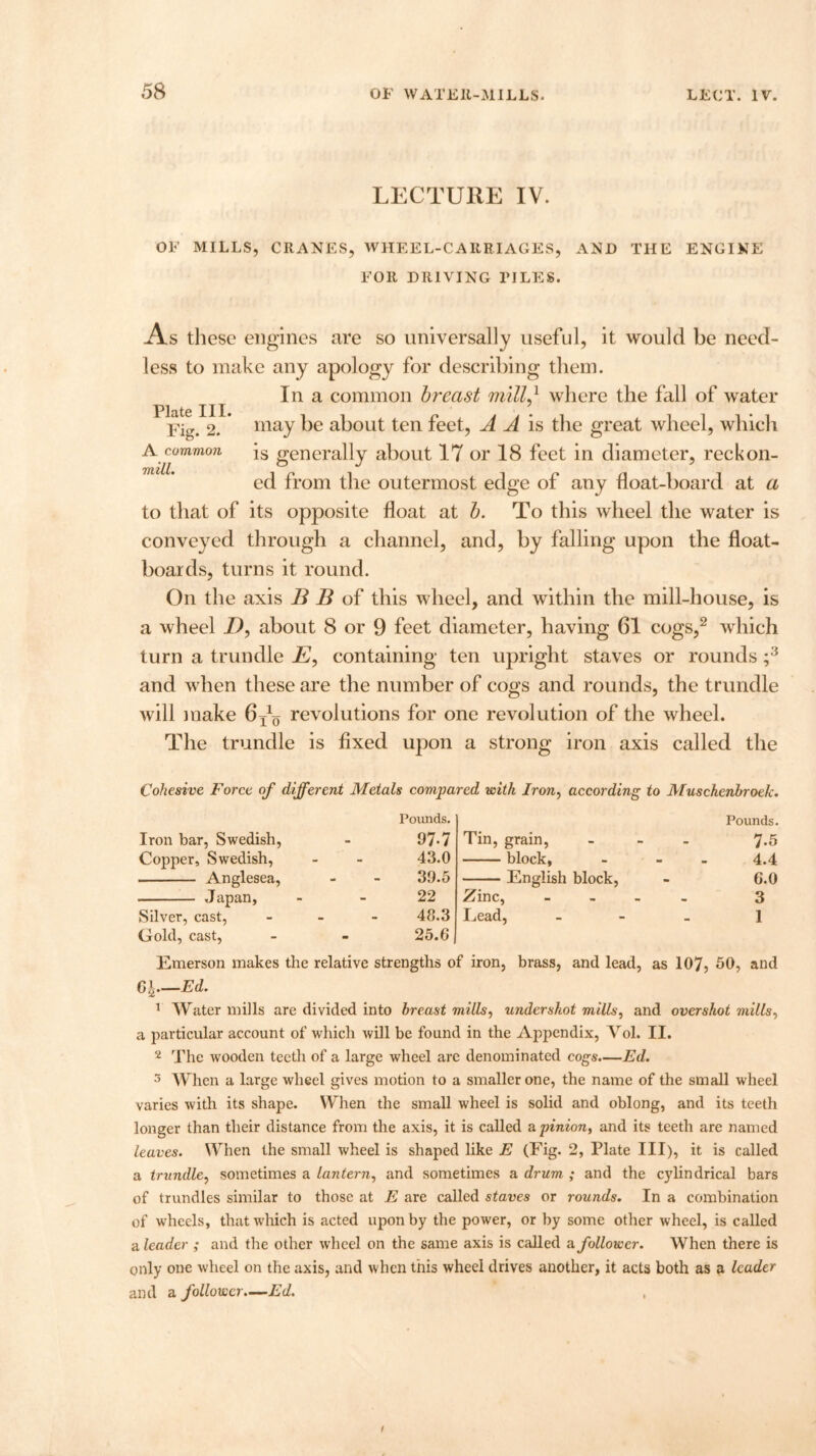 LECTURE IV. OF MILLS, CRANES, WHEEL-CARRIAGES, AND THE ENGINE FOR DRIVING TILES. As these engines are so universally useful, it would be need- less to make any apology for describing them. In a common breast milld where the fall of water Plate III. . Fig. 2. * may be about ten feet, A A is the great wheel, which A common is generally about 17 or 18 feet in diameter, reckon- ed from the outermost edge of any float-board at a to that of its opposite float at b. To this wheel the water is conveyed through a channel, and, by falling upon the float- boards, turns it round. On the axis B B of this wheel, and within the mill-house, is a wheel D, about 8 or 9 feet diameter, having 61 cogs,2 which turn a trundle E, containing ten upright staves or rounds ;3 and when these are the number of cogs and rounds, the trundle will make 6^ revolutions for one revolution of the wheel. The trundle is fixed upon a strong iron axis called the Cohesive Force of different Metals compared with Iron, according to Musckenbroek. Pounds. Iron bar, Swedish, - 97*7 Copper, Swedish, - - 43.0 Anglesea, - - 39.5 Japan, 22 Silver, cast, - 48.3 Gold, cast, - - 25.6 Pounds. Tin, grain, - 7-5 block, - - 4.4 English block, 6.0 Zinc, - 3 Lead, - 1 Emerson makes the relative strengths of iron, brass, and lead, as 107, 50, and Gi Ed. 1 Water mills are divided into breast mills, undershot mills, and overshot mills, a particular account of which will be found in the Appendix, Vol. II. 2 The wooden teeth of a large wheel arc denominated cogs.—Ed. 5 When a large wheel gives motion to a smaller one, the name of the small wheel varies with its shape. When the small wheel is solid and oblong, and its teeth longer than their distance from the axis, it is called a pinion, and its teeth are named leaves. When the small wheel is shaped like E (Fig. 2, Plate III), it is called a trundle, sometimes a lantern, and sometimes a drum ; and the cylindrical bars of trundles similar to those at E are called staves or rounds. In a combination of wheels, that-which is acted upon by the power, or by some other wheel, is called a leader ; and the other wheel on the same axis is called a follower. When there is only one wheel on the axis, and when this wheel drives another, it acts both as a leader and a follower.—Ed. ,