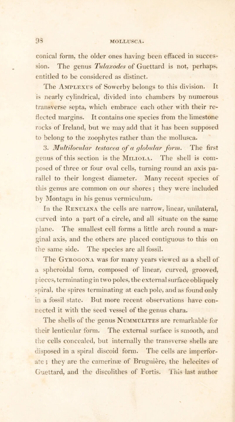 conical form, the older ones having been effaced in succes- sion. The genus Tulaxodes of Guettard is not, perhaps, entitled to be considered as distinct. The Amplexus of Sowerby belongs to this division. It is nearly cylindrical, divided into chambers by numerous transverse septa, which embrace each other with their re- flected margins. It contains one species from the limestone rocks of Ireland, but we may add that it has been supposed to belong to the zoophytes rather than the mollusca. 3. Multi locular testacea of a globular form. The first genus of this section is the Milioea. The shell is com- posed of three or four oval cells, turning round an axis pa- rallel to their longest diameter. Many recent species of this genus are common on our shores; they were included by Montagu in his genus vermiculum. In the Renulina the cells are narrow, linear, unilateral, curved into a part of a circle, and all situate on the same plane. The smallest cell forms a little arch round a mar- ginal axis, and the others are placed contiguous to this on the same side. The species are all fossil. The Gyrogona was for many years viewed as a shell of a spheroidal form, composed of linear, curved, grooved, pieces, terminating in two poles, the external surface obliquely spiral, the spires terminating at each pole, and as found only in a fossil state. But more recent observations have con- nected it with the seed vessel of the genus chara. The shells of the genus Nummulites are remarkable for their lenticular form. The external surface is smooth, and the cells concealed, but internally the transverse shells are disposed in a spiral discoid form. The cells are imperfor- ate ; they are the camerinac of Bruguiere, the helecites of Guettard, and the discolithes of Fortis. Tins last author