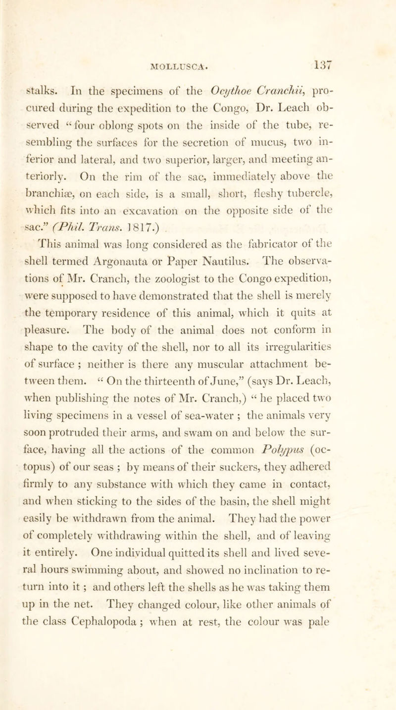 stalks. In the specimens of the Ocythoe Cranchii, pro- cured during the expedition to the Congo, Dr. Leach ob- served “ four oblong spots on the inside of the tube, re- sembling the surfaces for the secretion of mucus, two in- ferior and lateral, and two superior, larger, and meeting an- teriorly. On the rim of the sac, immediately above the branchiae, on each side, is a small, short, fleshy tubercle, which fits into an excavation on the opposite side ot the sac.” (Phil. Trans. 1817.) This animal was long considered as the fabricator of the shell termed Argonauta or Paper Nautilus. The observa- tions of Mr. Cranch, the zoologist to the Congo expedition, were supposed to have demonstrated that the shell is merely the temporary residence of this animal, which it quits at pleasure. The body of the animal does not conform in shape to the cavity of the shell, nor to all its irregularities of surface ; neither is there any muscular attachment be- tween them. “ On the thirteenth of June,” (says Dr. Leach, when publishing the notes of Mr. Cranch,) “ he placed two living specimens in a vessel of sea-water ; the animals very soon protruded their arms, and swam on and below the sur- face, having all the actions of the common Polypus (oc- topus) of our seas ; by means of their suckers, they adhered firmly to any substance with which they came in contact, and when sticking to the sides of the basin, the shell might easily be withdrawn from the animal. They had the power of completely withdrawing within the shell, and of leaving it entirely. One individual quitted its shell and lived seve- ral hours swimming about, and showed no inclination to re- turn into it ; and others left the shells as he was taking them up in the net. They changed colour, like other animals of the class Cephalopoda ; when at rest, the colour was pale