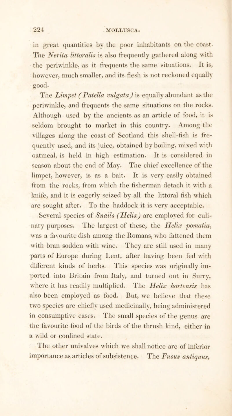 in great quantities by the poor inhabitants on the coast. The Neriia littoralis is also frequently gathered along with the periwinkle, as it frequents the same situations. It is, however, much smaller, and its flesh is not reckoned equally good. The Limpet (Patella vulgata) is equally abundant as the periwinkle, and frequents the same situations on the rocks. Although used by the ancients as an article of food, it is seldom brought to market in this country. Among the villages along the coast of Scotland this shell-fish is fre- quently used, and its juice, obtained by boiling, mixed with oatmeal, is held in high estimation. It is considered in season about the end of May. The chief excellence of the limpet, however, is as a bait. It is very easily obtained from the rocks, from which the fisherman detach it with a knife, and it is eagerly seized by all the littoral fish which are sought after. To the haddock it is very acceptable. Several species of Snails (Helix) are employed for culi- nary purposes. The largest of these, the Helix pomatia, was a favourite dish among the Romans, who fattened them with bran sodden with wine. They are still used in many parts of Europe during Lent, after having been fed with different kinds of herbs. This species was originally im- ported into Britain from Italy, and turned out in Surry, where it has readily multiplied. The Helix hortensis has also been employed as food. But, we believe that these two species are chiefly used medicinally, being administered in consumptive cases. The small species of the genus are the favourite food of the birds of the thrush kind, either in a wild or confined state. The other univalves which we shall notice are of inferior importance as articles of subsistence. The Fusus antiqnus,