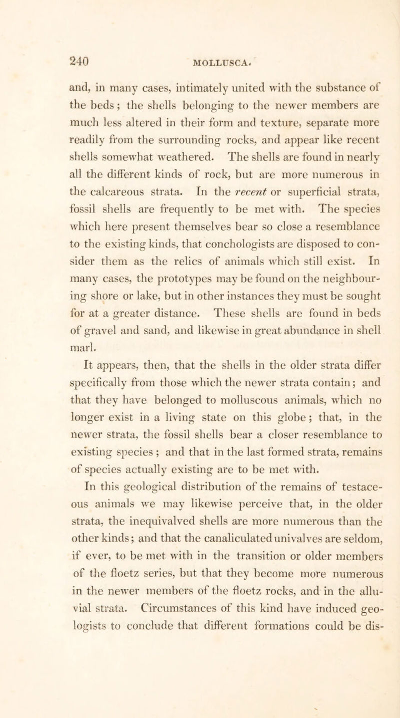 and, in many cases, intimately united with the substance of the beds; the shells belonging to the newer members are much less altered in their form and texture, separate more readily from the surrounding rocks, and appear like recent shells somewhat weathered. The shells are found in nearly all the different kinds of rock, but are more numerous in the calcareous strata. In the recent or superficial strata, fossil shells are frequently to be met with. The species which here present themselves bear so close a resemblance to the existing kinds, that conchologists are disposed to con- sider them as the relics of animals which still exist. In many cases, the prototypes may be found on the neighbour- ing shore or lake, but in other instances they must be sought for at a greater distance. These shells are found in beds of gravel and sand, and likewise in great abundance in shell marl. It appears, then, that the shells in the older strata differ specifically from those which the newer strata contain; and that they have belonged to molluscous animals, which no longer exist in a living state on this globe; that, in the newer strata, the fossil shells bear a closer resemblance to existing species ; and that in the last formed strata, remains of species actually existing are to be met with. In this geological distribution of the remains of testace- ous animals we may likewise perceive that, in the older strata, the inequivalved shells are more numerous than the other kinds; and that the canaliculatedunivalves are seldom, if ever, to be met with in the transition or older members of the floetz series, but that they become more numerous in the newer members of the floetz rocks, and in the allu- vial strata. Circumstances of this kind have induced geo- logists to conclude that different formations could be dis-