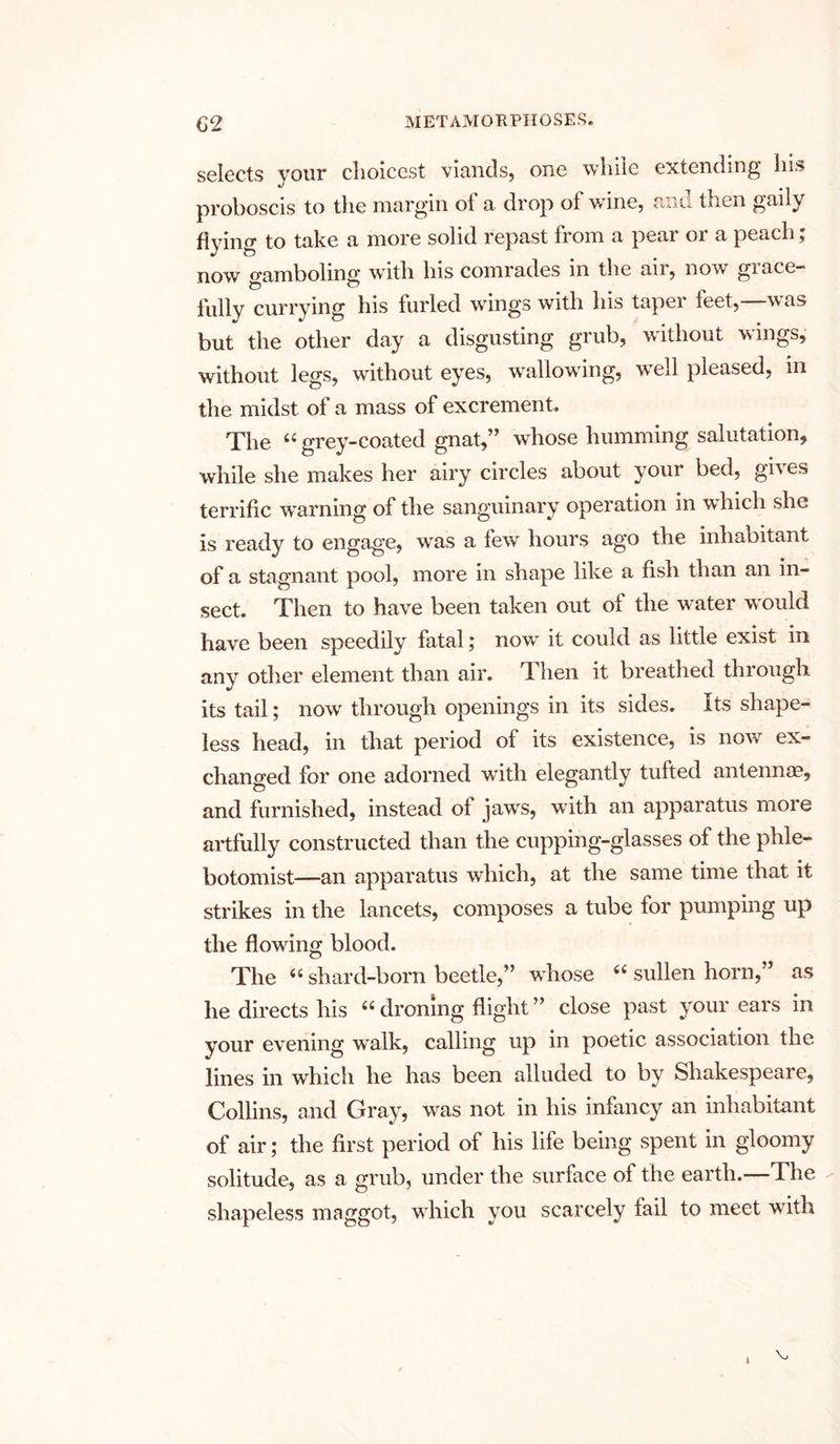 selects your choicest viands, one while extending his proboscis to the margin ot a drop ol wine, and then gaily flying to take a more solid repast from a pear or a peach; now o-ambolmg with his comrades in the air, now giace- fully currying his furled wings with his taper leet, was but the other day a disgusting grub, without wings, without legs, without eyes, wallowing, well pleased, m the midst of a mass of excrement. The “ grey-coated gnat,” whose humming salutation, while she makes her airy circles about your bed, gives terrific warning of the sanguinary operation in which she is ready to engage, was a few hours ago the inhabitant of a stagnant pool, more in shape like a fish than an in- sect. Then to have been taken out ol the w'ater would have been speedily fatal; now' it could as little exist in any other element than air. Then it breathed through its tail; now through openings in its sides. Its shape- less head, in that period of its existence, is now ex- changed for one adorned with elegantly tufted antennae, and furnished, instead of jawrs, with an apparatus more artfully constructed than the cupping-glasses of the phle- botomist—an apparatus which, at the same time that it strikes in the lancets, composes a tube for pumping up the flowing blood. The 66 shard-born beetle,” whose 66 sullen horn,” as he directs his “ droning flight ” close past your ears in your evening w'alk, calling up in poetic association the lines in which he has been alluded to by Shakespeare, Collins, and Gray, was not in his infancy an inhabitant of air; the first period of his life being spent in gloomy solitude, as a grub, under the surface of the earth.—The shapeless maggot, wdiich you scarcely fail to meet with 4
