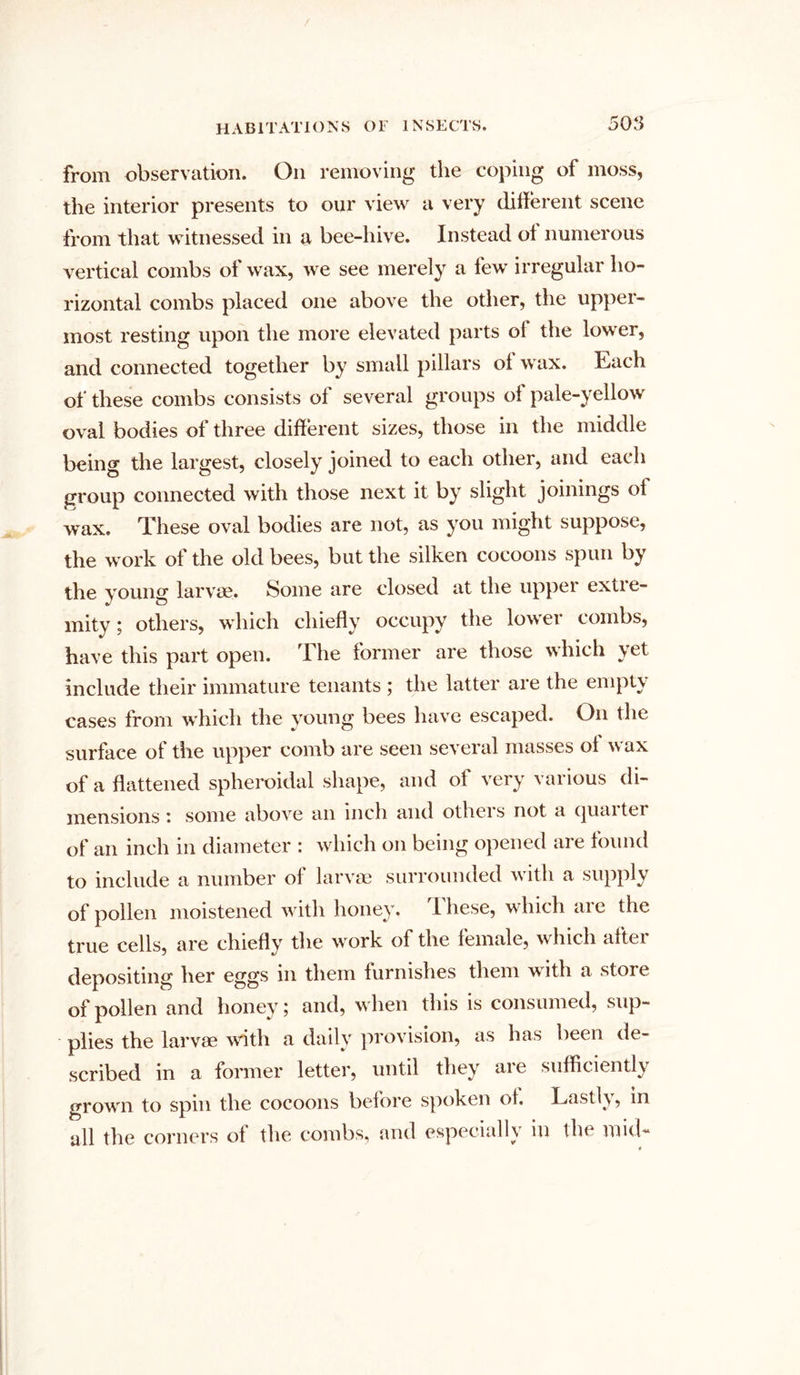 from observation. On removing the coping of moss, the interior presents to our view a very different scene from that witnessed in a bee-hive. Instead ot numerous vertical combs of wax, we see merely a few irregular ho- rizontal combs placed one above the other, the upper- most resting upon the more elevated parts of the lower, and connected together by small pillars ol wax. Each of these combs consists of several groups of pale-yellow oval bodies of three different sizes, those in the middle being the largest, closely joined to each other, and each group connected with those next it by slight joinings ol wax. These oval bodies are not, as you might suppose, the work of the old bees, but the silken cocoons spun by the young larvae. Some are closed at the upper extre- mity ; others, which chiefly occupy the lower combs, have this part open. The former are those which yet include their immature tenants ; the latter are the empty cases from which the young bees have escaped. On the surface of the upper comb are seen several masses oi wax of a flattened spheroidal shape, and of very various di- mensions i some above an inch and otheis not a (juaiter of an inch in diameter : which on being opened are found to include a number of larvae surrounded with a supply of pollen moistened with honey. I hese, which are the true cells, are chiefly the work of the female, which after depositing her eggs in them furnishes them with a store of pollen and honey; and, when this is consumed, sup- plies the larvae with a daily provision, as has been de- scribed in a former letter, until they ai e sufficiently grown to spin the cocoons before spoken ol. Lastly, in all the corners of the combs, and especially in the mid- t