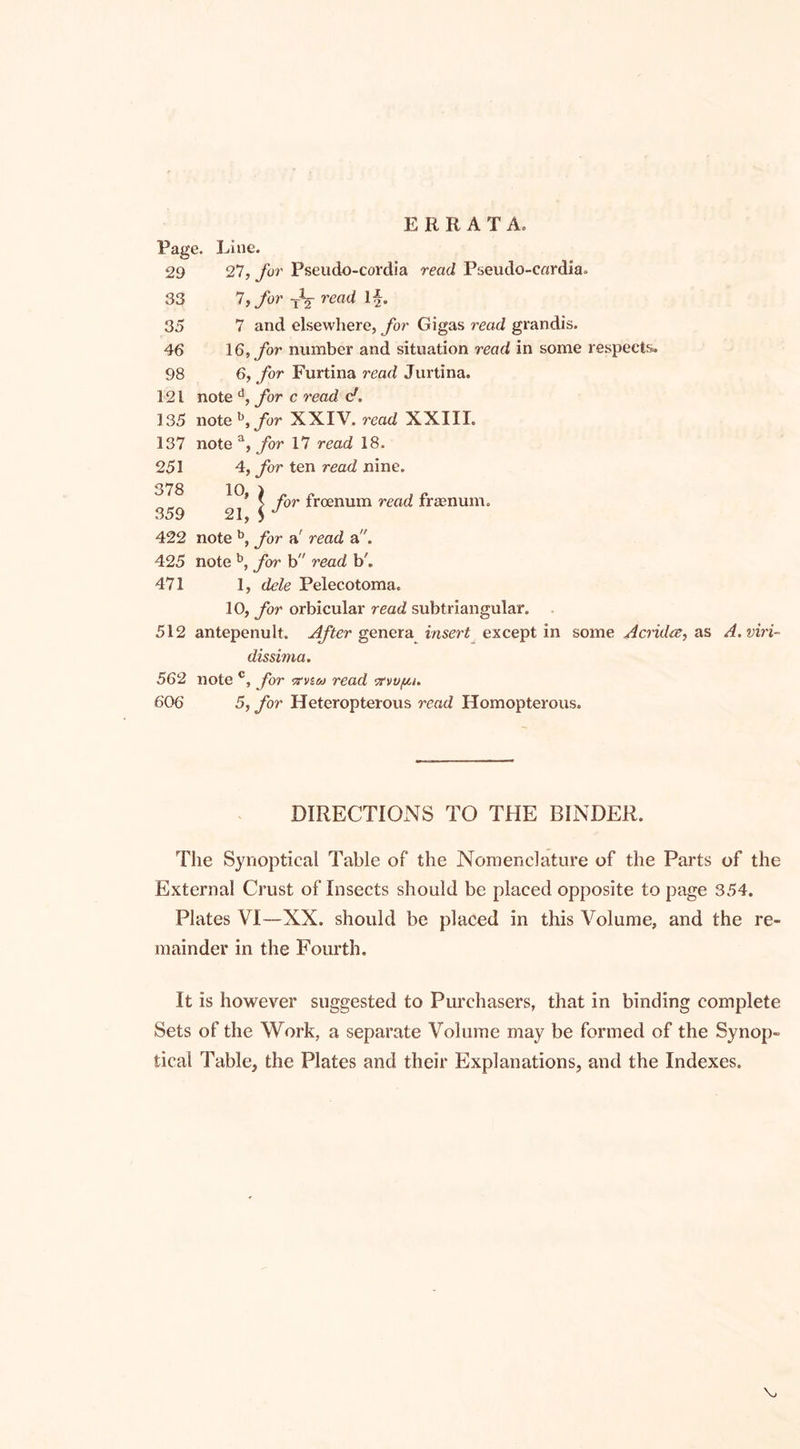 ERRATA. Page. Line. 29 27, for Pseudo-cordia read Pseudo-cardia. 33 35 46 98 7, rl2 read If. 7 and elsewhere, for Gigas read grandis. 16, for number and situation read in some respects. 6, for Furtina read Jurtina. 121 note d, for c read d. 135 note b,for XXIV. read XXIII. 137 note a, for 17 read 18. 251 4, for ten read nine. 378 10, 359 21, for froenum read fraenum. 422 note b, for a' read a. 425 note b, for fa read b'. 471 1, dele Pelecotoma. 10, for orbicular read subtriangular. 512 antepenult. After genera insert except in some Acrida, as A.viri- dissima. 562 note c, for sm« read 7fvv/u,i&gt; 606 5, for Heteropterous read Homopterous. DIRECTIONS TO THE BINDER. The Synoptical Table of the Nomenclature of the Parts of the External Crust of Insects should be placed opposite to page 354. Plates VI—XX. should be placed in this Volume, and the re¬ mainder in the Fourth. It is however suggested to Purchasers, that in binding complete Sets of the Work, a separate Volume may be formed of the Synop¬ tical Table, the Plates and their Explanations, and the Indexes.